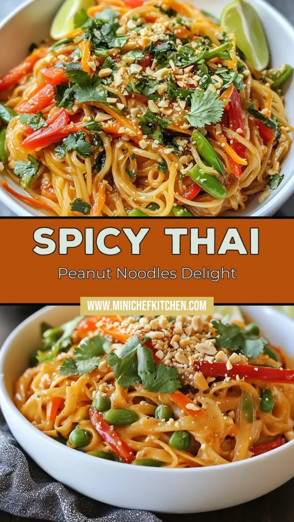 Discover the ultimate Spicy Thai Peanut Noodles, a delicious vegetarian Thai recipe that you can whip up in just 20 minutes! These creamy peanut butter noodles are packed with vibrant veggies like red bell pepper, snap peas, and carrots, making them perfect for those seeking easy noodle dishes. Make mealtime exciting with this flavorful dish that's sure to impress! Click to get the recipe and save for later! #SpicyThaiPeanutNoodles #EasyNoodleDishes #VegetarianRecipes #ThaiNoodleRecipe
