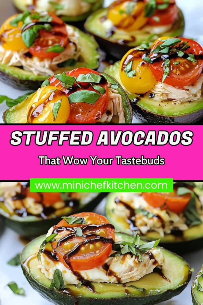 Indulge in a deliciously healthy chicken avocado dish with these Caprese Chicken Stuffed Avocados. Ideal for quick meals, this easy avocado recipe combines shredded chicken, fresh mozzarella, and cherry tomatoes for a vibrant flavor burst. Perfect for dinner or meal prep, these stuffed avocado recipes are not only nutritious but also visually stunning. Bake them for a warm delight! Try this recipe today and enjoy a delightful meal. #CapreseChicken #HealthyRecipes #EasyMeals #StuffedAvocados