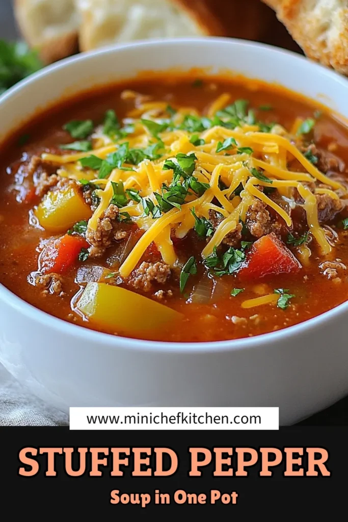 Warm up with this delicious and healthy stuffed pepper soup! Made with ground turkey, colorful bell peppers, and savory spices, this hearty soup recipe is perfect for family dinners or meal prep. Enjoy the flavors of turkey stuffed pepper soup in just 45 minutes. It's nutritious, filling, and easy to make. Don't forget to save this recipe for a cozy night in! #StuffedPepperSoup #HeartySoupRecipes #HealthySoupRecipes #BellPepperSoup