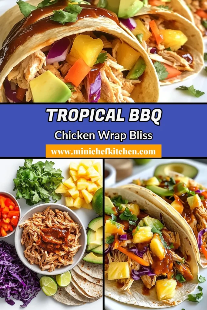 Savor the tropical goodness with these Hawaiian BBQ chicken wraps! This healthy chicken wrap recipe combines tender shredded chicken tossed in sweet Hawaiian BBQ sauce with fresh veggies and juicy pineapple for a burst of flavor. Perfect as an easy Hawaiian chicken recipe, these BBQ chicken tortilla wraps are a delicious meal option any day of the week. Try it today for a taste of the tropics! Save this recipe now! #HawaiianBBQ #ChickenWraps #HealthyRecipe #TropicalFlavors