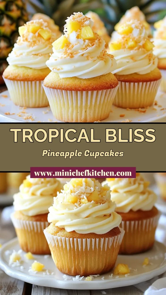 Indulge in a tropical escape with these delightful Pineapple Coconut Cupcakes! This coconut cupcakes recipe combines the sweetness of pineapple desserts with a fluffy texture and optional cream cheese frosting topping. Perfect for parties or a special treat, these tropical cupcake treats are easy to make and sure to impress. Save and share your love for these Pineapple Coconut Cupcakes now! #PineappleCoconutCupcakes #TropicalTreats #CupcakeRecipe #BakingJoy