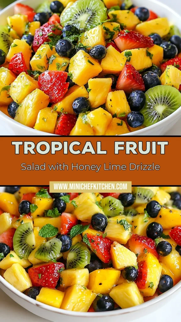 Satisfy your cravings with this refreshing Honey Lime Fruit Salad! This easy tropical fruit salad recipe combines fresh pineapple, mango, strawberries, kiwi, and blueberries, all drizzled with a delightful honey-lime dressing. Perfect for a healthy side dish or snack, this fresh fruit salad with honey is bursting with flavor! Enjoy a healthy tropical salad that's quick to make. Try it today and save for later! #HoneyLimeFruitSalad #TropicalFruitSalad #EasyFruitSalad #HealthyDessert