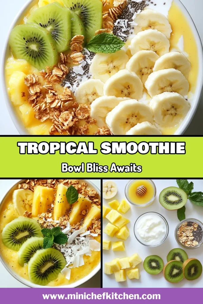 Dive into a tropical paradise with this delicious Pineapple Coconut Smoothie Bowl! Perfect for breakfast, this healthy smoothie bowl recipe blends frozen pineapple, ripe banana, and creamy Greek yogurt for a nutrient-packed treat. Top it off with fresh fruits, crunchy granola, and toasted coconut for a delightful finish. Transform your mornings with this easy tropical smoothie bowl! Save this recipe for your next breakfast! #SmoothieBowl #HealthyBreakfast #TropicalRecipe #PineappleCoconutSmoothie