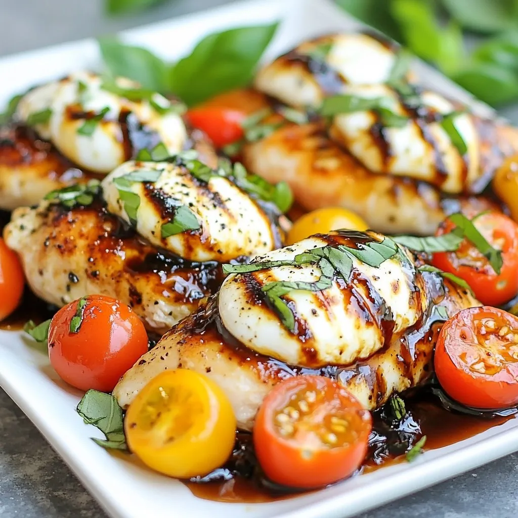 - 4 boneless, skinless chicken breasts - 1 cup cherry tomatoes, halved - 8 oz fresh mozzarella cheese, sliced - 1 cup fresh basil leaves - 1/2 cup balsamic vinegar - 2 tablespoons honey - 2 tablespoons olive oil - 3 cloves garlic, minced - Salt and pepper to taste - Oven-safe skillet - Small saucepan - Measuring cups and spoons - Knife and cutting board To make Balsamic Glazed Caprese Chicken, you need simple and fresh ingredients. The chicken is the star of the dish. Choose good quality, boneless, skinless breasts for the best flavor. The cherry tomatoes add a sweet touch. Fresh mozzarella brings creaminess and pairs well with chicken. Balsamic vinegar is key for the glaze. It adds a tangy flavor that balances the dish. Honey helps to sweeten the glaze and gives it a nice shine. Olive oil is used for cooking the chicken and adds richness. Garlic gives a fragrant kick that enhances the overall taste. When gathering your tools, an oven-safe skillet is important. This will help you move from stovetop to oven easily. A small saucepan is needed for the glaze. Measuring cups and spoons help ensure accuracy in your recipe. A knife and cutting board are essential for prepping your ingredients. Having these ingredients and tools ready makes cooking easier and more fun. You will create a delicious meal that your family will love. {{ingredient_image_2}} Set your oven to 400°F (200°C). Preheating helps cook the chicken evenly. This step is key for a great meal. In a small saucepan, mix 1/2 cup of balsamic vinegar with 2 tablespoons of honey. Cook this over medium heat. Stir it often and let it simmer for about 10 minutes. You want it to thicken a bit. Once it’s done, take it off the heat and let it cool. Heat 2 tablespoons of olive oil in a large, oven-safe skillet over medium-high heat. Season 4 chicken breasts with salt and pepper on both sides. Place the chicken in the hot skillet. Cook for about 5-7 minutes on each side. You want it golden brown and cooked through. When the chicken is golden, add 3 minced garlic cloves to the skillet. Sauté it for one more minute. This makes the garlic fragrant but not burnt. Next, lower the heat and layer 1 cup of halved cherry tomatoes on top of the chicken. Then, add 8 ounces of sliced fresh mozzarella cheese over the tomatoes. Carefully transfer the entire skillet to the preheated oven. Bake for around 15 minutes. You want the mozzarella to melt and bubble. This step makes the dish super yummy. After baking, take the skillet out of the oven. Drizzle the balsamic glaze generously over the chicken and the toppings. Finally, add fresh basil leaves on top. This gives your dish a bright and fresh finish. Enjoy your meal! To make a thick and shiny balsamic glaze, you need the right heat and timing. Start by mixing balsamic vinegar and honey in a small saucepan. Heat it on medium. Stir it every now and then. Let it simmer for about ten minutes. Watch it closely to see it thicken. It should coat the back of a spoon. This glaze adds a sweet and tangy touch to your chicken. You can boost the flavor of your chicken with simple herbs and spices. Try adding Italian seasoning for a classic taste. A pinch of red pepper flakes gives it a nice kick. Fresh basil and garlic are key to enhancing the dish. You can also add a squeeze of lemon juice for brightness. These flavors work well with the balsamic glaze. To keep chicken breasts juicy, start with high heat. Sear them for five to seven minutes on each side. This creates a nice crust. After browning, add minced garlic for flavor. Then, layer the tomatoes and cheese. Baking it in the oven ensures the chicken cooks evenly. Always check for doneness by cutting into the thickest part. It should be white, not pink. This way, your chicken stays moist and tasty. Pro Tips Use Fresh Ingredients: Always opt for fresh basil and ripe tomatoes to enhance the flavors of your dish. Perfectly Thicken the Glaze: Make sure to simmer the balsamic glaze long enough for it to thicken properly; this adds richness and depth to your dish. Don’t Overcook the Chicken: To ensure juicy chicken, cook it just until it's golden brown and cooked through, then finish it off in the oven. Garnish for Appeal: Add extra fresh basil and a drizzle of balsamic glaze right before serving for a visually appealing and flavorful finish. {{image_4}} You can swap chicken for other meats. Turkey breasts work well too. If you prefer fish, try salmon. For a vegetarian choice, use firm tofu. Just press the tofu to remove water. Then, cook it until golden. Each protein brings a unique flavor to the dish. While fresh mozzarella is a classic choice, you can mix it up. Try goat cheese for a tangy kick. Feta also adds a nice salty flavor. If you love creamy textures, use burrata. Each cheese changes the dish's taste and makes it special. You can add veggies or herbs based on the seasons. In spring, use asparagus or peas for freshness. Summer brings zucchini or bell peppers, adding color. In fall, consider butternut squash for warmth. Fresh herbs like thyme or oregano can also boost flavor. To keep your Balsamic Glazed Caprese Chicken fresh, store it in an airtight container. Place it in the fridge within two hours of cooking. This helps prevent bacteria growth. You can also freeze it. Just wrap each piece tightly in plastic wrap, then put them in a freezer bag. This keeps the chicken safe for longer. When reheating, use the oven or a skillet for best results. Preheat your oven to 350°F (175°C). Place the chicken in a baking dish. Cover it with foil to keep it moist. Heat for about 15-20 minutes until warm. If using a skillet, add a splash of water or broth. Heat over low until warmed through. In the fridge, your Balsamic Glazed Caprese Chicken lasts for about 3-4 days. If you freeze it, it can stay good for up to three months. After that, the quality may drop. Always check for off smells or changes in texture before eating. To make chicken breast tender, use these techniques: - Brining: Soak the chicken in a saltwater solution for 30 minutes. - Marinating: Use a mix of oil, acid, and spices for at least 30 minutes. - Pounding: Gently pound the chicken with a mallet to even the thickness. These methods help break down tough fibers, making the chicken juicy. Yes, you can make this recipe ahead of time. - Cooked Chicken: Store it in the fridge for up to 3 days. - Balsamic Glaze: Prepare and store it in a jar in the fridge for a week. - Assembly: You can layer the chicken, tomatoes, and cheese in advance. Just bake before serving. Great side dishes to serve include: - Garlic Bread: A crunchy addition that pairs well with the chicken. - Mixed Green Salad: A refreshing salad with lemon vinaigrette complements the dish. - Roasted Vegetables: Seasonal veggies add color and nutrients to your meal. These sides balance the richness of the chicken. Yes, you can substitute balsamic vinegar. - Red Wine Vinegar: Offers a similar tang but with a lighter flavor. - Apple Cider Vinegar: Adds a fruity note to the dish. - Rice Vinegar: A milder option, perfect for those who prefer less acidity. These alternatives can still enhance your chicken dish. This blog post covered a delicious Balsamic Glazed Caprese Chicken recipe. We shared key ingredients, tools needed, and step-by-step instructions to guide you. You learned how to perfectly sear chicken and create a tasty balsamic glaze. We also included tips for variations and storing leftovers. Incorporating fresh flavors can elevate any meal. Try these ideas to make the dish your own. Happy cooking!