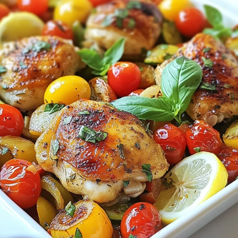 - 4 boneless, skinless chicken thighs - 1 cup cherry tomatoes, halved - 1 red bell pepper, deseeded and sliced into strips - 1 yellow onion, thinly sliced - 1 medium zucchini, sliced into half-moons - 3 cloves of garlic, finely minced - 2 tablespoons extra-virgin olive oil, divided - 1 teaspoon dried oregano - 1 teaspoon dried thyme - 1 teaspoon smoked paprika - Salt and freshly ground black pepper to taste - Fresh basil or parsley, roughly chopped for garnish - Lemon wedges for serving To make this dish, start with each ingredient. The chicken thighs give a rich flavor. The cherry tomatoes add sweetness. The bell pepper and zucchini bring color and crunch. The onion and garlic give depth. Olive oil keeps everything moist and tasty. Herbs and spices are key. Dried oregano and thyme give a classic taste. Smoked paprika adds a hint of smoke that makes it special. Salt and pepper balance all the flavors perfectly. Garnish with fresh herbs for a burst of color. Lemon wedges add a zesty touch that brightens every bite. This dish is simple, fresh, and full of flavor. {{ingredient_image_2}} First, preheat your oven to 400°F (200°C). Next, get a large oven-safe skillet. Lightly grease the skillet with a bit of olive oil. This helps the chicken not stick. Now let’s make the spice mix. In a small bowl, combine: - 1 teaspoon dried oregano - 1 teaspoon dried thyme - 1 teaspoon smoked paprika - A pinch of salt - Freshly ground black pepper Mix these well. This blend adds great flavor to your chicken. Take the chicken thighs and pat them dry using paper towels. This helps the skin crisp. Rub one tablespoon of olive oil on both sides of the chicken. Next, sprinkle half of your spice mix all over the chicken. Set it aside for a moment to soak in the flavor. Heat your skillet over medium heat. Add the remaining tablespoon of olive oil. Once it’s hot, place the chicken thighs in the skillet. Sear them for about 4-5 minutes on each side. Look for a nice golden-brown crust. When done, move the chicken to a plate. In the same skillet, add the sliced onion and minced garlic. Sauté for about 2-3 minutes. You want the onions to be translucent and smell good. Then add the sliced bell pepper and zucchini. Stir occasionally and cook for 3-4 minutes. The veggies should be slightly tender but still bright in color. Next, add the halved cherry tomatoes and the rest of the spice mix to the pan. Stir gently to coat the vegetables in spices. Now, nestle the seared chicken thighs back into the skillet. Make sure they sit in the colorful veggie mix. Place the skillet in the preheated oven. Roast for 20-25 minutes. The chicken should reach an internal temperature of 165°F (75°C). When done, take it out and let it rest for a few minutes. This helps the flavors come together. Garnish with fresh basil or parsley and serve with lemon wedges on the side. Enjoy your meal! To get the perfect sear on your chicken, start with dry thighs. Pat them with paper towels. This helps them brown well. Use a hot skillet with olive oil. Place the chicken in the pan without crowding. Sear for 4-5 minutes on each side. Aim for that nice golden-brown crust. This gives great flavor and texture. Cooking vegetables just right keeps them fresh and tasty. Start by adding onions and garlic first. Sauté them until soft. Then add bell peppers and zucchini. Cook them for just a few minutes. You want them slightly tender, not mushy. Finally, add cherry tomatoes last. This keeps them juicy and colorful. Want to boost the flavor? Try adding fresh herbs like rosemary or thyme. A bit of lemon zest can brighten the dish. You can also mix in a pinch of red pepper flakes for heat. These small changes can make a big difference in taste. Experiment with your favorites to find the blend you love. Pro Tips Perfectly Seared Chicken: Ensure your skillet is hot enough before adding the chicken to achieve a golden-brown crust. This locks in juices and enhances flavor. Vegetable Variations: Feel free to swap in seasonal vegetables like asparagus or spinach for a fresh twist. Just ensure they have similar cooking times for even doneness. Marinate for Extra Flavor: For an even deeper flavor, marinate the chicken in the spice mixture and olive oil for at least 30 minutes before cooking. Resting Time Matters: Allow the dish to rest for a few minutes after cooking. This helps the juices redistribute, making the chicken more tender and juicy. {{image_4}} You can swap the chicken for other meats. Try using boneless turkey thighs for a leaner option. Pork chops also work well with this dish. If you prefer plant-based choices, use firm tofu or chickpeas. Both options soak up the flavors nicely and give a great texture. Feel free to change the veggies to match your taste. Asparagus or green beans add a nice crunch. If mushrooms are your favorite, toss them in for more umami flavor. Seasonal vegetables like eggplant or bell peppers can jazz up the dish too. Just remember to keep the cooking time in mind. Pair this dish with a fresh salad for a light meal. A side of warm pita bread adds a tasty touch. You can also serve it with yogurt sauce or a drizzle of balsamic glaze. These sides elevate the meal and make it even more delicious. To keep your Mediterranean One-Pan Chicken fresh, follow these steps: - Let the dish cool down to room temperature. - Transfer leftovers to an airtight container. - Store in the fridge for up to three days. - Keep it away from strong-smelling foods to prevent flavor transfer. Reheating is easy and quick. To maintain the dish's great taste: - Use the oven for best results. - Preheat the oven to 350°F (175°C). - Place the chicken in an oven-safe dish. - Cover it with foil to keep moisture in. - Heat for about 15 to 20 minutes until hot. Freezing is a great way to save this meal for later. Here’s how: - Allow the chicken to cool completely before freezing. - Use freezer-safe bags or containers. - Label them with the date for easy tracking. - Store in the freezer for up to three months. - To thaw, place it in the fridge overnight before reheating. You can check if the chicken is done by using a meat thermometer. The internal temperature should reach 165°F (75°C). If you don’t have a thermometer, cut into the thickest part of the chicken. The meat should be white, not pink. Juices should run clear. Yes, you can prepare Mediterranean One-Pan Chicken ahead of time. You can season the chicken and chop the veggies a day prior. This lets the flavors blend well. Store everything in the fridge in an airtight container. When ready to cook, simply roast as directed. This dish pairs well with simple sides. Here are some great options: - A fresh green salad - Rice or couscous - Warm crusty bread - Roasted potatoes - A chilled glass of white wine These sides complement the chicken's rich flavor and make for a balanced meal. This recipe for Mediterranean One-Pan Chicken combines simple ingredients and easy steps for a tasty meal. You learned how to prepare the chicken and vegetables, season them, and roast everything together. With tips to perfect your dish and variations to suit your taste, you can easily impress anyone. Remember, storing leftovers correctly keeps your meal fresh, while reheating maintains the flavors. Try mixing in different proteins or veggies to make this dish your own. Enjoy your cooking adventures!
