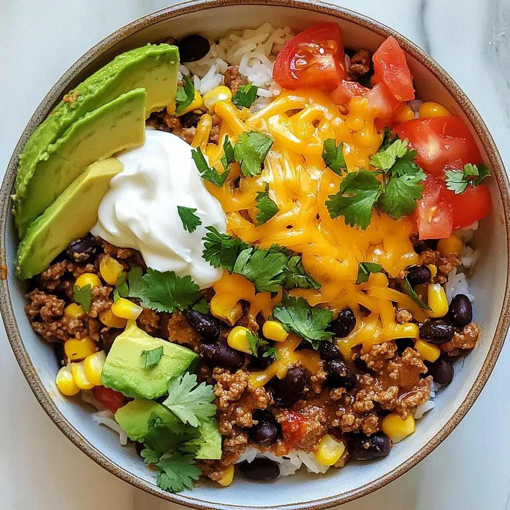 To make the cheesy taco rice skillet, you will need: - 1 cup long-grain white rice - 2 cups vegetable broth - 1 lb ground beef or turkey - 1 small onion, diced - 2 cloves garlic, minced - 1 packet taco seasoning - 1 can (14 oz) black beans, drained and rinsed - 1 cup corn kernels (fresh, frozen, or canned) - 1 cup diced tomatoes (fresh or canned) - 1 ½ cups shredded cheddar cheese - 1 tablespoon olive oil - Salt and pepper to taste - Fresh cilantro, chopped (for garnish) - Sour cream (for serving) - Avocado slices (for serving) If you don't have some ingredients, here are some easy swaps: - Ground beef or turkey: Try ground chicken or plant-based meat for a lighter option. - Taco seasoning: Mix chili powder, cumin, and garlic powder if you run out. - Black beans: Kidney beans or pinto beans work just as well. - Corn kernels: You can use frozen corn or even skip it if needed. - Vegetable broth: Chicken broth adds flavor if you are not vegetarian. Toppings can make this dish even better. Here are my favorites: - Sour cream: Adds creaminess and balances the spice. - Avocado slices: Creamy and fresh, they enhance the dish’s flavor. - Chopped cilantro: Brightens the dish and adds a fresh taste. - Sliced jalapeños: For those who like a spicy kick. - Lime wedges: A squeeze of lime adds zest and freshness. These ingredients and toppings will help you create a delicious and satisfying meal. Enjoy the flavors and make it your own! {{ingredient_image_2}} To cook the rice well, start with a medium pot. Pour in 2 cups of vegetable broth and bring it to a boil. Once it bubbles, add 1 cup of long-grain white rice. Turn the heat down low and cover the pot. Let it simmer for 18 to 20 minutes. The rice should soak up all the broth and become tender. After cooking, take it off the heat and keep it covered for 5 more minutes. Fluff the rice with a fork to separate the grains. This makes the rice light and fluffy. Grab a large skillet and pour in 1 tablespoon of olive oil. Heat it over medium heat. Add 1 small diced onion and 2 minced garlic cloves. Sauté for about 2 to 3 minutes until the onion looks clear and smells good. Then, raise the heat to medium-high and add 1 pound of ground beef or turkey. Use a spatula to break it up as it cooks. Cook for 5 to 7 minutes until the meat is brown. If there’s extra fat, drain it out. This step adds rich flavor to your dish. Now it’s time to mix everything together! Sprinkle a packet of taco seasoning over the browned meat. Stir it well to coat the meat with flavor. If it looks dry, add a splash of water. Next, add 1 can of black beans (drained and rinsed), 1 cup of corn (fresh, frozen, or canned), and 1 cup of diced tomatoes (fresh or canned). Finally, stir in the cooked rice. Heat everything for 2 to 3 minutes so it warms up nicely. Taste the mix and add salt and pepper to your liking. This blend brings all the flavors together. To make your cheesy taco rice skillet perfect, watch the cooking time. Overcooking the rice can make it mushy. Stick to the instructions. Cook for 18-20 minutes. Let it sit for 5 more minutes after cooking. This helps the rice fluff up nicely. When browning meat, ensure it gets good color. If it’s gray, it’s not done. Break it up as it cooks. This helps it brown evenly. Don’t skip draining excess fat; it keeps the dish light and fresh. If you use ground turkey instead of beef, the cooking time stays about the same. Ground turkey cooks quicker. Keep an eye on it, and adjust if needed. For leaner meats, the browning may take less time. Just look for a nice brown color. If you decide to use chicken, cook it longer. It needs about 10 minutes to brown well. Always check the internal temperature. It should reach 165°F for safety. To get that gooey, stretchy cheese, use low heat. After mixing the cheese in, cover the skillet. This helps the cheese melt evenly. Let it sit for about 2-3 minutes. Choose a good quality cheese. Cheddar melts well and adds great flavor. If you want a twist, try pepper jack for a kick! Always sprinkle cheese evenly across the top for a perfect melt. Pro Tips Use Homemade Taco Seasoning: For a fresher flavor, consider making your own taco seasoning with spices like cumin, paprika, and chili powder. This allows you to adjust the heat level to your preference. Vegetable Variations: Feel free to add other vegetables, such as bell peppers or zucchini, for more nutrition and flavor. Just sauté them with the onions and garlic to soften them up before adding the meat. Cheese Options: While cheddar is classic, try mixing different cheeses like Monterey Jack or Pepper Jack for a unique flavor twist. Mixing cheeses can enhance the creaminess and taste of the dish. Make it a Meal Prep: This dish stores well in the fridge for up to 3 days. Consider making a larger batch to have quick and easy meals ready for busy weeknights. {{image_4}} You can easily make this dish vegetarian. Simply swap the ground meat for a plant-based option. Use 1 cup of lentils or mushrooms. These add great texture and flavor. Also, ensure you use vegetable broth for cooking the rice. This keeps the dish rich and full of taste. If you love heat, add some spicy ingredients. Consider using spicy taco seasoning instead of regular. You can also include fresh jalapeños or diced green chilies. For an extra kick, mix in a few dashes of hot sauce. These additions will make your cheesy taco rice even more exciting. Want to pack in more veggies? You can add bell peppers, zucchini, or spinach. Just chop them up and toss them into the skillet while cooking the onions and garlic. This will boost the nutrients and make the dish colorful. Plus, it will taste fresh and delicious! To keep your cheesy taco rice fresh, let it cool first. Transfer it to an airtight container. Store it in the fridge for up to three days. Make sure to label the container with the date. This helps you remember when you made it. When you're ready to eat again, reheat in a skillet. Add a splash of water or broth to keep it moist. Cover the skillet to trap steam and heat evenly. You can also microwave it in a bowl. Just cover it with a microwave-safe lid or wrap. Heat in short bursts, stirring in between. If you want to freeze, place the rice in freezer bags. Make sure to remove as much air as possible. It can last up to three months in the freezer. To thaw, move it to the fridge overnight. Reheat it in a skillet or microwave when ready. This keeps the flavors fresh and delicious! Yes, you can use brown rice. It will change the texture and flavor. Brown rice takes longer to cook. Use about 2 ½ cups of broth for 1 cup of brown rice. Cook it for 40-45 minutes instead of 18-20 minutes. Check if it’s tender and fluffy. To add spice, use more taco seasoning. Add chopped jalapeños for heat. You can also mix in cayenne pepper or crushed red pepper flakes. Start with a small amount. Taste as you go to find your perfect level of heat. You can make your own taco seasoning. Combine chili powder, cumin, paprika, and garlic powder. Use these common spices: - 1 tsp chili powder - 1 tsp cumin - 1 tsp paprika - ½ tsp garlic powder This mix gives great flavor without a packet. You can adjust the spices to suit your taste. Cheesy Taco Rice Skillet is a fun and easy dish to make. We covered key ingredients, step-by-step cooking, and tips to avoid mistakes. You can even try variations like a vegetarian option or a spicy kick. Don’t forget storing tips to keep leftovers tasty. Cooking this dish is straightforward and rewarding. Enjoy the rich flavors and endless ways to customize it. Dive in and get cooking!