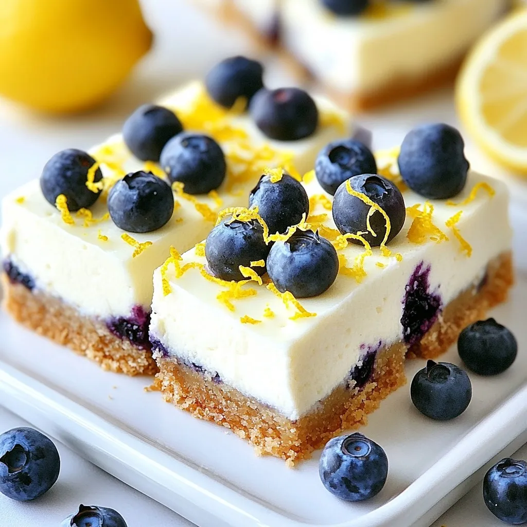 For the Lemon Blueberry Cheesecake Bars, you will need: - 1 ½ cups graham cracker crumbs - ½ cup unsalted butter, melted - 2 tablespoons granulated sugar - 16 oz cream cheese, softened at room temperature - 1 cup granulated sugar - 2 large eggs, at room temperature - 1 teaspoon pure vanilla extract - Zest of 1 lemon (about 1 tablespoon) - ⅓ cup fresh lemon juice (preferably from 2 lemons) - 1 cup fresh blueberries, rinsed and dried - 1 tablespoon all-purpose flour (for blueberries) These ingredients come together to create a rich and creamy texture with a burst of fresh flavor. To enhance your bars, consider these garnishes: - Fresh blueberries - Lemon zest - Whipped cream These toppings add color and extra taste, making your dessert even more appealing. If you need alternatives, here are some options: - For a dairy-free version, use vegan cream cheese. - You can replace granulated sugar with your favorite sweetener if desired. These substitutions allow you to enjoy this treat while accommodating dietary needs. {{ingredient_image_2}} Set your oven to 325°F (163°C). Grab an 8x8-inch baking pan. Line it with parchment paper, leaving some paper hanging over the sides. This makes lifting out the bars easy later. In a medium bowl, mix 1 ½ cups of graham cracker crumbs, ½ cup of melted unsalted butter, and 2 tablespoons of sugar. Stir well until the crumbs feel moist. Press this mixture evenly into the bottom of your prepared pan. Bake it for about 10 minutes. The crust should look lightly golden. Once done, take it out and let it cool for a bit. In a large bowl, beat 16 oz of softened cream cheese with an electric mixer. Mix it for about 1-2 minutes until it’s creamy. Gradually add 1 cup of sugar while mixing. Keep beating until it’s smooth. Now, add 2 large eggs, mixing one at a time. After that, mix in 1 teaspoon of vanilla extract, the zest of 1 lemon, and ⅓ cup of fresh lemon juice. Beat it all until you have a smooth mixture. In a small bowl, toss 1 cup of fresh blueberries with 1 tablespoon of flour. This helps the blueberries stay in place while baking. Gently fold the blueberries into your cheesecake mixture. Be careful not to break them! Pour this mixture over the cooled graham cracker crust and spread it evenly using a spatula. Put the cheesecake bars in the oven and bake for 25-30 minutes. Check if the edges are firm and the center has a slight jiggle. This means it’s done! Once baked, take the pan out of the oven and let it cool to room temperature. After it cools, cover the pan and refrigerate the cheesecake bars for at least 4 hours. For the best flavor, let them chill overnight. When ready to serve, lift the bars out of the pan using the overhanging parchment paper. Use a sharp knife to cut them into squares. Enjoy this tasty treat! To get the best texture, start with room temperature ingredients. This helps the cream cheese mix smoothly. If the cream cheese is cold, it can become lumpy. Next, keep an eye on your baking time. Bake until the edges are firm, but the center should still jiggle slightly. This ensures a creamy texture. For a boost in flavor, consider adding a bit more citrus. A touch of lime zest brightens the taste. You can also add a splash of vanilla extract for depth. The quality of your blueberries matters too. Fresh, ripe blueberries will make your bars taste amazing. Avoid berries that are mushy or overripe. Presentation is key for any dessert. Arrange the cheesecake bars on a lovely platter to catch the eye. For an extra touch, garnish each square with fresh blueberries. A light dusting of lemon zest adds color and brightness. You can also serve them with a dollop of whipped cream for a delightful finish. Pro Tips Use Room Temperature Ingredients: Allow your cream cheese and eggs to come to room temperature before mixing. This ensures a smoother batter and prevents lumps in your cheesecake filling. Don’t Overmix: Once you add the eggs, mix just until combined. Overmixing can incorporate too much air, causing the cheesecake to crack as it cools. Chill Completely: For the best texture and flavor, let the cheesecake bars chill in the refrigerator for at least 4 hours, or overnight if possible. This helps the flavors meld and the bars to set properly. Use Fresh Blueberries: Always use fresh blueberries for the best flavor and texture. If using frozen blueberries, make sure they're thawed and drained to avoid excess moisture in the batter. {{image_4}} You can change up the flavor of these bars easily. Try adding other berries like raspberries or strawberries. You can also use flavored extracts, like almond or coconut, to give a twist. Just remember to keep the lemon zest; it adds a great zing. Mixing different flavors can surprise your taste buds and keep things fun! If you need to make these bars fit your diet, you have options. For a gluten-free version, swap graham cracker crumbs for gluten-free crumbs. You can also use almond flour or oats. If you want lower sugar, consider using a sugar substitute. For a vegan treat, replace eggs with flax eggs and use dairy-free cream cheese. These changes allow everyone to enjoy these yummy bars. Serving these cheesecake bars can be as fun as making them! You can pair them with sauces like chocolate or caramel. Drizzle some sauce on the plate for a fancy look. Enjoy them with a scoop of ice cream for a creamy delight. You can also top them with extra blueberries or a sprinkle of lemon zest. The possibilities are endless, and each idea brings a new taste to the table! To keep your Lemon Blueberry Cheesecake Bars fresh, use these tips: - Refrigeration: Store the bars in an airtight container. This keeps them moist and flavorful. - Freezing: Wrap each bar in plastic wrap, then place them in a freezer-safe bag. This prevents freezer burn. How long do these bars last? - In the fridge: They stay fresh for about 5 days. - In the freezer: You can keep them for up to 3 months. This is perfect for meal prep or special events. If you freeze your bars, here's how to bring them back: - Thawing: Leave the bars in the fridge overnight before serving. This helps them regain their creamy texture. - Reheating: If you prefer them warm, heat them in the oven at 250°F (120°C) for about 10-15 minutes. This warms them gently without cooking them further. Lemon blueberry cheesecake bars stay fresh for about one week in the fridge. To keep them tasty, store them in an airtight container. You can also freeze them for up to three months. Just wrap them well in plastic wrap, then place them in a freezer bag. Yes, you can use frozen blueberries. Just remember to thaw and drain them first. This prevents too much moisture in the bars. Toss the thawed berries with a little flour before adding. This helps keep them from sinking during baking. If you need a cream cheese substitute, use Greek yogurt or ricotta cheese. Both give a creamy texture and taste. For a dairy-free option, try cashew cream or coconut cream. Each gives a unique flavor, so choose what you like best. You can definitely make these cheesecake bars ahead of time. They taste even better after chilling overnight. Just bake them, cool, and refrigerate. This way, you can serve them fresh and ready for your guests. To check if the cheesecake is done, look for firm edges and a slight jiggle in the center. It should not be liquid, but still soft. If the edges turn golden, it’s a good sign that they are ready. Use a toothpick in the center to test. If it comes out clean, it’s done! You now know how to make delicious Lemon Blueberry Cheesecake Bars. We covered main ingredients, baking steps, and serving tips. You can customize the recipe with various flavors and dietary options. Remember to use room temperature ingredients for the best texture. These bars store well in the fridge and can be frozen too. Try different garnishes to impress your friends. With these tips, you’ll create a tasty treat that everyone will love. Enjoy baking your cheesecake bars!