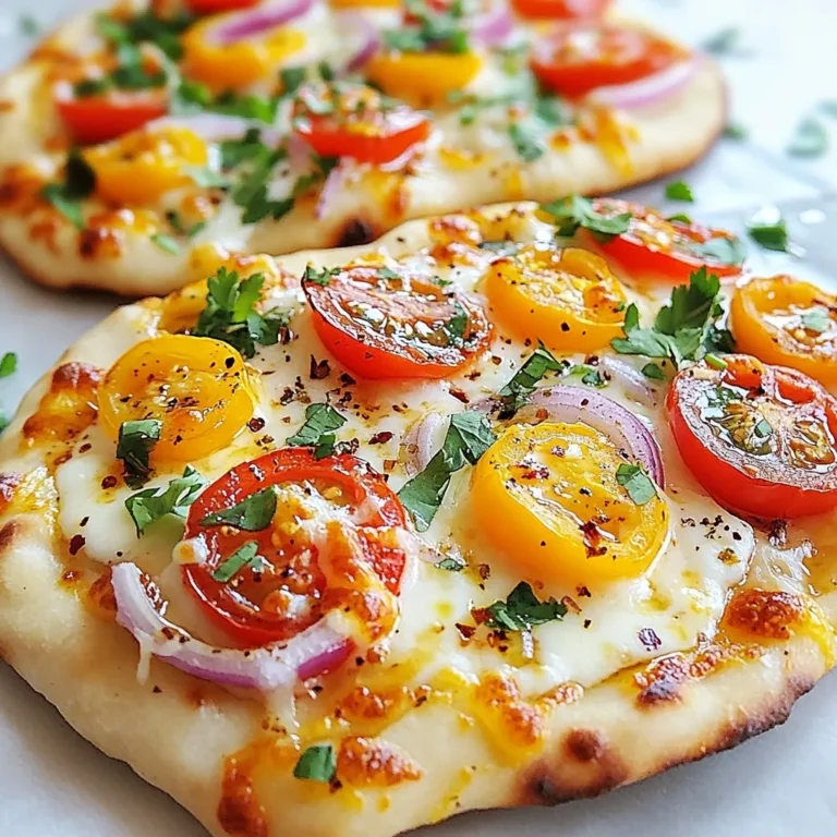 - 2 large naan bread - 1 cup shredded mozzarella cheese - 1/2 cup pizza sauce (store-bought or homemade) - 2 tablespoons olive oil - 3 cloves garlic, minced - 1 teaspoon red chili flakes (adjust to your spice preference) - 1/2 cup bell peppers, sliced (you can use a mix of colors for visual appeal) - 1/2 cup cherry tomatoes, halved - 1/4 cup red onion, thinly sliced - Fresh cilantro or basil leaves - Salt and pepper to taste The main ingredients create a base for your pizza. The naan bread gives a nice texture. Shredded mozzarella cheese melts well and adds creaminess. Pizza sauce brings in flavor and moisture. To enhance this, we use olive oil, minced garlic, and red chili flakes. Olive oil adds richness, while garlic gives a strong taste. Red chili flakes add heat, which you can adjust based on your preference. Next are the vegetable toppings. Bell peppers add crunch and color. Cherry tomatoes give sweetness, and red onions add a sharp bite. Together, they create a vibrant pizza. Finally, we garnish with fresh herbs like cilantro or basil. A sprinkle of salt and pepper rounds out the flavors. This combination makes the chili garlic naan pizza both delicious and visually appealing. {{ingredient_image_2}} - Preheat the oven to 425°F (220°C). This makes sure your pizza cooks well. - Prepare the chili garlic oil. In a small bowl, mix minced garlic, olive oil, and red chili flakes. Set this aside for later. - Arrange the naan on a baking sheet with parchment paper. This keeps them from sticking. - Spread a layer of pizza sauce over each naan. Leave a bit of space at the edges for crust. - Top with shredded mozzarella cheese. A good layer of cheese makes it taste great! - Scatter sliced bell peppers, halved cherry tomatoes, and red onion on the cheese. Each veggie adds color and flavor. - Drizzle the prepared chili garlic oil over the pizzas. This adds a spicy kick to each bite. - Season the pizzas with salt and pepper. Adjust the amounts to fit your taste. - Bake in the oven for 10-12 minutes. Look for bubbly cheese and a golden crust. - Cool for a few minutes after baking. Garnish with fresh cilantro or basil leaves. This adds a nice touch before serving. To make the best naan pizza, focus on the crust. The naan should be soft but hold toppings well. Preheat your oven to 425°F (220°C) for a crispy base. You can also bake it on a pizza stone for an extra crunch. Adjust spice levels with chili flakes. Start with one teaspoon, then taste and add more if you like heat. You can make your pizza sauce at home. Use crushed tomatoes, garlic, and herbs for a fresh touch. This adds a personal twist. If you're feeling adventurous, try different cheese. Cheddar, gouda, or even feta can bring new flavors to your pizza. To impress, serve your naan pizza on a wooden board. This adds a rustic feel. For garnishing, sprinkle extra chili flakes or drizzle olive oil. Fresh herbs like cilantro or basil can also make your pizza pop with color. Serve it hot for the best taste! Pro Tips Use Fresh Ingredients: For the best flavor, opt for fresh vegetables and herbs. They enhance the taste and presentation of your pizza. Adjust Spice Levels: Feel free to modify the amount of red chili flakes based on your spice tolerance. Start with less and add more as needed! Experiment with Toppings: Don’t hesitate to mix in your favorite toppings, such as olives, mushrooms, or even pepperoni, to customize your naan pizza. Serve Immediately: Naan pizzas are best enjoyed hot and fresh out of the oven. Slice and serve right away to maintain that cheesy goodness. {{image_4}} You can switch up the toppings for your Chili Garlic Naan Pizza. If you want meat, try pepperoni or grilled chicken. These add extra flavor and protein. For a plant-based option, use vegan cheese and toppings like mushrooms or spinach. This way, everyone can enjoy the pizza. Add a twist to the flavor by using herbs. Oregano or thyme can make your pizza taste fresh and aromatic. You can also change the naan type. Garlic naan adds a strong taste, while whole grain naan adds a nutty flavor. These choices keep it fun and different. If you need gluten-free options, look for gluten-free naan. Many brands offer good choices now. For a low-carb version, try using cauliflower crust. This will give you a lighter pizza while still being delicious. It’s perfect for those watching their carbs while still craving pizza. To keep leftover Chili Garlic Naan Pizza fresh, store it in an airtight container. This helps prevent it from drying out. Place a piece of parchment paper between layers if you stack them. This keeps the toppings intact. Store the pizza in the fridge for up to three days. If you need to keep it longer, consider freezing it. For reheating, the oven is best. Preheat your oven to 375°F (190°C). Place the naan pizza on a baking sheet. Heat for about 10 minutes. This keeps the crust crispy and the cheese melty. The microwave is faster but can make the crust soggy. If you must use it, reheat in short bursts. Check every 30 seconds to avoid overcooking. You can keep leftover Chili Garlic Naan Pizza in the fridge for up to three days. Make sure to cover it tightly with plastic wrap or foil. This helps keep it fresh and tasty. Yes, you can freeze Chili Garlic Naan Pizza. Wrap each piece in plastic wrap, then place them in a freezer bag. They can last for up to two months in the freezer. When ready to eat, thaw in the fridge before reheating. I recommend using large, soft naan for this recipe. Look for naan that’s fluffy and pliable. Garlic naan adds a nice flavor too, but plain naan works great as well. This recipe is already vegetarian since it uses vegetables and cheese. If you want to boost flavors, add more veggies like mushrooms or spinach. You can also use vegan cheese for a plant-based option. Absolutely! Homemade naan is a great choice. It gives a personal touch and can be made to your taste. Just ensure it's cooked well and not too thick for the best pizza experience. Chili garlic naan pizza combines simple ingredients for bold flavor. You can make it with naan, cheese, and your favorite toppings. Remember to adjust spice levels to suit your taste. Storing and reheating it right keeps it tasty. Whether you're using fresh veggies or trying out different cheeses, this recipe is easy to customize. Enjoy making this fun dish and share it with others. Cooking is about creativity, and this pizza can spark new ideas in your kitchen.