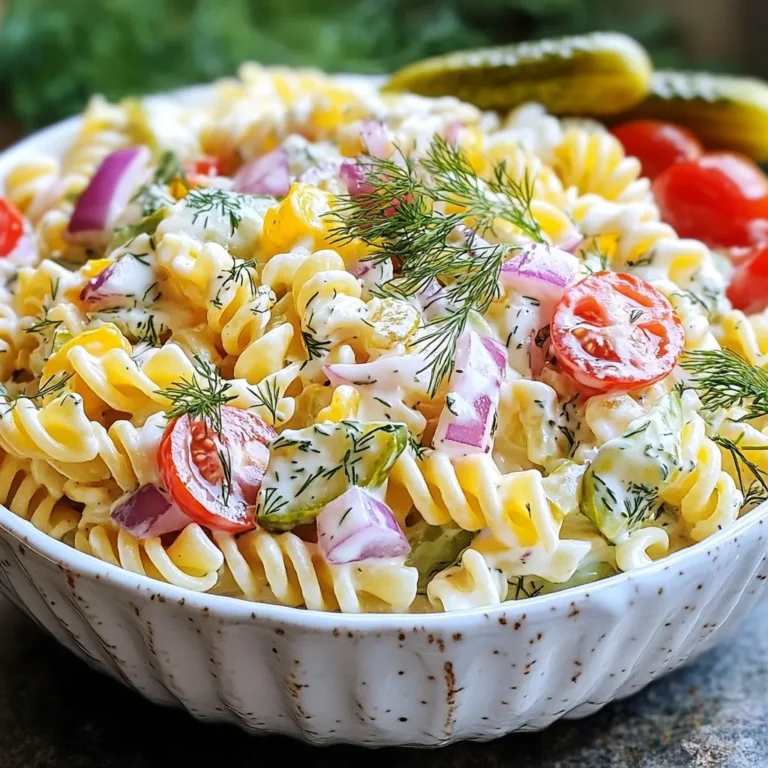 - 8 oz pasta (fusilli or bowtie) - 1 cup dill pickles, diced - 1/2 cup red onion, finely chopped - 1/2 cup celery, finely chopped - 1/2 cup cherry tomatoes, halved - 1 cup mayonnaise - 2 tablespoons dill pickle juice - 1 tablespoon Dijon mustard - 1 teaspoon garlic powder - 1 tablespoon fresh dill, chopped (or 1 teaspoon dried dill) - Salt and pepper to taste - Optional: 1/4 cup shredded cheddar cheese Each ingredient plays a key role in the flavor and texture of this dish. For the pasta, 8 ounces is perfect. Fusilli or bowtie shapes hold the dressing well. The pickles, red onion, celery, and tomatoes add crunch and zest. The mayonnaise brings creaminess. The dill pickle juice and Dijon mustard add tang. The garlic powder and dill enhance the flavor profile. If you want a richer taste, add 1/4 cup of shredded cheddar cheese. This cheese adds a nice depth and pairs well with the tangy flavors. You can also experiment with other add-ins like chopped bell peppers or green onions. These options boost flavor and color, making the dish even more appealing. {{ingredient_image_2}} Start with a pot of salted water. Bring it to a rolling boil. Add 8 ounces of pasta, like fusilli or bowtie. Cook the pasta until it is al dente. This usually takes about 7 to 10 minutes. Once finished, drain the pasta. Rinse it under cold running water. This stops the cooking and cools it down. Set the pasta aside to cool completely. In a large bowl, combine 1 cup of diced dill pickles, 1/2 cup of finely chopped red onion, 1/2 cup of finely chopped celery, and 1/2 cup of halved cherry tomatoes. Stir gently. This step brings together fresh flavors. Make sure the vegetables are mixed evenly. Take another bowl to make the dressing. Whisk together 1 cup of mayonnaise, 2 tablespoons of dill pickle juice, 1 tablespoon of Dijon mustard, 1 teaspoon of garlic powder, and 1 tablespoon of chopped fresh dill. If you don’t have fresh dill, dried dill works too. Whisk until smooth and creamy. This dressing is the heart of the salad. Now, it’s time to combine everything. Add the cooled pasta to the bowl with the mixed vegetables. Gently fold in the creamy dressing. Ensure every piece of pasta and vegetable gets coated. Be careful not to break the pasta while mixing. Add salt and pepper to taste. Taste as you go to get it just right. If you want, you can fold in 1/4 cup of shredded cheddar cheese for extra flavor. Cover the bowl with plastic wrap or a lid. Chill it in the fridge for at least 30 minutes. This waiting time helps the flavors blend well. Before serving, give it a gentle stir and taste again. Adjust any seasoning if needed. When making dill pickle pasta salad, the pasta choice matters. I love using fusilli or bowtie pasta. Their shapes hold the creamy dressing well. You want a pasta that can grab every flavor. Cook the pasta until it’s al dente. This keeps it firm and tasty. Rinse the pasta in cold water after cooking. This stops the cooking process and cools it down quickly. The flavor of this salad is key. You can tweak it to fit your taste. Start with the basic ingredients. Then, taste and adjust as needed. If you want more tang, add extra dill pickle juice. A splash of lemon juice can also brighten the dish. For a kick, add more garlic powder or a dash of hot sauce. Always taste as you go. This way, you get the perfect balance. Serve this salad cold for the best flavor. Use a large, decorative bowl for a nice touch. Garnish with fresh dill sprigs on top. You can also add whole dill pickles around the edge. This makes the dish look fancy and fun. It’s a great dish for picnics or gatherings. Everyone will love the vibrant look and taste. Pro Tips Choose the Right Pasta: Opt for fusilli or bowtie pasta as they hold the dressing and flavors better due to their unique shapes. Chill for Flavor: Allow the salad to chill for at least 30 minutes in the refrigerator. This helps the flavors meld together for a more delicious dish. Customize Your Add-Ins: Feel free to add other ingredients like diced bell peppers or hard-boiled eggs for extra texture and nutrition. Fresh Herbs Matter: Using fresh dill instead of dried can significantly enhance the flavor profile of your pasta salad. {{image_4}} You can easily make this salad vegetarian. Just skip any added meat. Focus on the veggies. Add more pickles or fresh herbs. You could even throw in avocado for creaminess. This keeps the dish light and fresh while being full of flavor. For a heartier meal, try adding protein. Cooked chicken works great in this dish. Shred or chop it before mixing. Canned tuna is another easy choice. Just drain it well and mix it in. Both options boost the protein and keep you full longer. Switching up the dressing can change the whole vibe of your salad. Try Greek yogurt instead of mayo for a tangy twist. A vinaigrette with olive oil and vinegar can add a nice zing. You could even experiment with ranch dressing for a creamy option. Each choice brings a new flavor profile to enjoy. To store your leftover Dill Pickle Pasta Salad, place it in an airtight container. This helps keep the salad fresh and tasty. Be sure to close the lid tightly. You can keep it in the fridge for up to three days. If you want to enjoy it later, just give it a quick stir before serving. Freezing this dish is not ideal. The pasta may become mushy when thawed. If you still want to freeze it, use a freezer-safe container. Enjoy it within one month for the best taste. When you are ready to eat, thaw it overnight in the fridge before serving. To keep your Dill Pickle Pasta Salad fresh, follow these tips: - Use fresh ingredients when making the salad. This ensures better flavor and texture. - Store it in the coldest part of your fridge. This helps maintain its crispness. - Avoid adding cheese or dressing until serving. This keeps the salad from getting soggy. These tips will help keep your pasta salad bright and delicious! Yes, you can make Dill Pickle Pasta Salad ahead of time. It tastes even better after sitting. I like to prepare it a few hours before serving. This allows the flavors to blend well. Just cover it tightly and keep it in the fridge. If you want a mayo substitute, try Greek yogurt. It adds a nice creaminess without the calories. You can also use sour cream for a tangy flavor. For a vegan option, use avocado or cashew cream. These choices keep the salad rich and tasty. Dill Pickle Pasta Salad lasts about 3 to 5 days in the fridge. Store it in an airtight container for the best results. Keep an eye on it for any changes in smell or texture. If it seems off, it's best to toss it out. Yes, you can easily make this salad vegan-friendly. Just replace the mayonnaise with vegan mayo or Greek yogurt. Ensure all other ingredients are plant-based. This way, you can enjoy a fresh and flavorful dish without animal products. This blog post covered everything you need to make a great Dill Pickle Pasta Salad. We explored ingredients, cooking steps, and tips for flavor and presentation. I shared variations for extra taste and options for storing leftovers. Making this dish is simple, and you can mix it up to fit your tastes. Enjoy your fresh creation, and don't hesitate to experiment. Your Dill Pickle Pasta Salad will surely impress anyone who tries it!