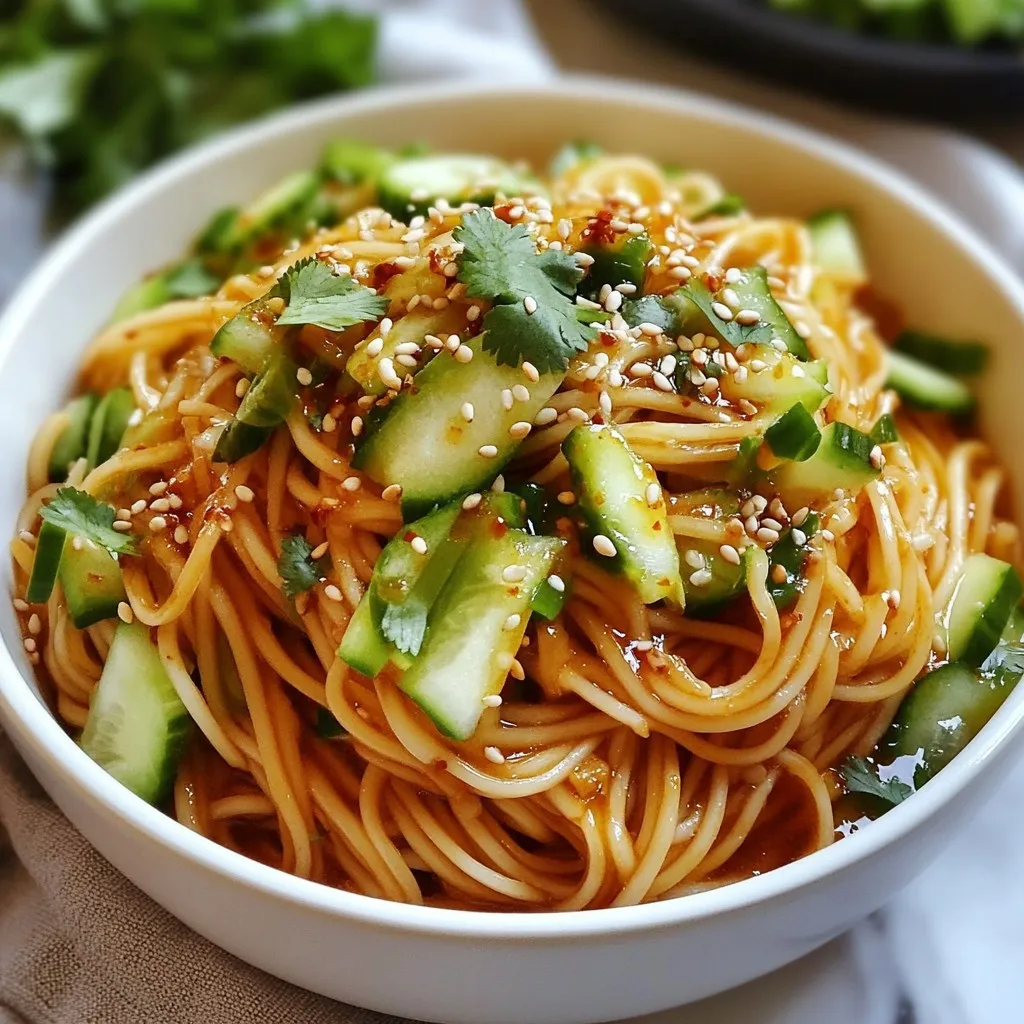 - 8 oz (225g) whole wheat noodles - 3 tablespoons sesame oil - 2 tablespoons soy sauce - 1 tablespoon rice vinegar - 1 tablespoon chili paste (adjust according to your spice preference) - 1 tablespoon honey - 2 cloves garlic, finely minced - 1 inch piece of ginger, grated - 1 cucumber, julienned - 2 green onions, thinly sliced - 1 tablespoon toasted sesame seeds - Fresh cilantro leaves for garnish To make spicy sesame cold noodles, you need some key ingredients. Whole wheat noodles form the base of this dish. They add a nice chewy texture. Then, we have the sauce. The sauce has sesame oil, soy sauce, rice vinegar, chili paste, honey, garlic, and ginger. Each part brings its own flavor. The vegetables in this dish are just as important. You will use fresh cucumber and green onions for crunch. They add a refreshing feel to every bite. Finally, sprinkle toasted sesame seeds and cilantro for a burst of flavor and color. When you gather these ingredients, you set yourself up for a tasty dish. Each item plays a role in making the noodles flavorful and refreshing. Enjoy this mix of textures and tastes! {{ingredient_image_2}} To start, you need to cook the noodles. First, bring a large pot of salted water to a boil. The salt enhances the noodle flavor. When the water boils, add 8 ounces of whole wheat noodles. Cook them until they are al dente, which usually takes about 8 to 10 minutes. This means they should still have a little bite. After cooking, drain the noodles and rinse them under cold water. This halts the cooking process and cools the noodles down. Next, it’s time to make the sauce. In a medium bowl, combine 3 tablespoons of sesame oil, 2 tablespoons of soy sauce, and 1 tablespoon each of rice vinegar and honey. Add 1 tablespoon of chili paste for that spicy kick, along with 2 cloves of minced garlic and 1 inch of grated ginger. Whisk all the ingredients together until you have a smooth sauce. This is where the magic begins! Now for the fun part! Transfer the cooled noodles into a large mixing bowl. Pour the sauce over the noodles and toss gently. You want to coat every noodle with the sauce. Next, add 1 julienned cucumber and 2 thinly sliced green onions. Stir carefully to mix everything well. The fresh veggies add a nice crunch and flavor. Finally, it’s time to serve! Portion the spicy noodles into individual bowls. For a finishing touch, sprinkle each bowl with 1 tablespoon of toasted sesame seeds and a handful of fresh cilantro leaves. This not only adds flavor but also makes the dish look beautiful. Enjoy your spicy sesame cold noodles chilled for a refreshing meal! To get the best noodles, timing is key. Cook the whole wheat noodles until they are al dente, which means they should still have a little bite. The package will tell you how long this takes, so keep an eye on the clock. Once the noodles are done, drain them right away. Rinsing them under cold water stops the cooking. This step is very important because it keeps the noodles from getting too soft and sticky. You can make the sauce as spicy as you like. If you love heat, add more chili paste. If you prefer mild flavors, use less. Honey is great for sweetness, but you can try maple syrup or agave instead for a different taste. Adjust the sweetness to balance the spice and create your perfect sauce. Serve the noodles in shallow bowls for a nice look. This style makes the dish feel fancy. When you add the cucumber on top, arrange it neatly. This adds a pop of green and makes the dish more inviting. A sprinkle of sesame seeds and cilantro on top completes the visual appeal. Enjoy the beautiful and tasty dish! Pro Tips Adjust the Spice Level: Feel free to modify the amount of chili paste based on your heat tolerance. Start with a small amount and increase it gradually for the perfect kick. Chill Before Serving: Allow the noodles to sit in the refrigerator for about 30 minutes after mixing with the sauce. This enhances the flavors and provides a refreshing taste. Add Protein: For a heartier meal, consider adding cooked chicken, tofu, or shrimp. Toss them in with the noodles and sauce for added nutrition and flavor. Experiment with Vegetables: Don't hesitate to incorporate other veggies like bell peppers, carrots, or even edamame to add color and nutrition to your dish. {{image_4}} You can boost your Spicy Sesame Cold Noodles by adding protein. Grilled chicken or tofu makes a great choice. Simply slice the grilled chicken or cube the tofu, and toss them in with the noodles. This adds a nice texture and flavor. If you love seafood, try shrimp. Cook the shrimp until they turn pink, then mix them in. Both options make the dish more filling and tasty. You can also change the vegetables in your noodles. Carrots or bell peppers are excellent choices. They add crunch and sweetness. Simply julienne the carrots or slice the bell peppers thinly. Another great option is adding edamame. Toss them in for extra protein and a pop of color. Feel free to mix and match your favorite veggies! To make your dish even more exciting, consider flavor enhancements. Adding sriracha gives a spicy kick. Adjust the amount based on your spice level. A splash of fresh lime juice brightens the dish and adds zing. You can also experiment with different types of sesame seeds. Try black sesame seeds for a unique twist. These small changes can take your dish from good to great! To keep your spicy sesame cold noodles fresh, store them in an airtight container. Make sure to let the noodles cool completely before sealing. Place the container in the fridge right away. This helps prevent spoilage. Your noodles can last in the fridge for about three days. If you notice any changes in smell or texture, it’s best to toss them. To keep the flavors strong, store the sauce separately. This way, you can mix it again before serving. If you want to keep the cucumbers crunchy, add them fresh when serving. This helps maintain their texture. While I recommend enjoying these noodles fresh, freezing is an option. To freeze, first, cook the noodles and rinse them as usual. Next, toss them lightly with a bit of sesame oil. This keeps the noodles from sticking together. Portion the noodles into freezer bags, removing excess air. Label the bags with the date. You can freeze them for up to two months. When you are ready to eat, take the noodles out and thaw them overnight in the fridge. To reheat, place them in boiling water for a minute. You can also microwave them with a splash of water. Just be sure to stir them to heat evenly. After reheating, add fresh sauce and vegetables for the best flavor. Spicy Sesame Cold Noodles pair well with several dishes. You can serve them with grilled chicken, shrimp, or tofu for protein. They also go nicely with a side of steamed vegetables or a fresh salad. For a complete meal, add a bowl of miso soup. These pairings enhance the flavors and make your meal more satisfying. Spicy Sesame Cold Noodles last about three to five days in the fridge. Store them in an airtight container to keep them fresh. If you see any signs of spoilage, like off smells or discoloration, it’s best to toss them. Enjoy them cold or reheat them gently if you prefer. Yes, you can make Spicy Sesame Cold Noodles in advance! Prepare the noodles and sauce the day before your meal. Store them separately until you are ready to serve. This keeps the noodles from getting too soggy. When it’s time to eat, mix the noodles with the sauce and add your veggies. If you don’t have whole wheat noodles, you can use regular pasta or rice noodles instead. Soba noodles are a great option too. They bring a nice flavor and texture to the dish. Just be sure to adjust the cooking time based on the noodle type you choose. You now have a clear guide to making delicious Spicy Sesame Cold Noodles. We discussed key ingredients, including whole wheat noodles and fresh veggies. I shared step-by-step instructions for cooking, sauce-making, and combining everything. You learned tips for perfect texture and how to customize flavors. Remember, you can add protein or different veggies for variety. These noodles are easy to store and reheat too. Enjoy creating a tasty dish that suits your taste and impresses your friends!