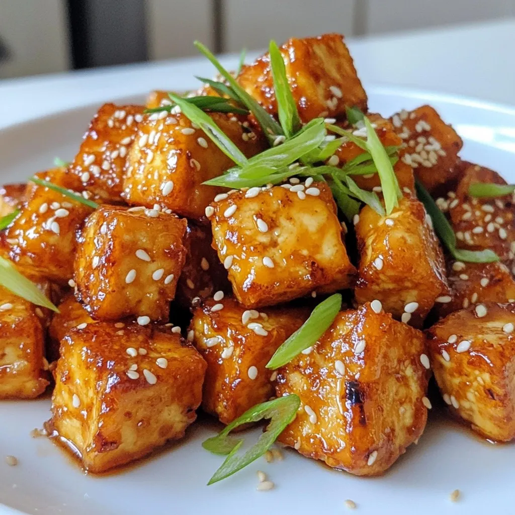 - 14 oz firm tofu, well-pressed and cut into cubes - 3 tablespoons honey or agave nectar - 2 tablespoons soy sauce, low-sodium recommended - 2 cloves garlic, finely minced - 1 tablespoon rice vinegar - 1 tablespoon cornstarch - 1 teaspoon sesame oil - 1/2 teaspoon red pepper flakes, optional - 2 green onions, thinly sliced for garnish - Sesame seeds for garnish - Air fryer - Mixing bowl - Whisk - Knife and cutting board I love using firm tofu for this dish. It holds its shape well and soaks up flavor. Pressing the tofu removes extra moisture. This step helps it become crispy and tasty. You can use honey for sweetness, but agave nectar works too for a vegan option. Soy sauce gives a savory kick. Garlic adds depth, while rice vinegar brings a nice tang. Cornstarch is key for a crispy texture. Just a light coat makes a big difference. Sesame oil gives a rich flavor, while red pepper flakes add a hint of spice. Green onions and sesame seeds are perfect for garnish. They add color and crunch to the final dish. You’ll need an air fryer for this recipe. It cooks the tofu to perfection. A mixing bowl and whisk are essential for blending your marinade. A knife and cutting board help you prep your ingredients quickly. With these tools and ingredients, you are ready for a fun cooking adventure! {{ingredient_image_2}} Start by pressing the firm tofu for at least 30 minutes. This step is key. Pressing removes extra moisture. Less moisture means better texture. After pressing, cut the tofu into bite-sized cubes. Aim for even pieces to cook uniformly. In a mixing bowl, combine the honey, soy sauce, minced garlic, rice vinegar, sesame oil, and optional red pepper flakes. Whisk these ingredients together. You want a smooth blend that coats the tofu well. Gently place the tofu cubes in the marinade. Toss them carefully to ensure each piece is coated. Let the tofu marinate for 15 to 30 minutes. This step lets the flavors soak in and makes the tofu tasty. After marinating, sprinkle cornstarch over the tofu cubes. Toss them lightly again to coat each piece evenly. This is the secret to getting that crispy outside when you cook it. Preheat your air fryer to 375°F (190°C). Place the tofu cubes in the air fryer basket in a single layer. If you have too much, cook in batches. Air fry for 15 to 20 minutes. Shake the basket halfway through to ensure even cooking. The tofu should be golden and crispy. Once the tofu is done, take it out of the air fryer. Put it back into the bowl with any leftover marinade. Toss the tofu gently to coat it in the glaze. This adds a nice shine and extra flavor before serving. Pressing the tofu is key. It removes excess water, which helps it turn crisp. To press tofu, use a clean kitchen towel and a heavy object. Let it sit for at least 30 minutes. This step makes a big difference in texture. After pressing, cornstarch is your best friend. It coats the tofu cubes and creates a crunchy outer layer. Sprinkle the cornstarch over the marinated tofu and toss gently. Each piece should be coated evenly. This is the secret to crispiness! Want to kick up the flavor? Try adding spices like ginger, cumin, or even a dash of smoked paprika. These can boost the taste without overpowering the honey and garlic. Balancing sweetness and savory flavors is crucial. The honey adds a sweet touch, while the soy sauce brings in saltiness. You can adjust the honey if you prefer it less sweet. Just remember to keep the harmony between sweet and savory for the best taste. Honey garlic tofu pairs well with fluffy rice or stir-fried veggies. For a colorful plate, serve it on a bed of rice. You can also add some steamed broccoli or snap peas. For presentation, think about garnishing with green onions and sesame seeds. It not only looks great but also adds texture. A drizzle of extra honey on top can give a lovely shine. This makes your dish pop and tastes even better! Pro Tips Press Tofu Thoroughly: Ensure your tofu is pressed well to remove excess moisture. This step is crucial for achieving a crispy texture when air frying. Adjust Marinade to Taste: Feel free to tweak the marinade ingredients based on your preferences. Adding more garlic or a splash of lime juice can enhance the flavor profile. Shake During Cooking: Remember to shake the air fryer basket halfway through the cooking time. This promotes even cooking and prevents sticking. Garnish Generously: Don't skimp on the garnishes! Fresh green onions and sesame seeds not only add flavor but also make the dish visually appealing. {{image_4}} To make this dish vegan, you can easily swap honey for agave nectar. Agave nectar is sweet and works well in marinades. You can also try maple syrup for a different flavor. Both options keep the dish plant-based and delicious. For flavor, consider using miso paste. Miso adds a rich umami taste that complements the tofu. You can also add ginger for a fresh kick. This will give your honey garlic tofu a unique twist. There are many ways to change up the flavor of your tofu. You can add sauces like teriyaki or sriracha to your marinade. This adds a sweet or spicy note that makes every bite exciting. You can also mix in vegetables while air frying. Think about bell peppers, broccoli, or snap peas. These not only add color but also boost nutrition. Toss them in the same marinade for a well-rounded dish. If you like heat, adjusting red pepper flakes is easy. Add more for a stronger kick, or leave them out for a milder taste. You can also explore hot sauces or chili paste. These can add depth and heat to your dish. Just a little goes a long way, so start small and adjust to your taste. Enjoy experimenting with these options to find your perfect balance! To keep your leftover honey garlic tofu fresh, store it in an airtight container. This helps keep moisture out and flavors in. You can place it in the fridge for up to five days. Make sure it cools down before sealing to avoid condensation. For best taste, enjoy it within three days. If you want to save your honey garlic tofu for later, freezing is a great option. First, let the tofu cool completely. Then, place it in a freezer-safe container or bag. Be sure to squeeze out excess air. You can freeze it for up to three months. When you're ready to eat, thaw it in the fridge overnight. To reheat, air fry at 375°F (190°C) for about 10 minutes. This will help regain its crispiness. In the fridge, your honey garlic tofu lasts about five days. After that, check for signs of spoilage. Look for changes in texture, color, or smell. If it feels slimy or has an off odor, it's best to throw it away. To enjoy the best flavors, aim to eat your leftovers within three days. This way, you get the most delicious experience! Yes, you can use extra-firm tofu. Extra-firm tofu has less water, which gives it a denser texture. This means it holds its shape well during cooking. It also absorbs flavors nicely, making it a great choice. Just remember to press it if it's packed in water. This helps to remove any extra moisture. To make honey garlic tofu gluten-free, you can swap soy sauce for tamari. Tamari is a gluten-free soy sauce alternative. You can also check that your rice vinegar is gluten-free. For the honey, if you want a vegan option, use agave nectar. This keeps it tasty and safe for those with gluten allergies. You can serve honey garlic tofu with many sides. Here are a few ideas: - Steamed rice or jasmine rice - Sautéed vegetables like bell peppers and broccoli - Quinoa or couscous for a healthy addition - A fresh salad with sesame dressing - Noodles tossed with veggies and soy sauce These sides balance the tofu's sweetness with crunch and freshness. Yes, you can still make this recipe without an air fryer. You can bake the tofu in the oven instead. Preheat your oven to 400°F (200°C). Spread the marinated tofu cubes on a baking sheet. Bake for about 25-30 minutes, flipping halfway through. This method will give you a nice crispy texture. You can also pan-fry the tofu in a skillet over medium heat. Use a little oil to help it crisp up. This article covered how to make honey garlic tofu step by step. We discussed key ingredients, tools, and cooking tips. You now know how to prepare, marinate, and air fry the tofu for the best texture and flavor. Remember to customize your dish with various spices or ingredients. Enjoy experimenting with serving ideas and variations to make it your own. With these methods, you can create a tasty, satisfying meal that fits your needs. Happy cooking!