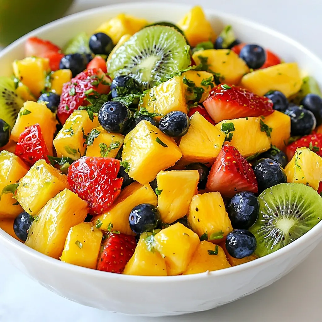 For this vibrant honey lime fruit salad, gather the following fresh fruits: - 1 cup fresh pineapple, diced - 1 cup ripe mango, diced - 1 cup strawberries, sliced into thin rounds - 1 cup kiwi, peeled and diced into small chunks - 1 cup plump blueberries These fruits bring color and flavor to your salad. Use ripe fruits for the best taste. The honey-lime dressing is simple but adds great flavor. You will need: - 2 tablespoons honey, preferably raw - 2 tablespoons freshly squeezed lime juice - Zest of 1 lime - A pinch of salt This dressing balances sweetness and acidity, making the fruit shine. To make your salad pop, consider these optional garnishes: - 1/4 cup fresh mint leaves, finely chopped Mint adds a refreshing touch and enhances the overall look. You can also serve with lime slices for extra zest. {{ingredient_image_2}} To start, gather your fresh fruits. You will need: - 1 cup fresh pineapple, diced - 1 cup ripe mango, diced - 1 cup strawberries, sliced into thin rounds - 1 cup kiwi, peeled and diced into small chunks - 1 cup plump blueberries In a large mixing bowl, add the diced pineapple, mango, strawberries, kiwi, and blueberries. Mix them gently to create a colorful medley. It's important to keep the pieces intact for a nice texture. Now, let's make the honey-lime dressing. You will need: - 2 tablespoons honey - 2 tablespoons freshly squeezed lime juice - Zest of 1 lime - A pinch of salt In a small bowl, whisk together the honey, lime juice, lime zest, and salt. Mix until it's smooth and well combined. This dressing adds a sweet and tangy flavor to your fruit salad. Next, it's time to combine everything. Drizzle the honey-lime dressing over your mixed fruit. Make sure to coat every piece. Use a spatula to gently fold the dressing into the fruit. Be careful not to mash the fruits. Now, add some fresh mint leaves for extra flavor. Sprinkle them on top and mix gently once more. Cover the bowl with plastic wrap or a lid. Place it in the fridge for at least 30 minutes. This helps the flavors blend together. Before serving, give the salad a light toss. Taste it; if you want it sweeter, add a little more honey. Enjoy your beautiful honey lime fruit salad! Mixing fruits can be tricky. Start with firm fruits like pineapple and mango. Add softer fruits like strawberries and kiwi later. This way, you keep everything intact. Stir gently to avoid squishing the fruits. You want a colorful mix, not a mushy blend. Want to jazz up your salad? Consider adding a sprinkle of chili powder for heat. A splash of coconut water can add tropical flair. You might also try adding a scoop of yogurt for creaminess. Just remember, keep it simple to let the fruits shine. Serving is key to impressing your guests. Use a clear glass bowl to show off the colors. Layer the fruits for a beautiful display. Garnish with extra mint leaves and a slice of lime on the side. This adds freshness and a pop of color. A well-presented salad makes every bite more enjoyable! Pro Tips Choose Ripe Fruits: Select fruits that are at peak ripeness for the best flavor and sweetness. Look for vibrant colors and a slight give when gently pressed. Use Fresh Lime Juice: Freshly squeezed lime juice enhances the flavor profile significantly compared to bottled juice. It provides a brighter and more refreshing taste. Chill Before Serving: Allowing the salad to chill for at least 30 minutes before serving helps the flavors meld together, creating a more cohesive taste experience. Experiment with Other Fruits: Feel free to add or substitute other seasonal fruits like papaya, watermelon, or oranges to customize the salad to your taste preferences. {{image_4}} You can change the fruits in this salad. Try using peaches, grapes, or oranges. Each fruit brings its own flavor. If you want a tropical twist, add papaya or passion fruit. This keeps the salad fresh and exciting. Mix and match according to what you love! If you want to try new flavors, swap the honey-lime dressing. A yogurt-based dressing offers a creamy touch. You can also use a splash of coconut milk for a tropical vibe. A simple lime juice and agave syrup mix can work well too. Each option gives a unique taste to the fruit mix. This salad suits many events. For brunch, serve it in small cups for easy eating. At picnics, pack it in a portable container to share. For a dinner party, use a glass bowl to show off the colors. Add extra mint leaves on top for a fancy touch. To store your honey lime fruit salad, put it in an airtight container. This keeps the fruits fresh. If you have leftovers, eat them within two days. This helps maintain the taste and texture. Keep the salad in the fridge. Avoid leaving it at room temperature for too long. If you mix the dressing in, eat it quickly. If not, store the dressing separately. This keeps the fruits from getting soggy. The fruit salad lasts about three days if stored properly. After that, the fruits may lose their quality. Always check for any signs of spoilage before eating. If the fruits look or smell off, it's best to discard them. Yes, you can use canned fruit. However, fresh fruit gives the best taste. Canned fruit may have added sugar and less flavor. If you choose canned fruit, drain it well. Rinse the fruit under cold water to reduce sweetness. This way, you can still enjoy a good salad. Each fruit in this salad is a healthy choice. Pineapple helps with digestion and is rich in vitamin C. Mango is full of fiber and antioxidants. Strawberries are low in calories and high in vitamin C. Kiwi packs a punch with vitamin K and potassium. Blueberries are known for their brain benefits and antioxidants. Mint adds a fresh touch and may help with digestion. Honey provides natural sweetness and has antioxidants too. To make the salad ahead, prepare the fruit and honey-lime dressing separately. Mix them just before serving. This keeps the fruit fresh and crunchy. You can store the salad in an airtight container in the fridge. It lasts well for one day. If you want to prepare it earlier, add a little lime juice to the fruit to slow browning. In this blog post, we explored how to create a fresh fruit salad. We discussed the key ingredients, including fresh fruits and honey-lime dressing. I shared step-by-step instructions for preparing the fruit and combining it with the dressing. We looked at tips for mixing flavors and presenting the dish beautifully. I also covered variations and storage tips to keep your salad fresh. In the end, this fruit salad is simple, fun, and great for any meal. Enjoy your tasty creations!