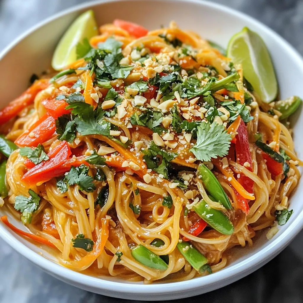 - 8 oz rice noodles - 1 tablespoon sesame oil - 1 red bell pepper, sliced into thin strips - 1 cup snap peas, trimmed and halved - 2 carrots, julienned (cut into matchstick pieces) - ½ cup scallions, sliced diagonally - 1 cup fresh cilantro leaves, roughly chopped - ½ cup creamy peanut butter - 3 tablespoons soy sauce - 2 tablespoons freshly squeezed lime juice - 2 teaspoons sriracha (adjust to your heat preference) - 1 tablespoon honey (or maple syrup for a vegan alternative) - 1 clove garlic, minced finely - Salt and freshly ground black pepper to taste - Crushed peanuts - Lime wedges - Additional herbs {{ingredient_image_2}} To boil rice noodles, start by filling a large pot with water. Bring that water to a full boil. Add the rice noodles and cook them for about 5 to 7 minutes. Check the package for exact times. Once they are soft, drain the noodles. Rinsing the noodles under cold water is key. This stops the cooking process and helps prevent sticking. For sautéing, heat sesame oil in a large skillet over medium heat. Wait until it shimmers before adding the veggies. I love to use red bell pepper, snap peas, and carrots. Cook these for 3 to 4 minutes. Stir often to keep them crisp. You want them tender but still bright and colorful. Making the peanut sauce is easy and fun! In a mixing bowl, add creamy peanut butter, soy sauce, lime juice, sriracha, honey, and minced garlic. Whisk these together well until smooth. If the sauce is thick, just add warm water. Do this one tablespoon at a time until you reach your desired thickness. To prevent noodles from sticking, rinse them under cold water right after cooking. This stops the cooking process. It also cools them down, making them easier to handle. You can also toss them in a bit of sesame oil. This adds flavor and helps keep them separate. If you want a different method, try soaking the noodles in hot water instead of boiling. This can give you a softer texture. To boost flavor, add a splash of soy sauce or more lime juice. These ingredients brighten the dish. You can also mix in fresh herbs like basil or mint for extra taste. If you want more heat, add extra sriracha. Start with a little and taste as you go. This way, you can find the right level for you. When serving, arrange the noodles in a large bowl. This makes a beautiful display. Top with crushed peanuts and a sprinkle of cilantro for color. Lime wedges on the side add a fresh touch. Guests can squeeze some lime juice on their portion. This adds a zesty kick and makes the dish pop visually. Pro Tips Perfectly Cooked Noodles: To achieve the ideal texture, cook the rice noodles just until al dente. They will continue to cook slightly when combined with the hot vegetables and sauce. Customize Your Heat: Adjust the amount of sriracha according to your preference. For a milder dish, start with less and add more to taste after mixing. Fresh Herbs Matter: Always use fresh cilantro for the best flavor. If you're not a fan of cilantro, basil can be a great substitute! Make It a Meal: Add protein such as grilled chicken, shrimp, or tofu to make this dish more filling and nutritious. {{image_4}} You can change some ingredients to fit your needs. For a vegetarian option, swap out honey for maple syrup. This keeps the dish vegan while still tasting great. If you want gluten-free choices, use tamari instead of soy sauce. It gives similar flavor without the gluten. You can use different nut butters for a twist. Almond butter or cashew butter works well, too. Each nut butter gives a unique taste to the dish. You can also add other sauces. Try hoisin sauce or sweet chili sauce for extra flavor. These options add sweetness and depth to the meal. Serve Spicy Thai Peanut Noodles with fresh lime wedges. The lime adds brightness and a zesty punch. You can also pair these noodles with grilled chicken or shrimp. This adds protein and keeps the meal satisfying. For meal prep, store the noodles and sauce separately. This keeps the noodles from getting soggy. Enjoy them throughout the week for quick lunches or dinners. You can store leftovers of spicy Thai peanut noodles for up to three days. After that, the noodles may lose their texture and flavor. To keep them fresh, place them in an airtight container. Glass or plastic containers work well. Make sure to let the noodles cool before sealing them tight. To reheat without losing flavor, use a skillet or a microwave. If using a skillet, add a little water or extra peanut sauce to keep the noodles moist. Heat over medium-low until warm. For a microwave, cover the noodles with a damp paper towel. This helps steam them and keeps them from drying out. For texture, avoid overheating. You want the noodles warm, not hot. If they get too hot, they may become mushy. Always check for flavor and adjust with a splash of soy sauce or lime juice before serving again. You can serve Spicy Thai Peanut Noodles with several side dishes. Here are some great options: - Spring Rolls: These are light and fresh. They pair well with the noodles. - Thai Salad: A salad with herbs and lime adds a nice crunch. - Grilled Chicken: The protein balances the noodles' flavors. - Steamed Broccoli: Great for added nutrients and color. Yes, you can make this dish ahead of time. Here are some meal prep tips: - Cook the Noodles: Prepare them and store them in the fridge. - Make the Sauce: You can mix the sauce and keep it in a jar. - Chop the Vegetables: Slice them a day before and store in a sealed bag. - Combine Before Serving: Heat the noodles and veggies, add sauce, then serve. You can easily customize the spiciness for your taste. Here’s how: - Sriracha: Start with less sriracha. You can always add more. - Chili Flakes: Sprinkle in chili flakes for extra heat. - Fresh Peppers: Add sliced fresh chili if you like it hot. - Remove Sriracha: If you want no heat, simply leave it out. These tips help make your meal just right for everyone! You now have a complete guide to making Spicy Thai Peanut Noodles. We covered the main ingredients like rice noodles and fresh veggies. I shared steps for cooking noodles, sautéing vegetables, and making the peanut sauce. You learned handy tips for flavor and presentation, plus variations for diet needs. I also included storage tips and FAQs to help you enjoy your dish later. By trying these ideas, you can create a simple, tasty meal. Enjoy experimenting with flavors and making it your own!