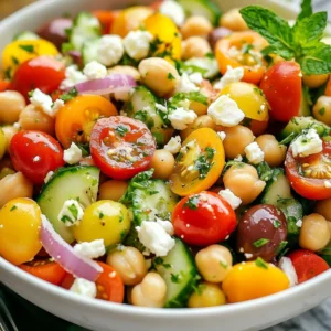 - 1 can (15 oz) chickpeas, thoroughly rinsed and drained - 1 cup cherry tomatoes, halved - 1 crisp cucumber, diced - 1/2 medium red onion, finely chopped - 1/4 cup Kalamata olives, pitted and sliced - 1/4 cup feta cheese, crumbled - 2 tablespoons fresh parsley, finely chopped - 1 tablespoon fresh mint, chopped To build a tasty Mediterranean chickpea salad, start with canned chickpeas. They are a great source of protein and fiber. Rinsing them well helps to remove excess sodium. The bright cherry tomatoes add sweetness and color. Dicing a crisp cucumber gives a refreshing crunch. Next, finely chop half a medium red onion for a mild flavor. This adds depth without overpowering the salad. Kalamata olives bring a salty, briny taste. Slicing them helps mix the flavor evenly. Feta cheese adds a creamy element. Crumbling it makes it easy to blend into the salad. Lastly, fresh herbs like parsley and mint give a burst of flavor. They also add a lovely green color. Using fresh herbs lifts the dish to a new level. - Juice of 1 fresh lemon - 3 tablespoons extra virgin olive oil - 1 teaspoon dried oregano - Salt and freshly ground black pepper to taste For the dressing, start with the juice of one fresh lemon. This adds brightness and acidity. High-quality extra virgin olive oil provides richness. It also helps blend the flavors. Adding dried oregano brings an aromatic essence, which is key to Mediterranean flavors. Finally, season with salt and freshly ground black pepper. This simple dressing ties all the ingredients together. A well-balanced dressing enhances every bite of salad. {{ingredient_image_2}} First, grab a big bowl. Add the chickpeas that you rinsed and drained. Next, toss in the halved cherry tomatoes, diced cucumber, finely chopped red onion, and sliced Kalamata olives. Stir these fresh ingredients gently to mix them well. This step brings out the bright colors and flavors of your salad. Now, let’s add some herbs. Sprinkle in the crumbled feta cheese. Then, add the chopped parsley and mint. These herbs will make your salad taste fresh and zesty. Mix again, but do it gently so the feta stays intact. In a small bowl, whisk together the fresh lemon juice, extra virgin olive oil, dried oregano, and a pinch of salt and pepper. This dressing adds a burst of flavor. Make sure to balance the flavors; you want it to be bright and tangy but not overpowering. Taste the dressing and see if it needs more lemon or salt. Adjust it according to your taste. The right balance will make your salad shine. Now, it’s time to bring everything together. Drizzle the dressing over the salad mixture. With a light touch, toss the salad so all the ingredients are coated. Each bite should be packed with flavor. Let the salad rest for at least 15 minutes. This waiting time helps the flavors blend beautifully. It makes every bite a delightful experience. Enjoy! Adjusting your seasoning is key. After mixing your salad, taste it. You might need more salt or lemon juice. A small change can make a big difference. I often add a splash of olive oil or a squeeze of lemon. This helps bring out the best in every bite. The resting time is also important. Letting the salad sit for at least 15 minutes allows the flavors to blend. The chickpeas soak up the tangy dressing. Each bite will burst with flavor! A chilled serving bowl makes a big impact. It keeps your salad fresh and cool. Plus, it looks great on the table. For garnishing, consider a sprig of fresh mint. It adds color and a nice scent. Arrange a few halved cherry tomatoes on top for a vibrant look as well. A little thought in presentation elevates your dish! Pro Tips Fresh Ingredients: Always use the freshest ingredients available, especially for herbs and vegetables, to enhance the flavor and nutritional value of your salad. Marination Time: Allow the salad to rest for at least 15 minutes after mixing. This resting period helps the flavors blend beautifully for a more delicious taste experience. Adjust to Taste: Don’t hesitate to adjust the seasoning according to your preference. A touch more lemon juice or olive oil can elevate the overall flavor significantly. Serving Suggestions: Serve this salad chilled for a refreshing experience, and consider pairing it with grilled meats or pita bread for a complete Mediterranean meal. {{image_4}} You can easily change the chickpea salad based on what you have. If you want to use different beans, try black beans or kidney beans. They give a nice twist to the dish. You can also add veggies like bell peppers or radishes for extra crunch. If you want to switch cheeses, you can use goat cheese or even a dairy-free alternative. These swaps can change the flavor and make the salad your own. For those who follow a vegan diet, simply leave out the feta cheese. The salad will still taste great without it. You can add a bit more olive oil or some avocado for creaminess. If you need a gluten-free option, this salad is already safe to eat. Just make sure any added ingredients are also gluten-free. This way, everyone can enjoy the fresh flavors without worry. To keep your Mediterranean Chickpea Salad fresh, put it in an airtight container. This helps the salad last longer. Store it in the fridge right after serving. The salad stays fresh for about 3 days. After that, the vegetables may lose their crunch. You can still eat it after three days, but the taste may change. You can freeze Mediterranean Chickpea Salad, but it’s not the best idea. Freezing can change the texture of the veggies. If you want to freeze it, place the salad in a freezer-safe container. Be sure to leave some space for expansion. It should stay good for up to 2 months. When you're ready to eat it, take it out of the freezer. Let it thaw in the fridge overnight. For best results, enjoy it cold without reheating. If you must reheat, do so gently. This may help the flavors come back together. You can easily prepare Mediterranean Chickpea Salad ahead of time. Start by making the salad base without the dressing. Combine the chickpeas, tomatoes, cucumber, onion, olives, feta, parsley, and mint in a bowl. Mix well and store it in the fridge. - Dressing Preparation: Whisk the lemon juice, olive oil, oregano, salt, and pepper in a separate bowl. - Storage: Keep the dressing in a jar or another container. - Assembly: When ready to serve, toss the salad with the dressing. This keeps everything fresh and crunchy. Yes, Mediterranean Chickpea Salad is healthy. It is full of good ingredients. Chickpeas provide protein and fiber. They help keep you full and satisfied. - Fresh Vegetables: Tomatoes and cucumbers offer vitamins and hydration. - Healthy Fats: Olive oil and olives add healthy fats. These fats support heart health. - Herbs: Parsley and mint add flavor and nutrients without extra calories. Yes, you can use dried chickpeas. Start by soaking them overnight in water. This helps them soften. - Cooking Dried Chickpeas: After soaking, drain and rinse them. Cook them in a pot of boiling water for 1 to 1.5 hours. They are done when soft. - Using in Salad: Let them cool before adding to your salad. This adds a fresh taste. This Mediterranean Chickpea Salad is easy and tasty. You learned about key ingredients, like chickpeas, fresh veggies, and herbs. The dressing adds zing with lemon juice and olive oil. Following simple steps, you can mix, toss, and serve the salad with flair. Remember to taste and adjust flavors. Explore variations by swapping ingredients to fit your diet. Store leftovers wisely, and don’t hesitate to prep this dish ahead of time for busy days. Enjoy the fresh, vibrant flavors packed in every bite!