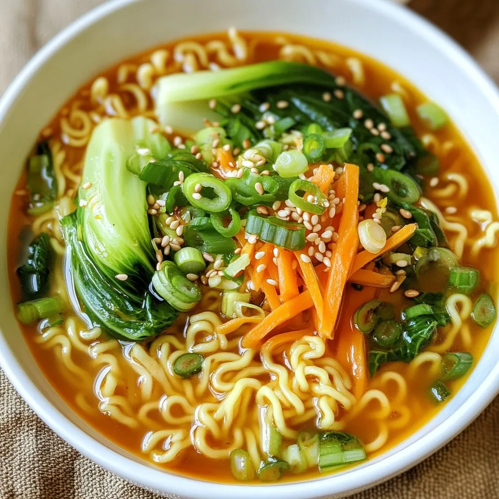 To create your spicy garlic ramen noodles, gather these fresh ingredients: - 200g fresh ramen noodles - 2 tablespoons vegetable oil - 4 cloves garlic, finely minced - 1 teaspoon fresh ginger, grated - 1 red chili pepper, thinly sliced - 2 cups vegetable broth - 2 tablespoons soy sauce - 1 tablespoon miso paste - 1 teaspoon toasted sesame oil - 1 cup bok choy, roughly chopped - 1 medium carrot, julienned - 2 green onions, chopped (for garnish) - 1 tablespoon toasted sesame seeds (for garnish) These ingredients come together for a dish that is both warming and exciting. The fresh ramen noodles provide a chewy base. Garlic and ginger add depth, while the chili pepper gives a kick. The vegetable broth brings everything together, making it savory. Miso paste enhances the umami flavor. The bok choy and carrot add color and crunch, while green onions and sesame seeds give the final touch. Each element plays its role in creating a delicious experience. {{ingredient_image_2}} To start, boil a large pot of water. Once it bubbles, add the fresh ramen noodles. Cook them for about 3 to 4 minutes, as the package suggests. When done, drain the noodles and set them aside in a bowl. Next, take a large saucepan and heat 2 tablespoons of vegetable oil over medium heat. Once it’s hot, add 4 cloves of minced garlic, 1 teaspoon of grated ginger, and 1 thinly sliced red chili pepper. Sauté this mix for about 2 minutes. Stir often until the garlic is fragrant and turns a light golden shade. Now, pour in 2 cups of vegetable broth. Add 2 tablespoons of soy sauce and 1 tablespoon of miso paste. Stir well to dissolve the miso fully. Bring the mixture to a gentle boil for great flavor. Toss in 1 cup of roughly chopped bok choy and 1 medium julienned carrot into the boiling broth. Let them simmer for about 3 to 4 minutes. The veggies should be tender but still bright and colorful. Reduce the heat to low and carefully add the drained ramen noodles to the broth. Drizzle in 1 teaspoon of toasted sesame oil. Stir gently to make sure each noodle gets coated in the spicy broth. Ladle the spicy garlic ramen into deep bowls. Top with chopped green onions and a sprinkle of toasted sesame seeds. This adds flavor and makes your dish look amazing! For the best taste, use fresh ramen noodles. They cook fast and have a great texture. You can find them in Asian markets or some grocery stores. If you can't get fresh noodles, try dried ramen. Just be sure to cook them according to the package directions. This will give you a nice chewy bite. If you want your ramen spicy, add red chili slices. Start with one thin slice. If you like it hotter, add more. You can also use chili flakes for a different kick. For a milder dish, leave out the chili or use less. Always taste as you go. This way, you can get the heat just right for your taste. A good-looking dish makes food more enjoyable. Serve the ramen in deep, colorful bowls. This highlights the bright veggies and toppings. You can also drizzle a little sesame oil on top for extra flavor. Top with green onions and sesame seeds for a nice crunch. This adds a lovely touch to your spicy garlic ramen. Pro Tips Adjust the Spice Level: If you prefer a milder ramen, reduce the amount of red chili pepper or remove the seeds to lessen the heat. Fresh vs. Dried Noodles: Fresh ramen noodles provide a chewier texture, but if unavailable, opt for high-quality dried noodles for a satisfying meal. Experiment with Toppings: Consider adding soft-boiled eggs, nori, or bean sprouts for additional texture and flavor. Storage Tips: Store leftover broth and noodles separately in airtight containers to maintain freshness for a day or two. {{image_4}} You can add protein to your spicy garlic ramen for extra flavor and nutrition. Here are some great options: - Chicken: Cook bite-sized pieces of chicken in the sauce until done. Add them before mixing in the noodles. - Shrimp: Toss shrimp in during the broth phase. Cook them just until pink, about 2-3 minutes. - Tofu: Use firm tofu. Cube it and fry until golden. Add it when you mix in the noodles for a nice texture. If you want a vegetarian or vegan version, you can easily swap some ingredients: - Broth: Use mushroom broth instead of vegetable broth for a richer taste. - Miso Paste: Pick a vegan miso paste to keep it plant-based. - Vegetables: Load up on extra veggies like bell peppers or mushrooms for added flavor. Boost the flavor of your ramen with these simple additions: - Chili Oil: Drizzle some chili oil on top for extra spiciness. - Sesame Seeds: Add more toasted sesame seeds for a nutty crunch. - Green Onions: Toss in more chopped green onions for a fresh finish. - Soy Sauce: A splash of extra soy sauce can deepen the flavor. These variations let you customize your spicy garlic ramen to fit your tastes. Enjoy experimenting! To keep your spicy garlic ramen fresh, store it in an airtight container. Place the noodles and broth in separate containers if possible. This prevents the noodles from getting mushy. You can store leftovers in the fridge for up to three days. Make sure to cool the ramen completely before sealing the container. This helps avoid condensation and keeps your dish tasty. To reheat, use a pot on the stove. Pour the broth into the pot and heat it over medium heat. Add the noodles once the broth is hot. Stir gently for about two to three minutes. This helps the flavors come back without losing their taste. You can also use the microwave. Heat the ramen in short bursts, stirring in between. This method also works well for keeping the flavor intact. Yes, you can freeze ramen noodles and broth. To do this, let the dish cool completely. Pour the broth and noodles into freezer-safe bags. Remove as much air as possible before sealing. This helps prevent freezer burn. You can freeze it for up to three months. When ready to eat, thaw it in the fridge overnight. Then follow the reheating instructions to enjoy your ramen again. To serve spicy garlic ramen, use deep bowls. This helps show off the colorful veggies. You can add a drizzle of sesame oil on top for extra flavor. A fresh touch of green onions and sesame seeds adds a nice crunch. This makes your dish look as great as it tastes! Leftover spicy garlic ramen noodles can stay good for about three days. Store them in an airtight container to keep them fresh. When you're ready to eat, just reheat them on the stove or in the microwave. Make sure to add a splash of broth or water to keep them moist. Yes, you can use instant ramen! Just cook the noodles according to the package. Skip the boiling step for fresh noodles. Instant ramen cooks faster, so adjust the cooking time. You can still follow the sauce and veggie steps for great flavor. If you lack miso paste, try using tahini or peanut butter. Both add a creamy texture and rich taste. You can also use soy sauce for a salty flavor. Adjust the amount based on how strong you want the taste to be. This blog post covered a tasty garlic ramen recipe that is simple and rewarding. You learned the key ingredients, steps to cook, and various tips to enhance your meal. Remember to adjust spice levels to your taste and experiment with proteins or substitutes. Proper storage will keep leftovers fresh. Overall, this delicious ramen dish offers flexibility and flavor. Enjoy your cooking and share it with others for a delightful experience!
