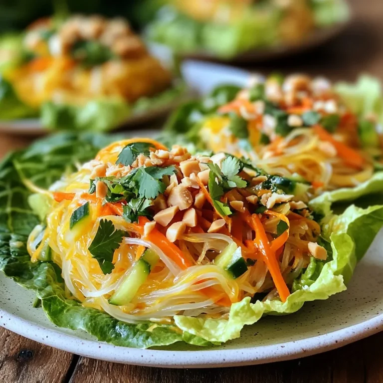 - 8 ounces rice noodles - 1/4 cup creamy peanut butter - 2 tablespoons soy sauce (or tamari for gluten-free) - 1 tablespoon sesame oil - 1 tablespoon fresh lime juice - 1 teaspoon freshly grated ginger - 1 clove garlic, finely minced - 1 cup shredded carrots - 1 cup red bell pepper, thinly julienned - 1 cup cucumber, sliced into thin rounds - 8 large lettuce leaves (such as butter or romaine) - Chopped peanuts and fresh cilantro for garnish The ingredients for Peanut Noodle Lettuce Wraps are simple yet full of flavor. The star here is the rice noodles. They bring a soft, chewy texture. Cooking them right is key. I recommend rinsing them with cold water after boiling. This step cools them down and stops the cooking. Next, we have creamy peanut butter. It gives the dish a rich taste. Mixing it with soy sauce, sesame oil, lime juice, ginger, and garlic creates a smooth and tasty sauce. This blend makes the noodles shine. The fresh veggies add color and crunch. Carrots, red bell pepper, and cucumber not only look good but also boost nutrition. They bring vitamins and freshness to the wraps. Lastly, the lettuce leaves are the perfect vessel. They hold the noodle mixture well. Garnishing with chopped peanuts and cilantro adds a nice touch. The peanuts give a crunchy bite, while cilantro brings a bright flavor. Gather these ingredients, and you're on your way to a fresh, tasty meal! {{ingredient_image_2}} To cook rice noodles, start by boiling water in a pot. Add the noodles and cook them as the package says. Once they are soft, drain the noodles. Rinse them under cold water to stop them from cooking more. This keeps the noodles from becoming mushy. After rinsing, set the noodles aside. For the peanut sauce, grab a medium bowl. Add creamy peanut butter, soy sauce, sesame oil, lime juice, grated ginger, and minced garlic. Use a whisk or fork to mix everything well. Keep mixing until the sauce is smooth and creamy. If it feels too thick, add a little water. Stir in the water slowly until you like the sauce's thickness. In a large bowl, mix shredded carrots, julienned red bell pepper, and sliced cucumber. Then, add the cooled rice noodles with peanut sauce. Gently fold the vegetables into the noodles. Make sure all ingredients are mixed well. To assemble the wraps, take a large lettuce leaf. Scoop some of the peanut noodle mixture into the center. For an extra touch, sprinkle chopped peanuts and fresh cilantro on top. Carefully fold the sides of the leaf to make a wrap. Enjoy your fresh and tasty peanut noodle lettuce wraps! To make your peanut sauce creamier, try adding more peanut butter. You can also blend in a bit of coconut milk for a rich texture. If you want a nut-free option, swap peanut butter for almond butter or sunflower seed butter. Both will still give you that creamy feel. When you fold your lettuce wraps, place the filling in the center. Then, fold in the sides first and roll it up tightly. This helps keep the filling inside. To avoid spills, don’t overstuff your wraps. A little filling goes a long way. For a delightful crunch, sprinkle chopped peanuts or sesame seeds on top. This adds a nice texture contrast. If you like heat, add chili flakes or a drizzle of sriracha. This will give your wraps a fun kick. Pro Tips Choose the Right Lettuce: Opt for sturdy lettuce leaves like romaine or butter lettuce, as they hold up well and create a great wrap without tearing. Customize Your Veggies: Feel free to mix in other vegetables such as bell peppers, radishes, or snap peas for added crunch and flavor. Adjust the Sauce: If you prefer a spicier kick, add a dash of sriracha or chili paste to the peanut sauce for an extra layer of flavor. Prep Ahead: You can prepare the noodle mixture and chop the vegetables ahead of time, storing them separately in the refrigerator to save time during assembly. {{image_4}} To make these wraps gluten-free, swap soy sauce for tamari. Tamari has a rich flavor and works well with the peanut sauce. You can also use alternative noodles like zucchini noodles or quinoa noodles. These options keep your dish light and fresh while still being delicious. For a vegetarian or vegan twist, add plant-based proteins. Tofu or tempeh are great choices. Simply sauté them in a bit of sesame oil for extra flavor. You can also sprinkle nutritional yeast in the peanut sauce. It adds a cheesy taste that enhances the dish without dairy. Seasonal vegetables can brighten your wraps. In spring, try adding radishes or snap peas for a crisp bite. In the fall, roasted sweet potatoes can add a warm, sweet note. Fresh herbs like basil or mint bring a burst of flavor. These small changes make each wrap unique and full of freshness. To keep your peanut noodle lettuce wraps fresh, store them in the fridge. Place the wraps in an airtight container. This keeps moisture out and helps maintain flavor. For the noodles, use a separate container. This prevents the lettuce from wilting. - Best Practices: - Wrap each lettuce wrap in plastic wrap. - Store noodles in a bowl with a lid. When you want to eat leftovers, reheating is key. Gently warm the noodles in a pan over low heat. Add a splash of water if they seem dry. This helps keep the texture soft. If you prefer cold noodles, enjoy them straight from the fridge. They taste great chilled too! - Tips for Serving Cold Leftovers: - Drizzle with a bit of soy sauce. - Add a squeeze of lime for freshness. Each part of your dish has a different shelf life. Rice noodles last about a week if kept dry. Peanut butter can last months when stored properly. Fresh veggies like carrots and cucumbers should be used within five days. Always check for spoilage! - Signs of Spoilage: - Slimy or brown lettuce leaves. - Sour smell from the noodles or sauce. - Mold on any ingredient, discard immediately. Yes, you can prepare the Peanut Noodle mixture ahead of time. This saves time for busy days. - Make the peanut sauce and cook the rice noodles. - Store them in the fridge for up to three days. - Just toss in the fresh veggies right before serving for crunch and flavor. If you don't have rice noodles, you can use other options. - Try soba noodles for a nutty taste. - Use whole wheat spaghetti for a healthier choice. - Quinoa or brown rice is also a great option. Peanut Noodle Lettuce Wraps are quite healthy. They mix fresh veggies with protein-rich peanuts. - Each serving has vitamins from the carrots, bell peppers, and cucumbers. - The peanut butter provides healthy fats and protein. - Plus, using lettuce instead of bread cuts down carbs. These wraps are flavorful and fresh, making them a guilt-free treat! Peanut Noodle Lettuce Wraps are tasty and fun to make. You learned about key ingredients, step-by-step cooking, handy tips, and tasty variations. You can enjoy them right away or save leftovers. Making these wraps allows for lots of creativity. Feel free to try different noodles or veggies. Customizing your wraps makes them special. With this guide, you can impress friends and family. Enjoy your cooking and the delicious bite of flavors!