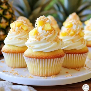- 1 cup all-purpose flour - 1/2 cup granulated sugar - 1/2 cup unsweetened shredded coconut - 1 teaspoon baking powder - 1/2 teaspoon baking soda - 1/4 teaspoon salt - 1/2 cup pineapple juice - 1/3 cup vegetable oil - 1 large egg - 1 teaspoon vanilla extract - 1/2 cup crushed pineapple, drained - Optional: Cream cheese frosting, for topping You can substitute all-purpose flour with a gluten-free blend for a gluten-free option. For sugar, use coconut sugar for a richer flavor. Unsweetened shredded coconut adds texture, but you can use sweetened if you prefer a sweeter taste. If you want a dairy-free option, try almond milk instead of pineapple juice. You can also replace vegetable oil with melted coconut oil for added coconut flavor. You will need: - An oven - A muffin tin - Cupcake liners - Two mixing bowls (one large, one medium) - A whisk - A spatula - A toothpick for testing doneness - A wire rack for cooling cupcakes Gather these tools before starting for a smooth baking experience! {{ingredient_image_2}} First, set your oven to 350&deg;F (175&deg;C). This step is vital for even baking. Next, line your muffin tin with cupcake liners. This keeps your cupcakes from sticking and makes cleanup easy. In a large bowl, add the following dry ingredients: - 1 cup all-purpose flour - 1/2 cup granulated sugar - 1/2 cup unsweetened shredded coconut - 1 teaspoon baking powder - 1/2 teaspoon baking soda - 1/4 teaspoon salt Whisk these ingredients well. Make sure they blend fully. A good mix helps your cupcakes rise nicely. In another bowl, mix your wet ingredients: - 1/2 cup pineapple juice - 1/3 cup vegetable oil - 1 large egg - 1 teaspoon vanilla extract Whisk them together. Aim for a smooth, even mixture. This part adds flavor and moisture to your cupcakes. Now, add 1/2 cup of drained crushed pineapple to your wet mix. Use a spatula to fold it in gently. This helps keep your batter airy and light. Distributing the pineapple evenly is key for flavor. Pour the batter into your cupcake liners. Fill each about two-thirds full. This allows space for rising. Place the muffin tin in the oven and bake for 18-20 minutes. To check if they're done, insert a toothpick. It should come out clean. After baking, let the cupcakes cool in the tin for 5 minutes. Then, move them to a wire rack. Let them cool completely before frosting. If you want, top with cream cheese frosting. For a fun touch, sprinkle extra shredded coconut on top. Enjoy your sweet, tropical treat! To make light and fluffy pineapple coconut cupcakes, start with room-temperature ingredients. This helps them blend better. Whisk together the dry ingredients well. This ensures even mixing. When you add the wet mix to the dry, stir gently. Over-mixing creates dense cupcakes, which we want to avoid. Folding in the crushed pineapple helps keep the batter airy. Fill each cupcake liner only two-thirds full. This gives them room to rise without overflowing. Cream cheese frosting pairs perfectly with these cupcakes. Its tang balances the sweetness of the cake. You can also use whipped cream for a lighter option. If you want a fruity twist, mix in some crushed pineapple into the frosting. This keeps the flavor strong and delicious. For a fun color, add a few drops of food coloring. It makes the cupcakes pop on a party table. Garnishing can make your cupcakes more appealing. After frosting, sprinkle extra shredded coconut on top. It adds texture and looks great. You can also add fresh pineapple slices or mint leaves for a fresh touch. If you like a tropical vibe, use edible flowers. They add a burst of color and charm. For a crunch, try toasting some coconut flakes and sprinkle those on top. Pro Tips Fresh Ingredients: Using fresh pineapple juice and crushed pineapple will enhance the flavor of your cupcakes, giving them a more vibrant and natural taste. Don&rsquo;t Overmix: Mix the batter until just combined to ensure light and fluffy cupcakes. Overmixing can lead to dense cupcakes. Cooling Time: Allow your cupcakes to cool completely before frosting. This prevents the frosting from melting and ensures a beautiful presentation. Frosting Variations: Experiment with different frosting options, such as coconut whipped cream or vanilla buttercream, to find your favorite pairing with these cupcakes. {{image_4}} You can easily make these cupcakes vegan. Replace the egg with a flax egg. To make a flax egg, mix 1 tablespoon of ground flaxseed with 2.5 tablespoons of water. Let it sit until it thickens. Use coconut milk in place of the pineapple juice. This keeps the same tropical flavor while making it suitable for everyone. If you need gluten-free cupcakes, swap the all-purpose flour for a gluten-free blend. Many blends work well, but look for one that includes xanthan gum. This helps the cupcakes hold their shape. Ensure your baking powder is gluten-free too. With these swaps, you can enjoy these delightful cupcakes without gluten. Want to mix up the flavor? Try adding lime zest to the batter for a zesty twist. A teaspoon of lime juice can brighten the taste. If you're feeling adventurous, add a splash of rum to the wet ingredients. It adds a rich depth to the flavor. You can also fold in chocolate chips for an unexpected treat. These small tweaks make your pineapple coconut cupcakes even more exciting! To keep your cupcakes fresh, place them in an airtight container. This helps keep them moist. You can put them at room temperature for up to three days. If your kitchen is warm, store them in the fridge. Just remember to bring them back to room temp before eating. You can freeze these delightful cupcakes for later. First, let them cool completely. Then, wrap each cupcake tightly in plastic wrap. For extra protection, place them in a freezer bag. They will stay good for up to three months. When you&rsquo;re ready to enjoy them, simply thaw them in the fridge overnight. These pineapple coconut cupcakes last about three days at room temperature. In the fridge, they can last up to a week. Always check for any off smells or changes in texture before eating. Enjoying them while they are fresh gives you the best taste! Yes, you can use fresh pineapple. Just chop it into small pieces. Fresh pineapple adds a bright flavor. Make sure to drain any juice before adding it to the batter. This keeps your cupcakes from getting too wet. If you want a frosting swap, try buttercream. You can also use whipped cream or coconut cream. Both options give a light and tasty finish. Just be sure to add some sweetener for taste. Check your cupcakes at 18 minutes. Insert a toothpick in the center. If it comes out clean, they're done! If not, bake for two more minutes. Keep an eye on them to avoid overbaking. Yes, you can make the batter ahead! Store it in the fridge for up to 24 hours. Just remember to stir it gently before pouring into the liners. Fresh batter helps keep the cupcakes light. Absolutely! These cupcakes are perfect for any gathering. They look great and taste even better. You can easily make a big batch too. Everyone will love the tropical flavor! You now have all the tools to create delicious pineapple coconut cupcakes. We covered essential ingredients, measurements, and equipment. I guided you through easy baking steps and shared tips for light, fluffy results. We also explored fun variations and smart storage methods. Finally, I answered common questions to help you along the way. Enjoy making these treats for any occasion&mdash;your taste buds will thank you!