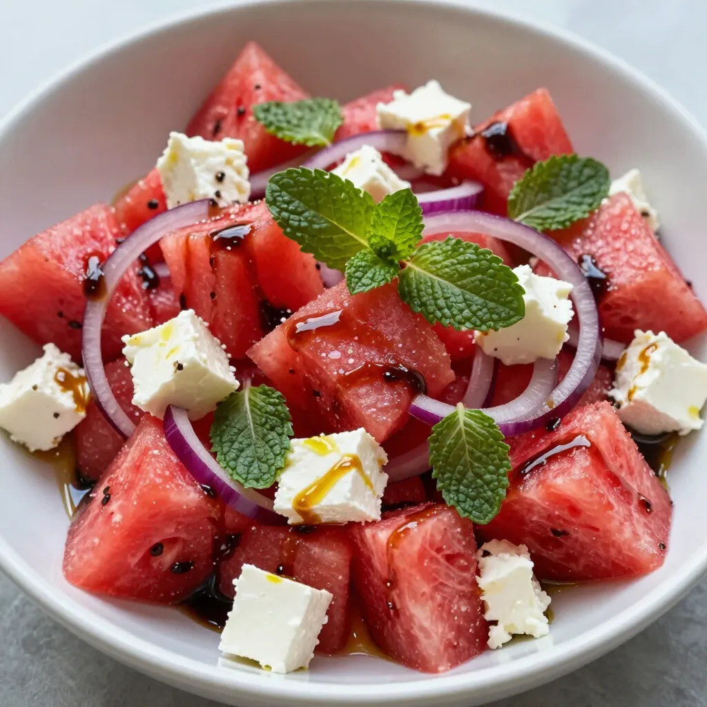 - 4 cups of ripe watermelon, cut into bite-sized cubes - 1 cup of creamy feta cheese, crumbled - 1/2 medium red onion, paper-thin sliced - 1/4 cup of fresh mint leaves, finely chopped - 2 tablespoons of balsamic glaze - 1 tablespoon of high-quality extra virgin olive oil Watermelon is the star of this salad. Choose a ripe watermelon for the best taste. Look for a firm feel and a deep color. Feta cheese adds a creamy, salty contrast. I love using a quality brand for the best flavor. Red onion offers a sharp bite that balances the sweetness of the fruit. Fresh mint leaves bring a bright, herbal note. They make the salad refreshing. Balsamic glaze adds a rich sweetness, while olive oil gives a smooth finish. - Kosher salt and freshly ground black pepper to taste - Optional garnishes such as extra mint leaves Seasoning is key to enhancing all the flavors. Use kosher salt and fresh black pepper to taste. These simple ingredients can really elevate the dish. You can also add extra mint leaves as a garnish. This makes the salad look beautiful and inviting. Consider drizzling more balsamic glaze right before serving for a stunning finish. {{ingredient_image_2}} - Washing and Cutting the Watermelon: Start by washing the watermelon well. This step is key to removing dirt and germs. Cut the watermelon into bite-sized cubes. Aim for about 4 cups of cubes for your salad. Place the cubes into a big mixing bowl. - Crumbling the Feta Cheese: Next, take 1 cup of feta cheese. Crumble it gently with your hands or use a fork. Make sure the feta is spread out evenly. This way, each bite has a good mix of flavors. - Slicing the Red Onion: Now, grab half of a medium red onion. Slice it very thin. Use a sharp knife for easy cutting. Add the thin onion slices to the bowl. This will give the salad a nice crunch and flavor. - Layering the Ingredients: Begin by layering the crumbled feta over the watermelon. Then, sprinkle the red onion slices across the top. This helps keep the flavors balanced as you mix. - Preparing the Dressing: In a small bowl, whisk together 2 tablespoons of balsamic glaze and 1 tablespoon of extra virgin olive oil. Mix until smooth. This dressing will add a rich flavor to your salad. - Mixing the Salad Gently: With a large spoon or spatula, gently toss the salad. Be careful not to break the feta. You want all the ingredients to blend, but stay intact. - Resting Time for Optimal Flavor: For the best taste, let the salad rest for 10-15 minutes. This time allows the flavors to mix well. When ready, serve it in a large, shallow bowl. Enjoy the fresh, vibrant flavors! Choosing Ripe Watermelon To choose a ripe watermelon, look for a yellow spot on its skin. This spot shows where it sat on the ground and ripened. A ripe watermelon feels heavy for its size. Tap it; a deep sound means it's juicy inside. Avoid watermelons with dents or soft spots. Selecting Good-quality Feta Cheese When picking feta cheese, look for creamy texture and a fresh scent. If it comes in a brine, that’s best. Feta should be crumbly but hold its shape. Avoid feta that appears dry or has an off smell. Tips for Proper Seasoning Season the salad with kosher salt and freshly ground black pepper to taste. Start with a pinch, then add more if needed. Always mix gently to keep the feta intact. This salad needs just the right touch of salt to enhance its flavors. Rolling Fresh Mint Leaves for Easy Chopping To chop mint easily, stack and roll the leaves tightly. Then slice them thinly. This technique, called chiffonade, gives you smaller pieces without bruising the leaves. Fresh mint brings a bright flavor that balances the sweet watermelon and salty feta. Ideal Pairings with Other Dishes Watermelon feta salad pairs well with grilled meats like chicken or lamb. It’s great alongside a simple fish dish. This salad also works nicely with crusty bread and a glass of chilled white wine. Presentation Tips for Serving Serve the salad in a large, shallow bowl to showcase its colors. Garnish with extra mint leaves for a pop of green. Just before serving, drizzle a bit of balsamic glaze on top. This adds an eye-catching finish and boosts flavor. Pro Tips Choose the Right Watermelon: Look for a watermelon that feels heavy for its size and has a uniform shape. A yellow spot on one side indicates ripeness. Chill Your Ingredients: For the most refreshing experience, chill the watermelon, feta, and dressing before assembling the salad. Feta Cheese Variety: Opt for high-quality feta cheese; Greek feta tends to be creamier and adds a richer flavor to the salad. Layer Flavors: Consider adding a squeeze of fresh lime juice to enhance the flavors and add a zesty kick. {{image_4}} You can switch things up by adding more fruits. Cucumber adds a nice crunch. Avocado brings creaminess and healthy fats. These fruits play well with the watermelon and feta. Another option is using different cheeses. Goat cheese has a tangy taste that pairs well with watermelon. It offers a new twist on the classic salad. Try a citrus-based dressing for a zesty kick. Lemon or lime juice brightens the flavors. You can mix it with olive oil for balance. Herb-infused oils also work great. A basil or rosemary oil can add depth. This brings in fresh notes that elevate the dish. Want a gluten-free version? This salad is naturally gluten-free, so you’re all set. For a vegan option, skip the feta and use a nut-based cheese. This keeps the salad fresh while meeting dietary needs. You still get great taste without dairy. Best Practices for Refrigeration To keep your leftover watermelon feta salad fresh, place it in an airtight container. Make sure to remove as much air as possible before sealing. This will help maintain the salad's flavor and texture. Avoid mixing the salad again after storage to keep the feta intact. Duration for Freshness The salad stays good in the fridge for about 2 to 3 days. Keep an eye on it, as watermelon can release water and affect the salad's taste. If you see excess liquid, it’s best to drain it before eating. Tips for Preparing to Freeze Freezing watermelon feta salad is not ideal due to the texture of the watermelon. If you must freeze it, consider storing the watermelon and feta separately. This way, you can enjoy them fresh later. Cut the watermelon into cubes and freeze them on a tray. Once frozen, transfer them to a freezer bag. How to Serve After Thawing When ready to serve, thaw the watermelon in the fridge overnight. Avoid using a microwave, as it can make the watermelon mushy. Once thawed, mix the watermelon with fresh feta and mint for a quick salad. Drizzle with balsamic glaze and olive oil before serving for a refreshing meal. Can I make the salad ahead of time? Yes, you can make the salad ahead. Just store it in the fridge. However, the best flavor comes from serving it fresh. If you prepare it early, keep the dressing separate. Add it right before serving to keep the salad crisp. How long does watermelon feta salad last in the fridge? Watermelon feta salad lasts about 2 to 3 days in the fridge. Make sure you keep it in an airtight container. After that, the watermelon may get mushy, and the flavors might fade. Always check for freshness before eating. What can I use instead of feta cheese? If you don’t have feta, try goat cheese or ricotta. These cheeses give a creamy texture. You can also use tofu for a vegan option. It won’t taste the same, but it will still be good! Is it possible to use a different dressing? Yes! You can swap the balsamic glaze for a citrus dressing. A mix of lemon juice and olive oil works well. You could also use honey mustard for a sweeter flavor. Feel free to experiment! What are the calories in watermelon feta salad? A serving of watermelon feta salad has about 170 calories. This can vary based on the amount of cheese and dressing you use. It’s a light dish, making it a great option for a snack or side. Is this salad healthy? Yes, this salad is healthy! It includes fresh fruit, cheese, and herbs. Watermelon is hydrating and low in calories. Feta adds protein and calcium. Just watch the amount of dressing for lower calories. This blog post covered how to make a delicious watermelon feta salad. We discussed main ingredients like juicy watermelon, tangy feta, and fresh mint. I shared tips for selecting the best produce and perfecting your flavors. You can also explore variations, dressing options, and storage tips to keep leftovers fresh. Incorporating these ideas will help you create a tasty dish that impresses everyone. Enjoy experimenting and making this salad your own!