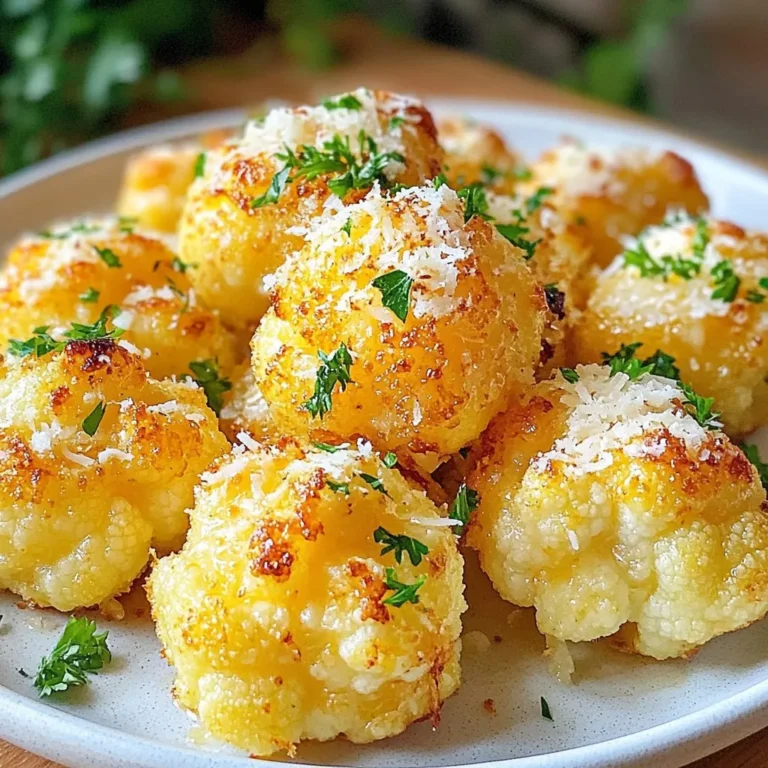 - 1 medium head of cauliflower, cut into bite-sized florets - 3 tablespoons extra virgin olive oil - 4 cloves of garlic, finely minced - ½ teaspoon smoked paprika - ½ cup freshly grated Parmesan cheese Cauliflower is the star here. It gives a great texture. The olive oil helps everything stick and adds flavor. Garlic adds a nice punch. Smoked paprika gives a hint of warmth. Lastly, Parmesan cheese brings that wonderful cheesy goodness. - ¼ teaspoon freshly ground black pepper - ¼ teaspoon sea salt - 1 tablespoon fresh parsley, finely chopped (for garnish) Black pepper adds some bite. Sea salt enhances all the flavors. Fresh parsley not only looks pretty but also adds freshness. - Baking sheet - Parchment paper - Large mixing bowl You need a baking sheet to roast the bites. Parchment paper makes clean-up easy and prevents sticking. A large mixing bowl helps you combine everything well. {{ingredient_image_2}} Start by preheating your oven to 425°F (220°C). This temperature helps the cauliflower get that perfect crisp. While the oven warms up, line your baking sheet with parchment paper. This keeps the bites from sticking and makes clean-up easy. In a large mixing bowl, add the cauliflower florets. Pour in the olive oil and add minced garlic, smoked paprika, sea salt, and black pepper. Use your hands or a spatula to toss everything together. Make sure each floret gets a good coat of oil and spices. This step is key for flavor. Now, spread the seasoned cauliflower florets on the lined baking sheet. Keep them in a single layer. This helps them roast evenly. Place the baking sheet in the oven and roast for about 20 minutes. You want them tender and golden brown. After the first round of roasting, take the baking sheet out of the oven. Sprinkle the freshly grated Parmesan cheese over the cauliflower. This will add a cheesy, crispy layer. Return the baking sheet to the oven for another 5-7 minutes. Watch for the cheese to melt and bubble. When it's ready, the bites will have a nice cheesy crust. Let them cool for a minute before serving. For a pop of color, garnish with chopped fresh parsley. Enjoy your tasty snack! To get the best texture, keep the cauliflower florets in a single layer. This helps them roast evenly. If they stack on top of each other, some pieces may cook too much while others stay raw. Watch the cheese as it melts. You want it to become bubbly but not burned. Take it out when it looks golden and delicious. Spices and herbs can make your bites even tastier. Try adding a pinch of cayenne pepper for heat. You can also add dried oregano or thyme for extra flavor. If you want to switch up the cheese, consider sharp cheddar or mozzarella. Each cheese brings a unique flavor that can change your dish. These bites pair well with a variety of dips. Serve them with marinara sauce or a garlic aioli for dipping. For a lovely presentation, place the bites on a rustic wooden platter. Drizzle a little olive oil on top and scatter fresh parsley leaves for color. This makes your dish look as good as it tastes. Pro Tips Choose the Right Cauliflower: Opt for a firm, fresh head of cauliflower with tightly packed florets for the best texture and flavor. Don’t Overcrowd the Baking Sheet: Ensure the cauliflower florets are spaced out in a single layer to achieve even roasting and crispiness. Experiment with Cheese: While Parmesan is delicious, try using a mix of cheeses like cheddar or mozzarella for a different flavor profile. Serve Immediately: For the best taste and texture, serve the Garlic Parmesan Cauliflower Bites right out of the oven while they are hot and crispy. {{image_4}} You can change the cheese to add new flavors. Sharp cheddar gives a bold taste. Mozzarella melts well and adds creaminess. If you're vegan, use plant-based cheese. There are many types to try. Nutritional yeast is also a great option for a cheesy flavor without dairy. Want some heat? Add cayenne pepper or red pepper flakes. A little goes a long way. Start with a pinch and taste. You can always add more if you want it spicier. This twist makes your Garlic Parmesan Cauliflower Bites exciting and fun. If you want to mix it up, use other veggies. Broccoli works well and has a nice crunch. Brussels sprouts are another great choice. They roast beautifully and take on flavors well. Feel free to try different vegetables for a unique snack. For storing Garlic Parmesan Cauliflower Bites, use an airtight container. Glass containers work great. They keep the bites fresh longer than plastic. Place them in the fridge right after they cool down. This keeps them safe to eat for up to three days. To reheat, use the oven or an air fryer. Preheat your oven to 350°F (175°C). Place the bites on a baking sheet. Heat for about 10 minutes. This method keeps them crispy. Avoid using a microwave, as it makes them soggy. You can freeze these bites for later use. First, let them cool completely. Then, place them in a single layer on a baking sheet. Freeze until firm, about one hour. After that, transfer them to a freezer bag. They can stay frozen for up to two months. To thaw, take them out of the freezer and leave them in the fridge overnight. You can then reheat in the oven or air fryer. This way, they taste almost as fresh as when you first made them. Yes, you can prep the bites ahead of time. Cut the cauliflower and mix it with oil and spices. Place it in the fridge for up to 24 hours. When you're ready, roast them as directed. This way, you save time and still enjoy fresh bites. If you have leftovers, you can reheat them in the oven for a crispy texture. Just 10 minutes at 350°F (175°C) works well. These bites pair well with many dishes. Try serving them with a tangy dipping sauce like ranch or garlic aioli. They also go great with grilled chicken or fish for a complete meal. You can even add them to a salad for extra crunch and flavor. They make a tasty snack on their own too! Making this recipe gluten-free is easy. All the ingredients in the bites are naturally gluten-free. Just ensure the Parmesan cheese you use is labeled gluten-free. Some brands may add fillers that contain gluten. This way, you can enjoy the bites without worry! In this blog post, we explored making Garlic Parmesan Cauliflower Bites. You learned about the ingredients, tools, and steps to roast the perfect bites. I shared tips for great texture and flavor, along with fun variations. Remember, you can customize this recipe and store leftovers easily. Experimenting is key, so don't hesitate to try different cheeses or spices. Enjoy creating a tasty snack that fits your taste!