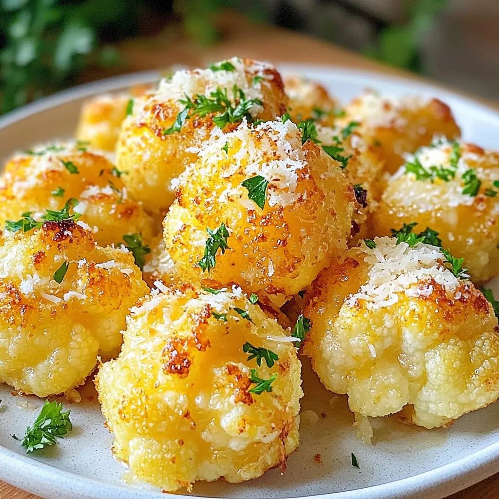 - 1 medium head of cauliflower, cut into bite-sized florets - 3 tablespoons extra virgin olive oil - 4 cloves of garlic, finely minced - ½ teaspoon smoked paprika - ½ cup freshly grated Parmesan cheese Cauliflower is the star here. It gives a great texture. The olive oil helps everything stick and adds flavor. Garlic adds a nice punch. Smoked paprika gives a hint of warmth. Lastly, Parmesan cheese brings that wonderful cheesy goodness. - ¼ teaspoon freshly ground black pepper - ¼ teaspoon sea salt - 1 tablespoon fresh parsley, finely chopped (for garnish) Black pepper adds some bite. Sea salt enhances all the flavors. Fresh parsley not only looks pretty but also adds freshness. - Baking sheet - Parchment paper - Large mixing bowl You need a baking sheet to roast the bites. Parchment paper makes clean-up easy and prevents sticking. A large mixing bowl helps you combine everything well. {{ingredient_image_2}} Start by preheating your oven to 425°F (220°C). This temperature helps the cauliflower get that perfect crisp. While the oven warms up, line your baking sheet with parchment paper. This keeps the bites from sticking and makes clean-up easy. In a large mixing bowl, add the cauliflower florets. Pour in the olive oil and add minced garlic, smoked paprika, sea salt, and black pepper. Use your hands or a spatula to toss everything together. Make sure each floret gets a good coat of oil and spices. This step is key for flavor. Now, spread the seasoned cauliflower florets on the lined baking sheet. Keep them in a single layer. This helps them roast evenly. Place the baking sheet in the oven and roast for about 20 minutes. You want them tender and golden brown. After the first round of roasting, take the baking sheet out of the oven. Sprinkle the freshly grated Parmesan cheese over the cauliflower. This will add a cheesy, crispy layer. Return the baking sheet to the oven for another 5-7 minutes. Watch for the cheese to melt and bubble. When it's ready, the bites will have a nice cheesy crust. Let them cool for a minute before serving. For a pop of color, garnish with chopped fresh parsley. Enjoy your tasty snack! To get the best texture, keep the cauliflower florets in a single layer. This helps them roast evenly. If they stack on top of each other, some pieces may cook too much while others stay raw. Watch the cheese as it melts. You want it to become bubbly but not burned. Take it out when it looks golden and delicious. Spices and herbs can make your bites even tastier. Try adding a pinch of cayenne pepper for heat. You can also add dried oregano or thyme for extra flavor. If you want to switch up the cheese, consider sharp cheddar or mozzarella. Each cheese brings a unique flavor that can change your dish. These bites pair well with a variety of dips. Serve them with marinara sauce or a garlic aioli for dipping. For a lovely presentation, place the bites on a rustic wooden platter. Drizzle a little olive oil on top and scatter fresh parsley leaves for color. This makes your dish look as good as it tastes. Pro Tips Choose the Right Cauliflower: Opt for a firm, fresh head of cauliflower with tightly packed florets for the best texture and flavor. Don’t Overcrowd the Baking Sheet: Ensure the cauliflower florets are spaced out in a single layer to achieve even roasting and crispiness. Experiment with Cheese: While Parmesan is delicious, try using a mix of cheeses like cheddar or mozzarella for a different flavor profile. Serve Immediately: For the best taste and texture, serve the Garlic Parmesan Cauliflower Bites right out of the oven while they are hot and crispy. {{image_4}} You can change the cheese to add new flavors. Sharp cheddar gives a bold taste. Mozzarella melts well and adds creaminess. If you're vegan, use plant-based cheese. There are many types to try. Nutritional yeast is also a great option for a cheesy flavor without dairy. Want some heat? Add cayenne pepper or red pepper flakes. A little goes a long way. Start with a pinch and taste. You can always add more if you want it spicier. This twist makes your Garlic Parmesan Cauliflower Bites exciting and fun. If you want to mix it up, use other veggies. Broccoli works well and has a nice crunch. Brussels sprouts are another great choice. They roast beautifully and take on flavors well. Feel free to try different vegetables for a unique snack. For storing Garlic Parmesan Cauliflower Bites, use an airtight container. Glass containers work great. They keep the bites fresh longer than plastic. Place them in the fridge right after they cool down. This keeps them safe to eat for up to three days. To reheat, use the oven or an air fryer. Preheat your oven to 350°F (175°C). Place the bites on a baking sheet. Heat for about 10 minutes. This method keeps them crispy. Avoid using a microwave, as it makes them soggy. You can freeze these bites for later use. First, let them cool completely. Then, place them in a single layer on a baking sheet. Freeze until firm, about one hour. After that, transfer them to a freezer bag. They can stay frozen for up to two months. To thaw, take them out of the freezer and leave them in the fridge overnight. You can then reheat in the oven or air fryer. This way, they taste almost as fresh as when you first made them. Yes, you can prep the bites ahead of time. Cut the cauliflower and mix it with oil and spices. Place it in the fridge for up to 24 hours. When you're ready, roast them as directed. This way, you save time and still enjoy fresh bites. If you have leftovers, you can reheat them in the oven for a crispy texture. Just 10 minutes at 350°F (175°C) works well. These bites pair well with many dishes. Try serving them with a tangy dipping sauce like ranch or garlic aioli. They also go great with grilled chicken or fish for a complete meal. You can even add them to a salad for extra crunch and flavor. They make a tasty snack on their own too! Making this recipe gluten-free is easy. All the ingredients in the bites are naturally gluten-free. Just ensure the Parmesan cheese you use is labeled gluten-free. Some brands may add fillers that contain gluten. This way, you can enjoy the bites without worry! In this blog post, we explored making Garlic Parmesan Cauliflower Bites. You learned about the ingredients, tools, and steps to roast the perfect bites. I shared tips for great texture and flavor, along with fun variations. Remember, you can customize this recipe and store leftovers easily. Experimenting is key, so don't hesitate to try different cheeses or spices. Enjoy creating a tasty snack that fits your taste!