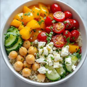- 1 cup quinoa - 1 cup cherry tomatoes, halved - 1 cucumber, diced - 1 red bell pepper, diced - 1 cup canned chickpeas, drained and rinsed - &frac14; cup Kalamata olives, pitted and sliced - &frac14; cup feta cheese, crumbled (optional) - &frac14; cup fresh parsley, finely chopped The base of our Mediterranean quinoa bowls is quinoa. Quinoa is a great source of protein. It cooks up fluffy and light. Next, we add fresh veggies for color and crunch. Cherry tomatoes add sweetness, while cucumber gives a refreshing bite. The red bell pepper adds a hint of sweetness too. Chickpeas bring in more protein and texture. Kalamata olives add a briny flavor, which balances the dish. If you like, sprinkle feta cheese on top for creaminess. Fresh parsley brightens everything up and adds a fresh taste. - 3 tablespoons extra virgin olive oil - 2 tablespoons freshly squeezed lemon juice - 1 teaspoon dried oregano - Salt and freshly cracked pepper The dressing is simple but adds so much flavor. Extra virgin olive oil gives richness and depth. Fresh lemon juice adds a zesty kick and balances the oil. Dried oregano lends an earthy note that ties all the flavors together. Don&rsquo;t forget salt and pepper! They enhance all the natural flavors in the bowl. - Servings: Makes 4 bowls - Presentation ideas: Serve in shallow bowls or on plates, garnished with extra parsley and lemon wedges For serving, this recipe makes four hearty bowls. You can enjoy them warm or cold. I often serve them in shallow bowls. It looks great! Garnish with extra parsley and a lemon wedge for a pop of color. This makes the meal feel special and fresh. {{ingredient_image_2}} To start, measure 1 cup of quinoa and rinse it well. This step helps remove any bitter taste. Next, in a medium saucepan, pour in 2 cups of vegetable broth or water. Bring the liquid to a rolling boil. Then, add the rinsed quinoa to the pot. Reduce the heat to low and cover it. Let it simmer for about 15 minutes. The quinoa will absorb all the liquid and become fluffy. After cooking, remove the pot from heat and let it sit for 5 more minutes. This steaming step makes your quinoa perfect! While the quinoa cooks, let's make the dressing. In a small bowl, whisk together 3 tablespoons of extra virgin olive oil and 2 tablespoons of freshly squeezed lemon juice. Add 1 teaspoon of dried oregano, along with a pinch of salt and freshly cracked pepper. Mix it until it&rsquo;s well combined. Set it aside to let the flavors meld together. This will make your dressing taste even better! In a large mixing bowl, combine the halved cherry tomatoes, diced cucumber, chopped red bell pepper, drained chickpeas, sliced Kalamata olives, and chopped parsley. Stir gently to mix everything well. Once your quinoa is cooked, fluff it up with a fork. Let it cool a bit before folding it into the vegetable mix. You can serve this dish warm or chill it in the fridge for at least 30 minutes. Either way, it will taste great! To fluff quinoa, start by rinsing it well. This step removes the bitter coating called saponin. After cooking, let it sit covered for about five minutes. Then, use a fork to gently stir the quinoa. This method gives it a light and airy texture. Avoid using a spoon, as it can make the quinoa mushy. You can prep ingredients in advance for easy assembly. Cook the quinoa and let it cool. Store it in the fridge for up to three days. Chop the vegetables and keep them in airtight containers. You can also make the dressing ahead of time. This way, you can mix everything quickly when you are ready to eat. To add extra flavor, consider using fresh herbs like basil or mint. You can also try spices like cumin or paprika. For a kick, add a pinch of red pepper flakes. These ingredients enhance the dish and make it more exciting. Mix and match to find your favorite combinations. Pro Tips Rinse Your Quinoa: Always rinse quinoa under cold water before cooking to remove its natural coating, called saponin, which can make it taste bitter. Chill for Flavor: Allow the quinoa bowls to chill in the refrigerator for at least 30 minutes after mixing. This helps the flavors meld together beautifully. Customize Your Veggies: Feel free to swap in your favorite vegetables or whatever is in season for a personalized touch to your quinoa bowl. Extra Dressing: Serve with extra dressing on the side for those who like a little more flavor in their bowls! {{image_4}} You can make your quinoa bowl feel like a Greek feast. Add Kalamata olives for a salty kick. Top it off with tzatziki for a creamy touch. This yogurt sauce cools the dish and adds fresh flavor. You can also sprinkle some extra chopped parsley on top for added color and taste. For an Italian twist, use Italian herbs like basil and oregano. Mix in sundried tomatoes for a chewy texture and rich flavor. They bring a sweet and tangy element to the bowl. Don&rsquo;t forget to toss in some grated Parmesan cheese to enhance the dish further. This will give a savory depth that pairs well with the vegetables. If you follow a vegan diet, skip the feta cheese. You can also use a plant-based yogurt instead of tzatziki. For gluten-free needs, quinoa is already a great choice. Ensure all other ingredients are certified gluten-free. You can swap olives for capers if you want a different flavor. This way, everyone can enjoy a delicious meal! To keep your quinoa bowls fresh, store them in the fridge. Use an airtight container. This helps to lock in moisture and flavor. Properly stored, they last about 3 to 5 days. Before serving, check for any off smells or changes in color. If you want to keep your quinoa bowls longer, freezing works well. First, let the bowls cool completely. Then, place them in freezer-safe containers. You can also use freezer bags. Remove as much air as possible. They can last up to 3 months in the freezer. Just label the bags with the date for easy tracking. When you&rsquo;re ready to eat, reheating your quinoa bowls is easy. For best results, use the microwave. Place the bowl in the microwave and cover it with a damp paper towel. Heat for 1 to 2 minutes, stirring halfway. This helps keep the texture nice. You can also reheat them on the stove. Add a splash of water, cover the pan, and heat over low. This method helps maintain the flavors. Enjoy your meal as if it were just made! You can use several grains or proteins instead of quinoa. Here are a few great options: - Couscous: Quick to cook and offers a fluffy texture. - Farro: Chewy and hearty, it brings a nutty flavor. - Brown rice: A classic choice, it&rsquo;s filling and nutritious. - Barley: Adds a chewy bite and is high in fiber. - Chickpeas or lentils: Great for extra protein and fiber. These options can fit well in your Mediterranean quinoa bowls. Mix and match to find your favorite! When stored correctly, the Mediterranean quinoa bowls last about 3 to 5 days in the fridge. Be sure to: - Use an airtight container: This keeps the bowls fresh. - Cool completely before sealing: This helps prevent condensation. Check for any signs of spoilage before eating. If it smells off or looks strange, it's best to toss it. Yes, you can easily make this recipe in advance! Here are some tips: - Cook quinoa ahead of time: You can prepare the quinoa and store it in the fridge. - Chop veggies the night before: This cuts down on prep time. - Mix everything before serving: Combine all ingredients just before you eat for the best taste. Meal prepping these bowls means you'll have healthy meals ready to go. Perfect for busy weeks! Mediterranean quinoa bowls are easy to make and full of flavor. We covered the key ingredients, cooking steps, and serving tips. You can customize these bowls with various toppings and spices. Whether you prefer them chilled or warm, they fit any meal. Store leftovers wisely to enjoy later. With a few tricks, you can make this dish even more delicious. Explore different variations to suit your taste. Enjoy creating tasty meals that are healthy and satisfying.