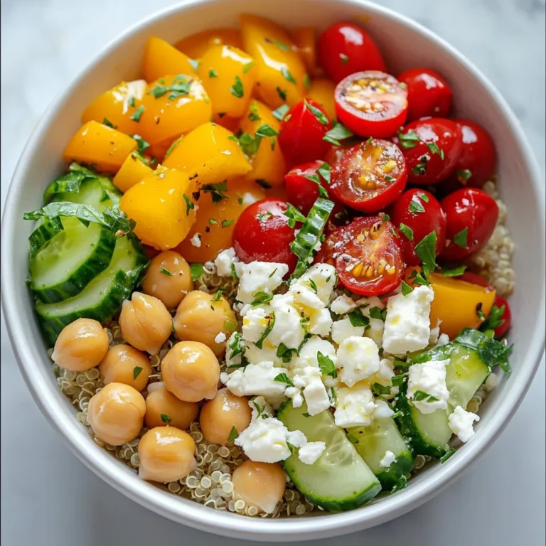 - 1 cup quinoa - 1 cup cherry tomatoes, halved - 1 cucumber, diced - 1 red bell pepper, diced - 1 cup canned chickpeas, drained and rinsed - ¼ cup Kalamata olives, pitted and sliced - ¼ cup feta cheese, crumbled (optional) - ¼ cup fresh parsley, finely chopped The base of our Mediterranean quinoa bowls is quinoa. Quinoa is a great source of protein. It cooks up fluffy and light. Next, we add fresh veggies for color and crunch. Cherry tomatoes add sweetness, while cucumber gives a refreshing bite. The red bell pepper adds a hint of sweetness too. Chickpeas bring in more protein and texture. Kalamata olives add a briny flavor, which balances the dish. If you like, sprinkle feta cheese on top for creaminess. Fresh parsley brightens everything up and adds a fresh taste. - 3 tablespoons extra virgin olive oil - 2 tablespoons freshly squeezed lemon juice - 1 teaspoon dried oregano - Salt and freshly cracked pepper The dressing is simple but adds so much flavor. Extra virgin olive oil gives richness and depth. Fresh lemon juice adds a zesty kick and balances the oil. Dried oregano lends an earthy note that ties all the flavors together. Don’t forget salt and pepper! They enhance all the natural flavors in the bowl. - Servings: Makes 4 bowls - Presentation ideas: Serve in shallow bowls or on plates, garnished with extra parsley and lemon wedges For serving, this recipe makes four hearty bowls. You can enjoy them warm or cold. I often serve them in shallow bowls. It looks great! Garnish with extra parsley and a lemon wedge for a pop of color. This makes the meal feel special and fresh. {{ingredient_image_2}} To start, measure 1 cup of quinoa and rinse it well. This step helps remove any bitter taste. Next, in a medium saucepan, pour in 2 cups of vegetable broth or water. Bring the liquid to a rolling boil. Then, add the rinsed quinoa to the pot. Reduce the heat to low and cover it. Let it simmer for about 15 minutes. The quinoa will absorb all the liquid and become fluffy. After cooking, remove the pot from heat and let it sit for 5 more minutes. This steaming step makes your quinoa perfect! While the quinoa cooks, let's make the dressing. In a small bowl, whisk together 3 tablespoons of extra virgin olive oil and 2 tablespoons of freshly squeezed lemon juice. Add 1 teaspoon of dried oregano, along with a pinch of salt and freshly cracked pepper. Mix it until it’s well combined. Set it aside to let the flavors meld together. This will make your dressing taste even better! In a large mixing bowl, combine the halved cherry tomatoes, diced cucumber, chopped red bell pepper, drained chickpeas, sliced Kalamata olives, and chopped parsley. Stir gently to mix everything well. Once your quinoa is cooked, fluff it up with a fork. Let it cool a bit before folding it into the vegetable mix. You can serve this dish warm or chill it in the fridge for at least 30 minutes. Either way, it will taste great! To fluff quinoa, start by rinsing it well. This step removes the bitter coating called saponin. After cooking, let it sit covered for about five minutes. Then, use a fork to gently stir the quinoa. This method gives it a light and airy texture. Avoid using a spoon, as it can make the quinoa mushy. You can prep ingredients in advance for easy assembly. Cook the quinoa and let it cool. Store it in the fridge for up to three days. Chop the vegetables and keep them in airtight containers. You can also make the dressing ahead of time. This way, you can mix everything quickly when you are ready to eat. To add extra flavor, consider using fresh herbs like basil or mint. You can also try spices like cumin or paprika. For a kick, add a pinch of red pepper flakes. These ingredients enhance the dish and make it more exciting. Mix and match to find your favorite combinations. Pro Tips Rinse Your Quinoa: Always rinse quinoa under cold water before cooking to remove its natural coating, called saponin, which can make it taste bitter. Chill for Flavor: Allow the quinoa bowls to chill in the refrigerator for at least 30 minutes after mixing. This helps the flavors meld together beautifully. Customize Your Veggies: Feel free to swap in your favorite vegetables or whatever is in season for a personalized touch to your quinoa bowl. Extra Dressing: Serve with extra dressing on the side for those who like a little more flavor in their bowls! {{image_4}} You can make your quinoa bowl feel like a Greek feast. Add Kalamata olives for a salty kick. Top it off with tzatziki for a creamy touch. This yogurt sauce cools the dish and adds fresh flavor. You can also sprinkle some extra chopped parsley on top for added color and taste. For an Italian twist, use Italian herbs like basil and oregano. Mix in sundried tomatoes for a chewy texture and rich flavor. They bring a sweet and tangy element to the bowl. Don’t forget to toss in some grated Parmesan cheese to enhance the dish further. This will give a savory depth that pairs well with the vegetables. If you follow a vegan diet, skip the feta cheese. You can also use a plant-based yogurt instead of tzatziki. For gluten-free needs, quinoa is already a great choice. Ensure all other ingredients are certified gluten-free. You can swap olives for capers if you want a different flavor. This way, everyone can enjoy a delicious meal! To keep your quinoa bowls fresh, store them in the fridge. Use an airtight container. This helps to lock in moisture and flavor. Properly stored, they last about 3 to 5 days. Before serving, check for any off smells or changes in color. If you want to keep your quinoa bowls longer, freezing works well. First, let the bowls cool completely. Then, place them in freezer-safe containers. You can also use freezer bags. Remove as much air as possible. They can last up to 3 months in the freezer. Just label the bags with the date for easy tracking. When you’re ready to eat, reheating your quinoa bowls is easy. For best results, use the microwave. Place the bowl in the microwave and cover it with a damp paper towel. Heat for 1 to 2 minutes, stirring halfway. This helps keep the texture nice. You can also reheat them on the stove. Add a splash of water, cover the pan, and heat over low. This method helps maintain the flavors. Enjoy your meal as if it were just made! You can use several grains or proteins instead of quinoa. Here are a few great options: - Couscous: Quick to cook and offers a fluffy texture. - Farro: Chewy and hearty, it brings a nutty flavor. - Brown rice: A classic choice, it’s filling and nutritious. - Barley: Adds a chewy bite and is high in fiber. - Chickpeas or lentils: Great for extra protein and fiber. These options can fit well in your Mediterranean quinoa bowls. Mix and match to find your favorite! When stored correctly, the Mediterranean quinoa bowls last about 3 to 5 days in the fridge. Be sure to: - Use an airtight container: This keeps the bowls fresh. - Cool completely before sealing: This helps prevent condensation. Check for any signs of spoilage before eating. If it smells off or looks strange, it's best to toss it. Yes, you can easily make this recipe in advance! Here are some tips: - Cook quinoa ahead of time: You can prepare the quinoa and store it in the fridge. - Chop veggies the night before: This cuts down on prep time. - Mix everything before serving: Combine all ingredients just before you eat for the best taste. Meal prepping these bowls means you'll have healthy meals ready to go. Perfect for busy weeks! Mediterranean quinoa bowls are easy to make and full of flavor. We covered the key ingredients, cooking steps, and serving tips. You can customize these bowls with various toppings and spices. Whether you prefer them chilled or warm, they fit any meal. Store leftovers wisely to enjoy later. With a few tricks, you can make this dish even more delicious. Explore different variations to suit your taste. Enjoy creating tasty meals that are healthy and satisfying.