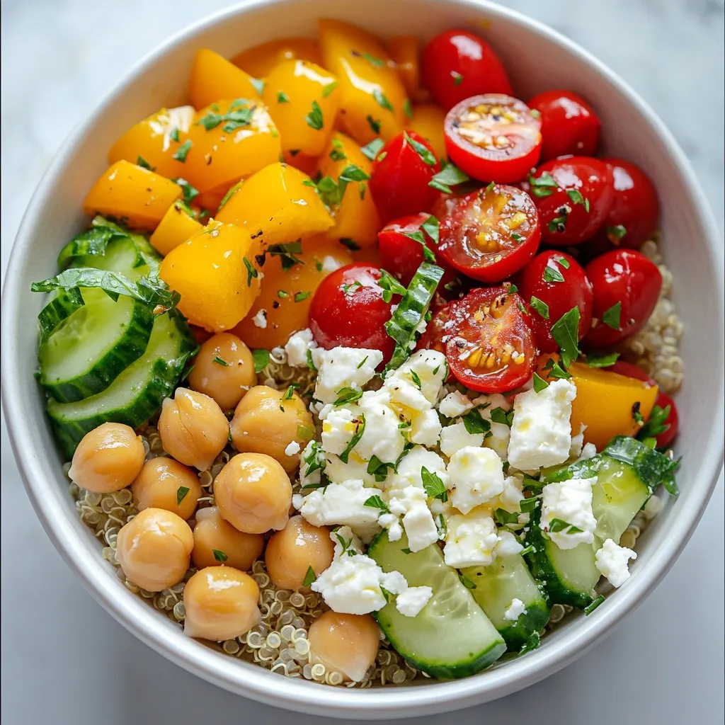 - 1 cup quinoa - 1 cup cherry tomatoes, halved - 1 cucumber, diced - 1 red bell pepper, diced - 1 cup canned chickpeas, drained and rinsed - ¼ cup Kalamata olives, pitted and sliced - ¼ cup feta cheese, crumbled (optional) - ¼ cup fresh parsley, finely chopped The base of our Mediterranean quinoa bowls is quinoa. Quinoa is a great source of protein. It cooks up fluffy and light. Next, we add fresh veggies for color and crunch. Cherry tomatoes add sweetness, while cucumber gives a refreshing bite. The red bell pepper adds a hint of sweetness too. Chickpeas bring in more protein and texture. Kalamata olives add a briny flavor, which balances the dish. If you like, sprinkle feta cheese on top for creaminess. Fresh parsley brightens everything up and adds a fresh taste. - 3 tablespoons extra virgin olive oil - 2 tablespoons freshly squeezed lemon juice - 1 teaspoon dried oregano - Salt and freshly cracked pepper The dressing is simple but adds so much flavor. Extra virgin olive oil gives richness and depth. Fresh lemon juice adds a zesty kick and balances the oil. Dried oregano lends an earthy note that ties all the flavors together. Don’t forget salt and pepper! They enhance all the natural flavors in the bowl. - Servings: Makes 4 bowls - Presentation ideas: Serve in shallow bowls or on plates, garnished with extra parsley and lemon wedges For serving, this recipe makes four hearty bowls. You can enjoy them warm or cold. I often serve them in shallow bowls. It looks great! Garnish with extra parsley and a lemon wedge for a pop of color. This makes the meal feel special and fresh. {{ingredient_image_2}} To start, measure 1 cup of quinoa and rinse it well. This step helps remove any bitter taste. Next, in a medium saucepan, pour in 2 cups of vegetable broth or water. Bring the liquid to a rolling boil. Then, add the rinsed quinoa to the pot. Reduce the heat to low and cover it. Let it simmer for about 15 minutes. The quinoa will absorb all the liquid and become fluffy. After cooking, remove the pot from heat and let it sit for 5 more minutes. This steaming step makes your quinoa perfect! While the quinoa cooks, let's make the dressing. In a small bowl, whisk together 3 tablespoons of extra virgin olive oil and 2 tablespoons of freshly squeezed lemon juice. Add 1 teaspoon of dried oregano, along with a pinch of salt and freshly cracked pepper. Mix it until it’s well combined. Set it aside to let the flavors meld together. This will make your dressing taste even better! In a large mixing bowl, combine the halved cherry tomatoes, diced cucumber, chopped red bell pepper, drained chickpeas, sliced Kalamata olives, and chopped parsley. Stir gently to mix everything well. Once your quinoa is cooked, fluff it up with a fork. Let it cool a bit before folding it into the vegetable mix. You can serve this dish warm or chill it in the fridge for at least 30 minutes. Either way, it will taste great! To fluff quinoa, start by rinsing it well. This step removes the bitter coating called saponin. After cooking, let it sit covered for about five minutes. Then, use a fork to gently stir the quinoa. This method gives it a light and airy texture. Avoid using a spoon, as it can make the quinoa mushy. You can prep ingredients in advance for easy assembly. Cook the quinoa and let it cool. Store it in the fridge for up to three days. Chop the vegetables and keep them in airtight containers. You can also make the dressing ahead of time. This way, you can mix everything quickly when you are ready to eat. To add extra flavor, consider using fresh herbs like basil or mint. You can also try spices like cumin or paprika. For a kick, add a pinch of red pepper flakes. These ingredients enhance the dish and make it more exciting. Mix and match to find your favorite combinations. Pro Tips Rinse Your Quinoa: Always rinse quinoa under cold water before cooking to remove its natural coating, called saponin, which can make it taste bitter. Chill for Flavor: Allow the quinoa bowls to chill in the refrigerator for at least 30 minutes after mixing. This helps the flavors meld together beautifully. Customize Your Veggies: Feel free to swap in your favorite vegetables or whatever is in season for a personalized touch to your quinoa bowl. Extra Dressing: Serve with extra dressing on the side for those who like a little more flavor in their bowls! {{image_4}} You can make your quinoa bowl feel like a Greek feast. Add Kalamata olives for a salty kick. Top it off with tzatziki for a creamy touch. This yogurt sauce cools the dish and adds fresh flavor. You can also sprinkle some extra chopped parsley on top for added color and taste. For an Italian twist, use Italian herbs like basil and oregano. Mix in sundried tomatoes for a chewy texture and rich flavor. They bring a sweet and tangy element to the bowl. Don’t forget to toss in some grated Parmesan cheese to enhance the dish further. This will give a savory depth that pairs well with the vegetables. If you follow a vegan diet, skip the feta cheese. You can also use a plant-based yogurt instead of tzatziki. For gluten-free needs, quinoa is already a great choice. Ensure all other ingredients are certified gluten-free. You can swap olives for capers if you want a different flavor. This way, everyone can enjoy a delicious meal! To keep your quinoa bowls fresh, store them in the fridge. Use an airtight container. This helps to lock in moisture and flavor. Properly stored, they last about 3 to 5 days. Before serving, check for any off smells or changes in color. If you want to keep your quinoa bowls longer, freezing works well. First, let the bowls cool completely. Then, place them in freezer-safe containers. You can also use freezer bags. Remove as much air as possible. They can last up to 3 months in the freezer. Just label the bags with the date for easy tracking. When you’re ready to eat, reheating your quinoa bowls is easy. For best results, use the microwave. Place the bowl in the microwave and cover it with a damp paper towel. Heat for 1 to 2 minutes, stirring halfway. This helps keep the texture nice. You can also reheat them on the stove. Add a splash of water, cover the pan, and heat over low. This method helps maintain the flavors. Enjoy your meal as if it were just made! You can use several grains or proteins instead of quinoa. Here are a few great options: - Couscous: Quick to cook and offers a fluffy texture. - Farro: Chewy and hearty, it brings a nutty flavor. - Brown rice: A classic choice, it’s filling and nutritious. - Barley: Adds a chewy bite and is high in fiber. - Chickpeas or lentils: Great for extra protein and fiber. These options can fit well in your Mediterranean quinoa bowls. Mix and match to find your favorite! When stored correctly, the Mediterranean quinoa bowls last about 3 to 5 days in the fridge. Be sure to: - Use an airtight container: This keeps the bowls fresh. - Cool completely before sealing: This helps prevent condensation. Check for any signs of spoilage before eating. If it smells off or looks strange, it's best to toss it. Yes, you can easily make this recipe in advance! Here are some tips: - Cook quinoa ahead of time: You can prepare the quinoa and store it in the fridge. - Chop veggies the night before: This cuts down on prep time. - Mix everything before serving: Combine all ingredients just before you eat for the best taste. Meal prepping these bowls means you'll have healthy meals ready to go. Perfect for busy weeks! Mediterranean quinoa bowls are easy to make and full of flavor. We covered the key ingredients, cooking steps, and serving tips. You can customize these bowls with various toppings and spices. Whether you prefer them chilled or warm, they fit any meal. Store leftovers wisely to enjoy later. With a few tricks, you can make this dish even more delicious. Explore different variations to suit your taste. Enjoy creating tasty meals that are healthy and satisfying.