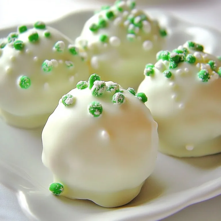 To make Peppermint Oreo Truffles, you need a few key ingredients: - 1 package (15.5 oz) Oreo cookies - 8 oz cream cheese, softened to room temperature - 1 cup white chocolate chips - 1/2 teaspoon peppermint extract - A pinch of salt These ingredients create the rich, creamy, and minty flavor that makes these truffles a hit. You can add fun twists to your truffles. Consider these optional ingredients: - 1/4 cup crushed peppermint candies (for garnish) - Sprinkles or colored sugar for festive flair Feel free to experiment with other toppings too. Different flavors can give a unique taste. Accurate measurements help ensure great results. Here are some tips: - Use a kitchen scale for precise amounts. - Level off dry ingredients with a straight edge. - For liquids, use a clear measuring cup for easy reading. Correct measuring leads to perfect truffles every time. {{ingredient_image_2}} Start with a package of Oreo cookies. Place them in a food processor. Pulse until they turn into fine crumbs, like sand. This step is key to a smooth truffle base. If you don’t have a food processor, you can use a resealable bag and a rolling pin. Just crush the cookies by hand until they are very fine. Now, transfer your cookie crumbs to a mixing bowl. Add 8 ounces of softened cream cheese. Use a spatula or mixer to blend until smooth. You want no visible chunks of cream cheese. Next, add 1/2 teaspoon of peppermint extract and a pinch of salt. Stir the mixture well. This will give your truffles a great minty flavor. With clean hands, scoop out portions of the mixture. Roll each portion into balls about 1 inch in diameter. Place these balls on a parchment-lined baking sheet. This makes it easy to remove them later. Once all the truffles are formed, put the baking sheet in the freezer. Chill for about 30 minutes or until firm to the touch. While your truffles chill, it’s time to prepare the coating. In a microwave-safe bowl, add 1 cup of white chocolate chips. Melt them in the microwave in 30-second intervals. Stir in between each interval until completely smooth. Once the truffles are firm, take them out of the freezer. Use a fork to dip each truffle into the melted white chocolate. Make sure to coat them thoroughly, then let any excess chocolate drip off. Place the coated truffles back on the parchment-lined baking sheet. Before the white chocolate sets, sprinkle crushed peppermint candies on top of each truffle. This adds a festive look and extra crunch. Allow the truffles to sit at room temperature until the white chocolate hardens slightly. Then, refrigerate them for at least 15 minutes to firm up completely before you serve. Enjoy these delightful treats! To get the best texture for your Peppermint Oreo Truffles, blend the Oreo cookies until they are fine crumbs. This helps them mix well with the cream cheese. Make sure your cream cheese is soft. If it’s cold, the mixture can become lumpy. Mixing well until smooth gives you that creamy texture. After shaping the truffles, chill them in the freezer. This makes them firm and easier to coat in chocolate. One common mistake is not crushing the Oreos finely enough. If you have big chunks, your truffles won’t hold together well. Another mistake is melting the white chocolate too quickly. Use short bursts in the microwave. Stir often to avoid burning. Also, don’t skip the chilling step. If your truffles are too warm, the chocolate coating will melt and slide off. For this recipe, you’ll need a food processor to crush the Oreos. A mixing bowl and a spatula or mixer are essential for blending the cream cheese with the cookie crumbs. Use a baking sheet lined with parchment paper to place the truffles. A microwave-safe bowl is needed for melting the chocolate, and a fork will help you dip the truffles easily. Consider using a small scoop for even-sized truffles. Pro Tips Chill Your Hands: To prevent the mixture from sticking to your hands while rolling the truffles, chill your hands in the refrigerator for a few minutes before shaping them. Use Quality White Chocolate: For a smooth and creamy coating, opt for high-quality white chocolate instead of candy melts, as it melts better and has a richer flavor. Experiment with Flavors: Feel free to mix in different extracts like vanilla or almond for a unique twist on the classic minty flavor. Storage Tips: Store the truffles in an airtight container in the fridge for up to two weeks to maintain freshness and flavor. {{image_4}} You can change the chocolate coating for Peppermint Oreo Truffles to suit your taste. Instead of white chocolate, try using dark chocolate. Dark chocolate adds a rich flavor that pairs well with mint. If you want a sweeter option, milk chocolate is also great. Each chocolate type gives a unique taste and look to your truffles. To add more flavor, try different extracts. Almond extract can give a nice twist. You can also use vanilla extract for a classic touch. For toppings, crushed nuts or sprinkles can add texture. Consider adding a pinch of cinnamon or nutmeg to the mix for warm spice notes. These small changes make your truffles unique and fun. You can easily make these truffles dairy-free. Use a dairy-free cream cheese and dark chocolate. Many brands offer great alternatives that taste good. For gluten-free truffles, ensure your Oreo cookies are certified gluten-free. There are gluten-free cookie options that work well too. This way, everyone can enjoy these delicious treats! To keep your peppermint Oreo truffles fresh, store them in an airtight container. Layer wax paper between the truffles to avoid sticking. Place the container in the fridge if you want them to last longer. Keeping them cool helps maintain their texture and taste. If you want to save truffles for later, freezing works great. Place them in a single layer on a baking sheet first. After they are frozen, transfer them to a freezer-safe bag or container. Squeeze out as much air as possible before sealing. This prevents freezer burn and keeps them tasty. When stored correctly, peppermint Oreo truffles last up to two weeks in the fridge. If frozen, they can last about three months. Always check for signs of spoilage, like off smells or changes in texture. Enjoy them at their best for a delightful treat! Yes, you can use regular chocolate. Dark or milk chocolate works well. Just melt it like the white chocolate. The flavor will change, but it will still taste great! Add more peppermint extract for a stronger mint flavor. Start with an extra 1/4 teaspoon. You can also use crushed peppermint candies in the mix for a nice crunch and more minty taste. You can use mascarpone cheese or Greek yogurt. Both will give a creamy texture. They will change the flavor slightly, but they work well in truffles. Absolutely! These truffles look festive and taste amazing. Place them in a nice box or on a tray. They make a perfect gift for friends and family during the holidays. Yes, you can make these truffles a few days in advance. Store them in an airtight container in the fridge. They will stay fresh and delicious for up to a week! We've covered a lot about Peppermint Oreo Truffles. You learned the key ingredients, tips for texture, and how to store them. Following my step-by-step guide makes creating these treats easy. You can customize them to fit any taste, too. In my experience, these truffles make great gifts and are fun to share. Now, get ready to impress your friends and family with your tasty creations! Enjoy making these delightful treats.