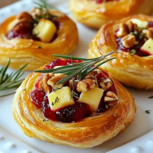 - 1 sheet of puff pastry, thawed (about 17.3 oz) - 4 oz Brie cheese, cut into small cubes (about 1-inch pieces) - 1/2 cup cranberry sauce (store-bought or homemade) - 1 tablespoon fresh rosemary, finely chopped - 1 egg, beaten (for egg wash) - Salt and pepper, to taste - Optional: 1/4 cup pecans, chopped (for added crunch and flavor) You can swap the Brie cheese for other soft cheeses like Camembert or goat cheese. These will give a different taste but still work well. If you want a lighter option, try using cream cheese. For the cranberry sauce, homemade is best, but store-bought saves time. You can even use apple or cherry sauce for a twist. If you don&rsquo;t have fresh rosemary, dried rosemary works too, but use less. Using fresh ingredients makes a big difference in taste. Fresh rosemary adds a lively flavor. Homemade cranberry sauce allows you to control the sweetness and tartness. However, store-bought options are convenient and still taste good. If time is tight, don&rsquo;t hesitate to grab them from the store. {{ingredient_image_2}} Start by preheating your oven to 400&deg;F (200&deg;C). This step ensures your bites bake evenly. While the oven heats, take a baking sheet and line it with parchment paper. This makes cleanup easy and keeps your bites from sticking. Next, grab your thawed sheet of puff pastry. Place it on a lightly floured surface. Gently roll it out to smooth any creases. Aim for a nice, even thickness. Once rolled, use a sharp knife or pastry cutter to cut the pastry into 2x2 inch squares. You should get about 12 squares from one sheet. Now it's time to fill your pastry squares. - Filling and Sealing Techniques Place about 1 tablespoon of cranberry sauce in the center of each square. On top of the sauce, add a cube of Brie cheese. If you like, sprinkle some finely chopped rosemary and a few pecans for extra flavor and crunch. To seal the bites, bring the corners of each square to the center over the filling. Pinch the corners together firmly. You can twist or fold them to give a nice shape. Brush the tops of each bite with beaten egg. This helps them turn golden brown while baking. Finally, sprinkle a little salt and cracked pepper on top. Place the baking sheet in the oven and bake for 15-20 minutes. Watch for that perfect golden brown color. Once ready, let them cool for a few minutes before serving. To get the best puff pastry, start with a good brand. Look for one that is fresh and buttery. When you roll it out, do not overwork the dough. This keeps the layers intact. Always roll on a floured surface to prevent sticking. Cut the pastry into even squares for uniform cooking. Before baking, brush the tops with beaten egg. This gives them a golden color and a nice shine. Serve your cranberry Brie puff pastry bites warm on a beautiful platter. Add fresh rosemary sprigs for color and a lovely smell. Arrange the bites in a circle or a line for style. You can sprinkle a few chopped pecans on top for added charm. Pair these bites with a light drink, like sparkling water or wine, to balance the flavors. You can prepare these bites a few hours in advance. Assemble them and keep them in the fridge until you are ready to bake. This helps save time and stress. If you need to make them even earlier, freeze the unbaked bites. When you are ready to eat, bake them straight from the freezer. Just add a few extra minutes to the baking time. Pro Tips Chill the Puff Pastry: Before rolling out the puff pastry, make sure it is well-chilled. This helps maintain its flakiness and makes it easier to handle. Customize the Filling: Feel free to experiment with different flavors! Try using fig jam instead of cranberry sauce or add a slice of pear for a sweet twist. Serve Warm: These bites are best served warm right out of the oven. They lose their flaky texture as they cool, so time your serving perfectly! Make Ahead: You can prepare the pastry bites in advance and freeze them before baking. Just brush with egg wash and bake from frozen, adding a few extra minutes to the baking time. {{image_4}} You can mix up these bites with different fillings. Swap the cranberry sauce for apple butter or fig jam. Try goat cheese instead of Brie for a tangy twist. For a savory option, use spinach and feta. You can even add cooked sausage or mushrooms for a heartier bite. Need a vegan option? Use plant-based cheese and a vegan pastry. You can also make these gluten-free by using a gluten-free puff pastry. If you're watching your carbs, try using phyllo dough instead. Adjust the fillings to suit your dietary needs. Want to add more flavor? Mix in some crushed garlic or a hint of chili flakes. A drizzle of balsamic glaze over the top can elevate the taste. Fresh herbs like thyme or sage can add a lovely aroma. You can even sprinkle some grated lemon zest for a bright finish. To keep your cranberry Brie puff pastry bites fresh, place them in an airtight container. Store them in the fridge for up to three days. This keeps the pastry from getting too soggy. If you want to enjoy them longer, consider freezing. To reheat, preheat your oven to 350&deg;F (175&deg;C). Place the bites on a baking sheet lined with parchment. Heat them for about 10-15 minutes. This helps restore their flaky texture. You can also microwave them, but the pastry may not be as crisp. To freeze, first let the bites cool completely. Arrange them in a single layer on a baking sheet. Once frozen, transfer them to a freezer bag. They can last for up to three months in the freezer. When ready to eat, bake from frozen at 400&deg;F (200&deg;C) for about 20-25 minutes. Enjoy your tasty treat! To make homemade cranberry sauce, you need fresh cranberries, sugar, and water. Start by rinsing 12 ounces of cranberries. In a pot, mix the cranberries with one cup of sugar and one cup of water. Bring this to a boil over medium heat. Stir often until the cranberries burst and the sauce thickens, which takes about 10 minutes. Let it cool before using in your puff pastry bites. This sauce adds a fresh touch to your dish. Yes, you can use different types of cheese! While Brie cheese gives a creamy flavor, you can try goat cheese or sharp cheddar for a twist. Cream cheese also works well for a tangy taste. Just make sure the cheese melts nicely and complements the cranberry sauce. Experimenting with flavors can create a fun and unique bite. You can store baked puff pastry bites for up to three days. Keep them in an airtight container at room temperature. If you want to keep them longer, consider freezing them. Just make sure they cool completely before freezing. To reheat, bake them in the oven at 350&deg;F (175&deg;C) for about 10 minutes. This way, they stay crispy and delicious. In this article, I covered key ingredients for puff pastry bites, including substitutions and store-bought options. I provided step-by-step instructions for preparation and assembly to help you succeed. You learned tips for perfecting your bites and ideas for serving. I also shared variations to suit different tastes and dietary needs. Finally, I outlined storage options and answered common questions. Puff pastry bites are simple and fun to make. Get creative and enjoy sharing them with friends!