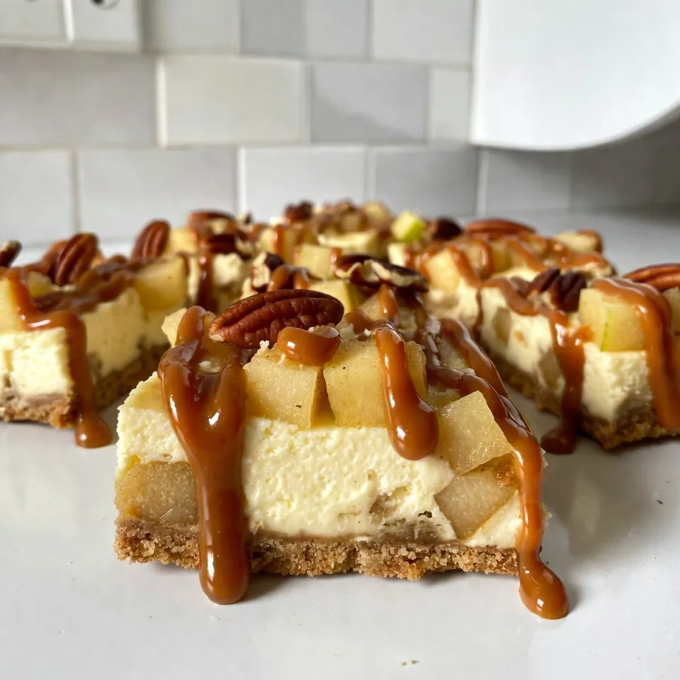 - 1 cup graham cracker crumbs - 1/4 cup granulated sugar - 1/2 cup unsalted butter, melted The crust forms the base of the caramel apple cheesecake bars. I love using graham cracker crumbs for a sweet and crunchy base. The sugar adds a touch of sweetness, while melted butter binds the crumbs together. When mixed, they should feel like wet sand before pressing it into your pan. - 16 oz cream cheese, softened to room temperature - 1/2 cup granulated sugar - 2 large eggs - 1 tsp vanilla extract - 1/2 teaspoon ground cinnamon - 1 medium apple (preferably Granny Smith), peeled and diced into small pieces The cheesecake filling is rich and creamy. Cream cheese is the star ingredient, giving it a smooth texture. Sugar sweetens the mix, while eggs help it set. I always add vanilla extract for flavor and a hint of cinnamon for warmth. Don't forget to fold in diced apples; they add freshness and a nice bite. - 1/2 cup caramel sauce (store-bought or homemade) - 1/4 cup chopped pecans (optional, for added crunch) The caramel topping is what truly elevates these bars. You can use store-bought caramel for ease or make your own for a special touch. The pecans add a delightful crunch, but they're optional. Drizzling caramel over the chilled bars makes each bite a sweet joy. {{ingredient_image_2}} First, set your oven to 325°F (160°C). This temperature helps the cheesecake bake evenly. Line an 8x8 inch baking pan with parchment paper. Allow some paper to hang over the sides. This makes it easy to lift the bars out later. In a medium bowl, mix together: - 1 cup graham cracker crumbs - 1/4 cup granulated sugar - 1/2 cup unsalted butter, melted Stir until it looks like wet sand. Press this mixture into the bottom of the baking pan. Make sure it's even and firm. Place the pan in your preheated oven. Bake for about 10 minutes, until it turns light golden brown. After baking, let it cool while you make the filling. In a large bowl, use an electric mixer to beat together: - 16 oz cream cheese, softened - 1/2 cup granulated sugar Mix these until smooth and creamy, around 2-3 minutes. Then, add in 2 large eggs, one at a time. Mix well after each egg. Add 1 tsp vanilla extract and 1/2 teaspoon ground cinnamon. Now, fold in 1 medium apple, peeled and diced. I prefer Granny Smith apples for a tart bite. Make sure the apple pieces spread evenly in the batter. Gently pour the cheesecake mixture over the cooled crust. Smooth it out with a spatula. Tap the pan on the counter to remove any air bubbles. Return it to the oven and bake for 25-30 minutes. The center should be set but still jiggle slightly. After baking, turn off the oven. Leave the cheesecake inside for about an hour with the door slightly open. This helps prevent cracks. Once cooled, move the pan to the fridge. Chill for at least 3 hours or overnight. When you're ready to serve, take the bars out of the fridge. Drizzle 1/2 cup of caramel sauce over the top. If you like, sprinkle 1/4 cup of chopped pecans on top for extra crunch. Use the parchment paper to lift the cheesecake out of the pan. Cut it into squares. Serve these delicious bars chilled or at room temperature. Enjoy your rich and creamy treat! To get the best texture in your caramel apple cheesecake bars, follow these steps: - Use room temperature cream cheese: This helps create a smooth and creamy filling. Cold cream cheese leads to lumps. - Don’t overmix: Mix just until combined. Too much mixing can make the cheesecake dense. - Chill the bars properly: After baking, let them cool before chilling. This helps them set well. If you have dietary needs, here are some easy swaps: - Gluten-free crust: Use gluten-free graham cracker crumbs for the crust. - Dairy-free option: Substitute cream cheese with vegan cream cheese. - Egg replacements: Use flax eggs as a substitute. Mix 1 tablespoon of flaxseed meal with 2.5 tablespoons of water for each egg. A great look adds to the taste! Here’s how to present your cheesecake bars: - Serve on a nice platter: Choose a decorative plate for an elegant touch. - Add extra caramel: Place a small bowl of caramel sauce beside the bars for drizzling. - Garnish with apple slices: A few thin apple slices on top can enhance the look. A sprinkle of cinnamon is also nice! Pro Tips Choose the Right Apple: For the best flavor and texture, use tart apples like Granny Smith. They provide a nice contrast to the sweetness of the caramel and cheesecake. Soften Cream Cheese Properly: Make sure your cream cheese is at room temperature before mixing. This ensures a smooth and creamy filling without lumps. Tap to Remove Air Bubbles: After pouring the cheesecake mixture over the crust, lightly tap the pan on the countertop to release any air bubbles, ensuring a perfect texture. Chill Overnight for Best Results: While 3 hours of chilling is sufficient, letting the bars sit overnight in the fridge enhances their flavor and texture, making them even more delightful. {{image_4}} You can easily make these caramel apple cheesecake bars nut-free. Simply skip the pecans in the topping. This keeps them safe for those with nut allergies. If you want extra crunch, try using seeds instead. Sunflower seeds or pumpkin seeds work well. They add a nice texture without the nut risk. To make these bars gluten-free, swap out the graham cracker crumbs. Use gluten-free graham crackers or almond flour as a base for the crust. Make sure to check all other ingredients for gluten. This way, everyone can enjoy these delicious bars without worry. You can boost the flavor of these bars in fun ways. Try adding a pinch of nutmeg along with the cinnamon for more warmth. You could also mix in some caramel bits into the filling. This adds little pockets of gooey caramel. If you love spice, consider adding a touch of ginger or cardamom. These flavors pair well with apple and caramel. Store your caramel apple cheesecake bars in an airtight container. This keeps them fresh and moist. Place parchment paper between layers to prevent sticking. Always let them cool completely before storing. This helps avoid soggy bars. You can keep these cheesecake bars in the fridge for up to five days. Make sure to cover them well. They taste great cold or at room temperature. If you notice any change in smell or texture, it’s best to toss them. You can freeze these cheesecake bars for up to three months. Cut them into squares before freezing. Wrap each piece tightly in plastic wrap, then place them in a freezer bag. Thaw them in the fridge when you're ready to enjoy. This way, you’ll have a tasty treat ready anytime! Yes, you can! While I love Granny Smith apples for their tartness, you can choose any apple you like. Honeycrisp, Golden Delicious, or Fuji apples work well too. Each type gives a unique flavor to the bars. Just make sure to peel and dice them into small pieces. Making homemade caramel sauce is easy! Here’s a simple method: - In a saucepan, combine 1 cup of granulated sugar and 1/4 cup of water. - Heat over medium heat until the sugar dissolves. - Let it boil without stirring until it turns a deep amber color. - Remove from heat and carefully add 1/2 cup of heavy cream. Be cautious, as it will bubble up. - Stir until smooth and add a pinch of salt for flavor. Let it cool before drizzling over your cheesecake bars for a rich taste. Absolutely! You can make these bars a day or two ahead. After baking and chilling, cover them well and store them in the fridge. This makes them perfect for parties or potlucks. Just drizzle the caramel on top right before serving for the best flavor. This blog post covered how to make tasty cheesecake bars. We looked at key ingredients for the crust, filling, and caramel topping. Then, we followed easy steps to bake and chill these delicious bars. I shared tips for perfect texture and variations for dietary needs. You also learned the best ways to store and serve them. Enjoying these treats is simple and fun. You can customize them to fit your tastes. Now it's time to get cooking!