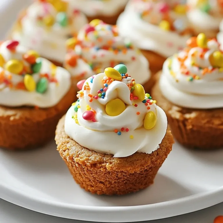 When making gingerbread cookie cups, having the right ingredients is key for great taste and texture. Here’s what you need: - 2 1/4 cups all-purpose flour - 1 teaspoon baking soda - 1 tablespoon ground ginger - 1 tablespoon ground cinnamon - 1/2 teaspoon ground cloves - 1/2 teaspoon fine salt - 3/4 cup unsalted butter, softened to room temperature - 1/2 cup brown sugar, packed firmly - 1/2 cup granulated sugar - 1 large egg - 1/2 cup unsulfured molasses - 1 teaspoon pure vanilla extract - 1 cup cream cheese, softened - 1/2 cup powdered sugar, sifted - 1/2 teaspoon pure vanilla extract (for frosting) - Edible decorations (e.g., colorful sprinkles, mini candies) These ingredients come together to create a soft, spiced cookie that holds a creamy filling. Each bite is a blend of sweet and spicy flavors, making them a true holiday treat. The combination of molasses and spices gives the cookie its classic gingerbread taste. I always recommend using high-quality molasses for the best flavor. The cream cheese frosting adds a rich, tangy contrast. You can use any fun decorations to make them festive. Get creative! Your cookie cups will not only taste great but look amazing too. Enjoy the process of gathering these ingredients, and let the holiday spirit inspire your baking. {{ingredient_image_2}} 1. Preheat the oven and prepare the muffin tin. Start by preheating your oven to 350°F (175°C). Grease your muffin tin or use paper liners. This makes it easy to remove the cups later. 2. Mix dry ingredients in a bowl. In a medium bowl, whisk together 2 1/4 cups of all-purpose flour, 1 teaspoon of baking soda, 1 tablespoon of ground ginger, 1 tablespoon of ground cinnamon, 1/2 teaspoon of ground cloves, and 1/2 teaspoon of fine salt. Set this aside for later. 3. Cream butter and sugars together. In a large bowl, use an electric mixer to cream together 3/4 cup of softened butter, 1/2 cup of packed brown sugar, and 1/2 cup of granulated sugar. Beat this for about 3-4 minutes. The mix should look light and fluffy. 1. Add eggs and molasses. Next, add in 1 large egg and 1/2 cup of unsulfured molasses. Beat everything until smooth and well mixed. 2. Mix in vanilla extract. Add 1 teaspoon of pure vanilla extract to the wet mix. This adds a warm, sweet flavor. 1. Incorporate dry ingredients into wet mixture. Gradually add the dry mix to the wet ingredients. Use low speed to mix until just combined. Be careful not to over-mix, as it can change the texture. 2. Fill muffin cups with dough and baking time. Use a cookie scoop or tablespoon to fill each muffin cup about halfway with dough. Bake in the preheated oven for 10-12 minutes. The edges should feel firm to the touch. 3. Cool and prepare frosting. Let the cookie cups cool in the pan for 5 minutes. Then move them to a wire rack to cool completely. While they cool, prepare the frosting. Beat 1 cup of softened cream cheese in a bowl until creamy. Gradually mix in 1/2 cup of sifted powdered sugar and 1/2 teaspoon of vanilla extract until smooth. Now you are ready to fill and decorate your gingerbread cookie cups! - How to avoid over-mixing Mix your wet and dry ingredients just until combined. If you see flour, stop mixing. Over-mixing can make your cookie cups tough. - Ensuring even baking Fill each muffin cup halfway for the best rise. Rotate the pan halfway through baking for even heat. This helps them bake evenly and stay soft. - How to achieve the perfect frosting consistency Start with soft cream cheese and beat it until smooth. Gradually add powdered sugar until it’s creamy and thick. It should hold its shape but spread easily. - Tips for filling the cookie cups Use a small spoon or piping bag. This helps you fill each cup generously and neatly. Don’t be shy; the more frosting, the better! - Arranging for festive display Place your decorated cookie cups on a bright platter. Use colorful decorations to make them pop. A simple layout can make your treats shine. - Customization ideas for guests Set out extra edible decorations like sprinkles or mini candies. Let guests add their favorite toppings. This makes each cookie cup unique and fun! Pro Tips Chill the Dough: Refrigerating the cookie dough for about 30 minutes before baking can help improve the texture and prevent spreading, resulting in a thicker cookie cup. Use Room Temperature Ingredients: Ensuring your butter and cream cheese are at room temperature will help achieve a smoother frosting and better incorporation of ingredients. Experiment with Flavors: Feel free to add additional spices such as nutmeg or cardamom to the dough for a unique twist on the traditional gingerbread flavor. Presentation is Key: Use a variety of edible decorations to make each cookie cup visually appealing. A mix of colors and shapes will enhance the festive look! {{image_4}} You can change the frosting to make your gingerbread cookie cups unique. Try chocolate or vanilla frosting for a new taste. You can also add spices to the cookie dough. A pinch of nutmeg or cardamom can boost the flavor profile. These spices add warmth and depth, making each bite special. If you need a gluten-free version, swap the all-purpose flour for a gluten-free blend. This change will keep the cookie cups tasty and safe for everyone. For dairy-free frosting, use coconut cream instead of cream cheese. It will still be creamy and delicious, perfect for those who avoid dairy. Make your cookie cups festive by using holiday-themed decorations. Think red and green sprinkles or tiny candy canes. You can also fill the cups with seasonal fruits like cranberries or pomegranate seeds. These additions not only look great but also taste fantastic. To keep your gingerbread cookie cups fresh, store them in an airtight container. This method locks in moisture and flavor. It is best to keep them at room temperature. If you store them in a cool, dark place, they will last about five days. You can freeze cookie cups for longer storage. To freeze them, first let the cookie cups cool completely. Then, wrap each one in plastic wrap and place them in a freezer-safe bag. They will stay fresh for up to three months in the freezer. When you want to enjoy them, remove the cookie cups from the freezer. Thaw them in the fridge overnight for the best results. If you need them fast, you can let them sit at room temperature for about an hour. Enjoy your treats whenever you crave them! What is the best way to soften butter quickly? To soften butter fast, cut it into small cubes. Place the cubes in a bowl. Let it sit at room temperature for about 10 minutes. You can also microwave it on low for 5-10 seconds. Be careful not to melt the butter. Can I use different types of flour? Yes, you can use different flours. Whole wheat flour adds a nutty taste. Almond flour makes it gluten-free. Just remember, different flours can change the texture. You might need to adjust the amount of flour too. Why are my cookie cups spreading? If your cookie cups spread too much, your dough could be too warm. Chill the dough for 30 minutes before baking. Also, check that you measured ingredients correctly. Too much sugar can cause spreading. How can I fix dry cookie cups? To fix dry cookie cups, add a bit more molasses or butter. This will add moisture. Make sure not to over-bake them, as that can also dry them out. Keep an eye on the baking time. What can I serve with gingerbread cookie cups? You can serve gingerbread cookie cups with hot cocoa or spiced tea. They pair well with ice cream too. Add a scoop of vanilla or peppermint for a fun twist. How can I incorporate them into holiday desserts? Use gingerbread cookie cups as a base for mini desserts. Fill them with eggnog mousse or whipped cream. Top with festive sprinkles for a holiday treat. They make great party snacks or gifts! This article laid out the tasty path to making cookie cups. We explored each ingredient, the simple steps for crafting them, and tips to ensure success. From frosting to festive decoration, creativity is key. Remember, you can adjust flavors for your liking and store them well for later enjoyment. Happy baking! Enjoy sharing these treats at your next gathering.
