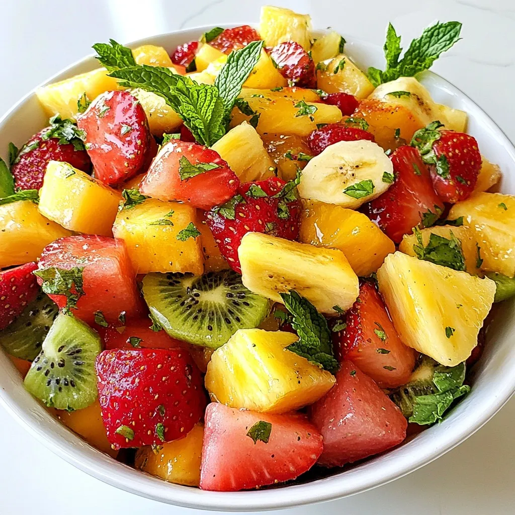 - 1 cup fresh pineapple, diced into bite-sized pieces - 1 cup watermelon, diced into cubes - 1 cup kiwi, peeled and diced - 1 cup strawberries, hulled and halved - 1 ripe banana, sliced into rounds - 2 tablespoons pure honey - 2 tablespoons freshly squeezed lime juice - Zest of 1 lime - Fresh mint leaves This Honey Lime Fruit Salad is a bright mix of sweet and tangy flavors. The fresh fruits create a colorful, tasty dish. I love how each fruit shines through. Start with the fresh pineapple. It brings a tropical vibe. Watermelon adds juiciness and refreshment. Kiwi gives a nice pop of color and flavor. Strawberries add sweetness, while banana makes it creamy. For the dressing, the combination of honey, lime juice, and zest is key. Pure honey adds a rich sweetness. Fresh lime juice gives a tangy kick. The lime zest brightens the whole dish. Finally, fresh mint leaves make the salad look beautiful and add a fresh aroma. This combination of ingredients makes the salad enjoyable and fun. You can easily mix and match fruits based on what you love or have on hand. This dish is quick, simple, and perfect for any occasion! {{ingredient_image_2}} - Start with the fresh pineapple. Cut it into bite-sized pieces. Aim for uniform sizes for easy eating. - Next, take the watermelon. Dice it into cubes that match the pineapple. This keeps the texture consistent. - Now, peel the kiwi. Dice it into small pieces. The green color adds a nice pop to the salad. - For the strawberries, hull them first. Then, slice them in half. This makes them easier to mix. - Finally, add the ripe banana. Slice it into rounds and set all the fruit aside in a large bowl. - Grab a small bowl for the dressing. Combine the pure honey and fresh lime juice. - Add the lime zest to the bowl. This adds extra flavor! - Use a whisk to mix everything well. You want the dressing to blend nicely. - Gently fold the fruit mixture together. Be careful not to mash the fruit. - Now, pour the honey-lime dressing over the fruit. This adds sweetness and zest. - Toss everything gently to coat the fruit in the dressing. Ensure each piece gets some love! - Let the salad rest for about 10 minutes. This helps the flavors mix and taste even better. - Before serving, give it one last gentle toss. This keeps it fresh and vibrant. - Serve the salad in a beautiful dish. Garnish with fresh mint leaves for a nice touch! - Choosing ripe fruits: Select fruits that feel firm and smell sweet. Ripe fruits taste better. Look for vibrant colors. For instance, choose yellow pineapples and bright red strawberries. This ensures a fresh and flavorful salad. - Proper storage before preparation: Keep fruits in a cool place. Store them in the fridge until you are ready to use them. This helps maintain their crispness and flavor. Avoid washing fruits until right before use. This prevents them from getting mushy. - Allowing resting time for flavors: After mixing the salad, let it rest for about 10 minutes. This helps the honey and lime soak into the fruits. The flavors will blend well, making each bite taste amazing. - Adjusting sweetness and acidity: Taste the salad after resting. If it needs more sweetness, add a bit more honey. If it needs a kick, a little extra lime juice can enhance the taste. Adjust based on your preference. - Serving in coconut shells: For a fun twist, serve the salad in halved coconut shells. This adds a tropical vibe and makes it look appealing. The natural bowl will impress your guests. - Creative plating options: Use a large bowl for a family-style serving. You can also layer the fruits in a clear glass dish. This way, everyone can see the colorful layers. Garnish with mint leaves for a fresh touch. Pro Tips Choose Ripe Fruits: Selecting ripe and sweet fruits will enhance the flavor of your salad. Look for vibrant colors and slight softness when gently pressed. Chill Before Serving: For a refreshing experience, chill the fruit salad in the refrigerator for about 30 minutes before serving. It enhances the flavors and makes it more enjoyable. Experiment with Seasonal Fruits: Feel free to substitute or add other seasonal fruits such as mango, blueberries, or peaches to keep the recipe exciting and tailored to your taste. Use Fresh Lime Juice: Always opt for freshly squeezed lime juice rather than bottled. The freshness makes a significant difference in the taste of the dressing. {{image_4}} You can change up your fruit salad by adding more fruits. Try tropical fruits like mango, papaya, or passionfruit. They bring sweetness and color. Seasonal fruits also work well. In spring, use berries like blueberries or raspberries. In fall, consider fresh pears or apples. The key is to mix flavors and textures. If you want a different taste, try using agave syrup instead of honey. It adds a nice touch of sweetness. You can also create a citrus blend. Mix orange juice or lemon juice with lime. This can give your fruit salad a zesty kick. Both options keep the dish fresh and exciting. Making this salad vegan-friendly is easy. Just replace honey with maple syrup or agave syrup. This keeps the sweetness while staying plant-based. For gluten-free notes, rest easy. All the ingredients are naturally gluten-free. You can enjoy this salad worry-free, no matter your diet. Store your Honey Lime Fruit Salad in an airtight container. This keeps it fresh for up to three days. Place it in the fridge right after serving. The cool air helps preserve the fruits' texture and flavor. Make sure to avoid crushing the fruits when you store them. You can freeze fruit salad, but it may change the texture. Some fruits become mushy when thawed. If you still want to freeze it, only freeze the fruits that hold up well, like pineapple. To keep it fresh when defrosting, place the salad in the fridge overnight. This slow thaw keeps the fruits more intact. Avoid using a microwave to defrost, as this can make the fruits watery. Serve your Honey Lime Fruit Salad cold for the best taste. It pairs nicely with grilled meats or a light yogurt dip. For a fun twist, serve it in coconut shells. This adds a tropical flair that impresses your guests. Enjoy the vibrant taste and colorful presentation! Honey Lime Fruit Salad stays fresh in the fridge for about 3 days. Keep it in an airtight container to avoid browning. After that, the fruits may lose their crunch and flavor. If you see any signs of spoilage, it’s best to toss it out. Yes, you can use frozen fruit, but there are some things to consider. Frozen fruit may release extra juice when thawed. This can make your salad watery. If you use frozen fruit, let it thaw completely before mixing. Drain any excess liquid to keep the salad fresh. Many fruits pair well with honey and lime. Here are my favorites: - Pineapple - Watermelon - Kiwi - Strawberries - Bananas You can also try mangoes, peaches, or berries for added flavor. Each fruit brings its own taste. Mix and match to find your perfect blend! To make your salad more filling, consider adding these ingredients: - Greek yogurt for creaminess - Chopped nuts for crunch - Granola for texture - Quinoa for extra protein These additions make the salad a great meal or snack. You can customize it based on what you have at home! This blog post covered all you need for a great Honey Lime Fruit Salad. You learned about the fresh fruits, simple dressing, and easy assembly steps. I shared tips for freshness and flavor, plus fun ways to serve it. You also got ideas for variations and storage. This salad is bright, tasty, and perfect for any meal. Enjoy making it again and again!