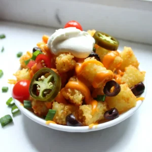 For Loaded Nacho Cheese Tater Tots, you need a mix of tasty items. Here&rsquo;s a simple list: - 1 lb frozen tater tots - 1 cup nacho cheese sauce - 1 cup shredded cheddar cheese - 1 jalape&ntilde;o, sliced thin - 1/2 cup black olives, sliced - 1/2 cup cherry tomatoes, diced - 1/4 cup green onions, chopped - 1/4 cup sour cream - 1 teaspoon taco seasoning - Salt and pepper to taste Each ingredient plays a key role in the flavor and look of the dish. Frozen tater tots give you that crunchy base. Nacho cheese sauce brings the gooey goodness that everyone loves. Shredded cheddar adds more depth to the cheese flavor. Jalape&ntilde;os give a spicy kick, while black olives and cherry tomatoes add color and freshness. Green onions on top provide a nice crunch and bright flavor. Sour cream balances the heat with creaminess. Finally, taco seasoning, salt, and pepper tie all the flavors together. Feel free to customize this list based on your taste. You can swap out cheese types or add other toppings like avocado or corn. The options are endless! {{ingredient_image_2}} 1. Start by preheating your oven to 425&deg;F (220&deg;C). This step is key for crispy tots. 2. Grab a baking sheet and line it with parchment paper. This will make cleanup easy. 3. Spread the frozen tater tots in a single layer on the sheet. Leave some space between them for even cooking. 4. Bake the tater tots for about 25-30 minutes. Watch them closely to avoid burning. They should turn golden brown. 1. Once the tater tots are crispy, take them out of the oven. Drizzle the nacho cheese sauce over them. Make sure to cover every tot with cheesy goodness. 2. Next, sprinkle the shredded cheddar cheese on top. This adds even more cheesy flavor and richness. 3. Now, add your toppings. Place the thinly sliced jalape&ntilde;os, black olives, and diced cherry tomatoes on top. This gives color and a burst of flavor. 1. Return the loaded tater tots to the oven. Bake them for another 5-7 minutes. You want the cheese to melt and bubble. 2. After that, take them out of the oven and let them cool for a minute. 3. Just before serving, drizzle sour cream on top. Finish with taco seasoning, salt, pepper, and chopped green onions. This adds a fresh touch. - Optimal oven temperature: Preheat your oven to 425&deg;F (220&deg;C). This high heat helps cook the tater tots evenly. - Ensuring crispiness: Spread the tater tots in a single layer. Avoid crowding them on the baking sheet. This way, they will crisp up nicely. - Serving suggestions: Use a wide, shallow dish for a great look. It makes the tater tots easy to share. - Garnishing ideas: Add extra green onions around the dish's edge. Place a dollop of sour cream in the center for a nice touch. - Customizing taco seasoning: Mix your taco seasoning for a unique flavor. You can use more or less spice based on your taste. - Suggested dips or sauces: Pair the tater tots with salsa or guacamole. These dips add freshness and enhance the overall taste. Pro Tips Use Fresh Ingredients: Whenever possible, opt for fresh toppings like diced tomatoes and green onions for a brighter flavor and better texture. Experiment with Cheese: Try mixing different types of cheese, such as pepper jack or mozzarella, for a unique twist on the classic cheese flavor. Perfectly Crispy Tater Tots: Ensure that your tater tots are not overcrowded on the baking sheet, as this will help them achieve maximum crispiness. Make it Spicy: For an extra kick, consider adding diced serrano peppers or a drizzle of hot sauce before serving. {{image_4}} You can change up the cheese and make it your own. Here are some ideas: - Use pepper jack cheese for a spicy kick. - Try mozzarella for a milder taste. - Add cream cheese for a creamy texture. Veggies can also add flavor and color. Consider these swaps: - Toss in diced bell peppers for crunch. - Use corn for a sweet burst. - Add spinach for a fresh touch. If you need gluten-free options, look for gluten-free tater tots. They are easy to find. You can also make your own using grated potatoes. For vegan substitutions, try these ideas: - Use a plant-based cheese for a creamy taste. - Swap sour cream for vegan yogurt or cashew cream. - Ensure that the nacho cheese sauce is dairy-free. Toppings can change the whole dish. Here are some tasty ideas: - Try guacamole for creaminess. - Add salsa for a fresh, zesty twist. - Use BBQ sauce for a sweet and smoky flavor. You can also go spicy or mild. - Add more jalape&ntilde;os for heat. - Use sweet peppers for a milder taste. Customize your Loaded Nacho Cheese Tater Tots to fit your mood! To keep your Loaded Nacho Cheese Tater Tots fresh, store them in the fridge. Use an airtight container. They will last for about 3 days. Make sure to let them cool before sealing. If you want to store them longer, freezing is a good option. Place the cooled tater tots in a freezer-safe bag. Remove as much air as possible. They can stay frozen for up to 2 months. When it's time to eat your leftovers, reheat them for the best taste. The oven is the best method for crispness. Preheat your oven to 350&deg;F (175&deg;C). Spread the tater tots on a baking sheet. Heat them for about 15-20 minutes. This method helps keep them crispy. You can also use an air fryer. Set it to 350&deg;F (175&deg;C) and cook for 5-10 minutes. Enjoy your tasty snack! You can swap some ingredients for healthier options. Use sweet potato tater tots instead of regular ones. This change adds more nutrients and fiber. Consider using low-fat cheese for less fat. You can also make a homemade nacho cheese sauce with reduced-fat milk and spices. Adding more veggies, like bell peppers or corn, boosts healthiness and flavor. Yes, you can make Loaded Nacho Cheese Tater Tots in an air fryer! Start by preheating your air fryer to 400&deg;F (200&deg;C). Spread the frozen tater tots in a single layer in the basket. Cook them for about 15 minutes, shaking the basket halfway. Once crispy, add nacho cheese sauce and toppings. Air fry for an extra 3-5 minutes until the cheese melts. Tater tots pair well with many side dishes. Consider serving them with a fresh salad for balance. A zesty coleslaw adds a nice crunch. You can also offer a creamy dip, like ranch or guacamole. If you want more protein, serve spicy chicken wings or mini sliders alongside. These options complement the fun flavors of your tater tots! In this blog post, we explored how to make loaded nacho cheese tater tots. We covered the ingredients, step-by-step instructions, storage tips, and fun variations. You can create a tasty dish by following these simple steps. Customize it with your favorite toppings or sauces for extra flavor. Remember, cooking is about enjoying good food while having fun. Now it&rsquo;s time to gather your ingredients and start cooking!