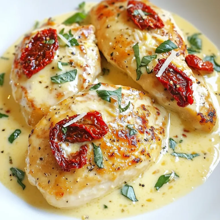 The right ingredients make all the difference in Creamy Sun-Dried Tomato Chicken. Here’s what you need: - 4 boneless, skinless chicken breasts - 1 cup sun-dried tomatoes, packed in oil, drained and chopped - 1 cup heavy cream - 1 cup chicken broth - 3 cloves garlic, minced - 1 teaspoon Italian seasoning - 1 teaspoon fresh basil, chopped (or ½ teaspoon dried basil) - Salt and pepper to taste - 2 tablespoons olive oil - ½ cup grated Parmesan cheese - Fresh parsley, chopped, for garnish These simple ingredients work together to create a rich and creamy dish. The chicken breasts are the stars, providing a tender base. Sun-dried tomatoes add a sweet, tangy flavor. Heavy cream and chicken broth create a smooth sauce that coats the chicken. Garlic brings in a lovely aroma, while Italian seasoning and basil give it a fresh taste. For the best flavor, use high-quality sun-dried tomatoes packed in oil. The olive oil adds richness and helps sear the chicken. Finally, Parmesan cheese adds a salty bite that rounds out the dish. Gather these ingredients, and you're ready to cook a delightful meal! {{ingredient_image_2}} Start by seasoning the chicken breasts with salt and pepper. This helps bring out the flavors. Use enough seasoning on both sides. It makes a big difference. Heat olive oil in a large skillet over medium-high heat. Wait until the oil is hot and shimmering. Carefully add the chicken breasts to the skillet. Sear each side for about 5-7 minutes. They should turn a lovely golden brown. Check the internal temperature; it should reach 165°F (75°C). Once done, take the chicken out and set it aside on a plate. In the same skillet, lower the heat to medium. Add minced garlic and sauté for about 30 seconds. Stir constantly until you smell the garlic. Next, add the chopped sun-dried tomatoes and Italian seasoning. Mix everything well to blend the flavors. Pour in the chicken broth and bring it to a simmer. After it starts bubbling, stir in the heavy cream. Let the sauce simmer gently for about 3-5 minutes. This thickens the sauce and makes it rich. Now, it's time to add cheese and basil. Gradually stir in the grated Parmesan cheese and fresh basil. Keep mixing until the cheese melts into the sauce. Taste it and add more salt or pepper if needed. Return the seared chicken to the skillet. Make sure each piece is coated with the creamy sauce. Cook for another 2-3 minutes to warm the chicken through. This allows the flavors to blend perfectly. Before serving, sprinkle chopped parsley over the dish. This adds a nice fresh touch. Enjoy your creamy sun-dried tomato chicken! - Ensure chicken is cooked to 165°F (75°C). This keeps it safe and juicy. - Use a meat thermometer for accuracy. This helps you avoid overcooking. - Sear chicken in hot oil for a nice brown crust. This adds flavor and texture. - Stir the sauce gently to avoid curdling. High heat can cause the cream to separate. - Add cream slowly to the simmering broth. This helps it blend smoothly. - Serve the chicken over creamy pasta for a rich meal. This adds a nice touch. - Pair it with sautéed vegetables for a colorful plate. It makes the meal more vibrant. - Drizzle some extra sauce on top for added flavor. This enhances the look and taste. - Finish with fresh parsley for a pop of color. It adds freshness and brightness. - Use a clean plate to show off your meal. This makes it more appealing to serve. Pro Tips Perfectly Sear Chicken: Make sure your skillet is hot enough before adding the chicken; this helps achieve a nice crust and prevents sticking. Customize Creaminess: For a lighter sauce, you can substitute half of the heavy cream with low-fat milk or a non-dairy alternative. Sun-Dried Tomato Quality: Use high-quality sun-dried tomatoes packed in oil for a richer flavor. If using dry ones, rehydrate them in hot water before chopping. Enhance Flavor: Add a splash of white wine after sautéing the garlic and sun-dried tomatoes for an added depth of flavor in the sauce. {{image_4}} You can change the protein in this dish. Try shrimp or tofu for a twist. Both options work well with the creamy sauce. If you want more flavor, switch up the herbs. Fresh oregano or thyme can add a new taste. You can also mix in some crushed red pepper for a kick. If you need a gluten-free meal, use gluten-free pasta or serve it with rice. You can make this dish dairy-free too. Substitute heavy cream with coconut milk or cashew cream. For a low-calorie option, use chicken breast without the skin and cut back on the cheese. You can still enjoy the rich flavors while making it fit your diet. To keep your creamy sun-dried tomato chicken fresh, store it in an airtight container. Make sure it cools to room temperature before sealing. Place the container in the fridge and enjoy your leftovers within 3 to 4 days. If you want to save it longer, freeze it for up to 3 months. Just remember to label your container with the date. When it’s time to enjoy your leftovers, reheat them gently. You can use the microwave or a skillet on low heat. If using the microwave, cover the dish with a damp paper towel. This keeps moisture in and helps avoid a dry texture. If using a skillet, add a splash of chicken broth or cream to keep it creamy. Stir often, and heat until warm throughout. Can I use fresh tomatoes instead of sun-dried? Yes, you can use fresh tomatoes. However, sun-dried tomatoes have a stronger flavor. If you choose fresh, use about two cups of chopped tomatoes. Cook them longer to soften and develop flavor. What sides pair well with this dish? This dish pairs nicely with many sides. Here are some great options: - Creamy pasta - Garlic bread - Sautéed green beans - Roasted vegetables - A fresh salad These sides balance the rich flavor of the chicken. How can I make it spicier? To add heat, you can use crushed red pepper flakes. Start with a pinch and taste as you go. You can also add a splash of hot sauce to the cream sauce for an extra kick. Adjust to your heat preference. We explored how to make creamy sun-dried tomato chicken. You learned about each step, from seasoning the chicken to creating the creamy sauce. The tips on cooking and presentation will help you shine in the kitchen. Remember, you can customize flavors and make dietary swaps to suit your needs. Proper storage and reheating will keep your meal fresh and tasty. Enjoy this dish with your favorite sides and impress your family or friends. Cooking should always be fun and rewarding!