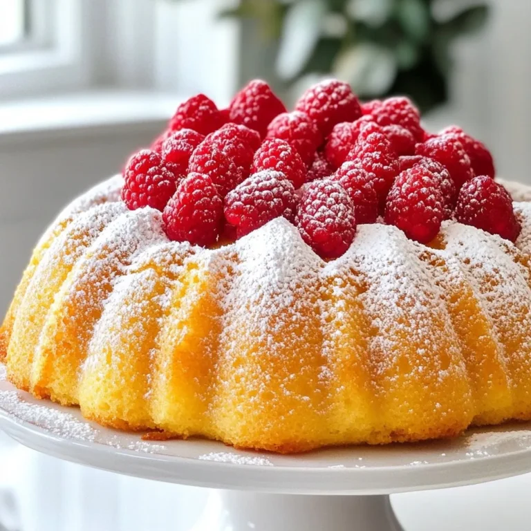 To bake a Lemon Raspberry Bundt Cake, you will need the following: - 2 cups all-purpose flour - 1 ½ teaspoons baking powder - ½ teaspoon baking soda - ½ teaspoon salt - 1 cup unsalted butter, softened to room temperature - 1 ½ cups granulated sugar - 3 large eggs at room temperature - 1 tablespoon freshly grated lemon zest - 1 tablespoon freshly squeezed lemon juice - 1 teaspoon pure vanilla extract - 1 cup creamy Greek yogurt - 1 ½ cups fresh raspberries (plus extra for garnish) - Powdered sugar for a delicate dusting You can make some swaps for this recipe. If you need a dairy-free option, use vegan butter instead of unsalted butter. For eggs, try flax eggs. Mix one tablespoon of ground flaxseed with three tablespoons of water. Let it sit for a few minutes to thicken. If you want a different flavor, swap lemon for orange or lime zest. You can also use sour cream or buttermilk instead of Greek yogurt. Each change gives a unique taste but keeps the cake moist. Using fresh ingredients matters a lot in this recipe. Fresh raspberries add sweetness and a burst of flavor. They also keep the cake light and fluffy. Fresh lemon zest gives a bright taste that balances the sweet sugar. Using quality butter and eggs helps the cake rise better. It leads to a fluffy texture that melts in your mouth. Always choose the freshest ingredients you can find. Your cake will taste better and look more inviting. {{ingredient_image_2}} To start, preheat your oven to 350°F (175°C). This step warms up the oven, allowing even baking. Next, grab your Bundt pan. Generously grease it with butter or cooking spray. This helps the cake release easily. After greasing, dust the pan with flour. Tap out any extra flour. This ensures a smooth surface for your cake. In a medium bowl, whisk together the flour, baking powder, baking soda, and salt. Mix them well, then set this aside. In a larger bowl, cream the softened butter and sugar together with an electric mixer. Mix on medium speed for about 5 minutes. You want it light and fluffy. Now, add the eggs one at a time. Mix well after each egg. After the eggs, blend in the lemon zest, lemon juice, and vanilla. These add great flavor! Gradually add the dry mixture to the wet mixture. Do this in parts. Start with one-third of the dry mix, then add half of the Greek yogurt. Repeat until all ingredients mix in. Be careful not to overmix; the batter should look just combined. Gently fold in the fresh raspberries. Use a spatula for this. Be gentle to keep the raspberries whole. This helps create tasty bursts in the cake. Pour your batter into the prepared Bundt pan. Smooth the top with a spatula. Place the pan in the oven and bake for 55-60 minutes. Check if it's done by inserting a toothpick in the center. It should come out clean with a few moist crumbs. After baking, take the cake out of the oven. Let it cool in the pan for 15-20 minutes. This helps it set. Then, carefully invert the cake onto a wire rack. Let it cool completely. This allows air to flow around the cake. Once cool, dust the top with powdered sugar. Garnish with extra fresh raspberries for a lovely touch. Enjoy this zesty treat! To get a soft and fluffy cake, start with room temperature ingredients. This includes the butter, eggs, and yogurt. When you mix the butter and sugar, aim for a light and creamy texture. This step adds air, which makes the cake rise well. Be careful not to overmix the batter after adding the dry ingredients. Just mix until you see no flour. This keeps the cake tender and moist. For added zest, use fresh lemon juice and zest. This brightens the cake's flavor. You can also add a little vanilla extract to deepen the taste. If you want a twist, consider adding a splash of almond extract. It pairs nicely with lemon and raspberry. Finally, folding in the raspberries gently ensures they stay whole, giving sweet bursts of flavor in every bite. One common mistake is not preparing the Bundt pan well. Make sure to grease and flour it properly. This helps the cake come out cleanly after baking. Also, avoid using cold ingredients. Cold butter and eggs can lead to a dense cake. Lastly, do not skip the cooling time. Letting the cake cool in the pan helps it firm up and makes it easier to remove. Pro Tips Room Temperature Ingredients: Ensure that your eggs and butter are at room temperature before mixing. This helps create a smoother batter and a more even texture in your cake. Gently Fold Raspberries: When adding raspberries to your batter, gently fold them in to prevent them from breaking apart. This will keep their shape and create beautiful bursts of flavor in every slice. Check for Doneness: Instead of relying solely on time, check the cake for doneness by inserting a toothpick into the center. It should come out with a few moist crumbs, not wet batter. Cool Before Serving: Allow the cake to cool completely before dusting with powdered sugar. This ensures that the sugar won't melt and will provide a beautiful finish to your cake. {{image_4}} You can switch up the fruit in this cake. If you like strawberries, they can work well. Blueberries add a nice pop of color and flavor too. Peaches can bring a sweet twist. Just make sure to adjust the amount. Use about 1 ½ cups of any fruit you choose. Keep the taste bright and fresh. Each fruit adds its own charm to the cake. You can make this cake gluten-free easily. Use a gluten-free all-purpose flour blend. Check that it has xanthan gum for the right texture. This will help the cake rise and stay moist. The taste will still be great! You may not even notice the difference. Just follow the same steps in the recipe. Icing can bring extra flavor to your cake. A simple lemon glaze works great. Just mix powdered sugar with lemon juice until smooth. Drizzle it over the cooled cake for a sweet touch. You can also use a cream cheese frosting. This adds a rich, creamy layer. Top it with more fresh raspberries for extra flair. Experiment with these ideas to find your favorite! To keep your Lemon Raspberry Bundt Cake fresh, store it in an airtight container. This protects it from air and moisture. Place the cake at room temperature for up to three days. If you live in a warm area, the fridge works too, but it may dry out. To avoid this, wrap the cake in plastic wrap before placing it in the fridge. Freezing your Bundt cake is simple and great for longer storage. First, let the cake cool completely. Then, wrap it tightly in plastic wrap and aluminum foil. This double wrapping helps prevent freezer burn. You can freeze it for up to three months. When you’re ready to enjoy it, defrost the cake in the fridge overnight. To reheat the cake, preheat your oven to 350°F (175°C). Place the cake on a baking sheet and cover it with foil. This keeps it moist while reheating. Warm it for about 10-15 minutes. You can also slice pieces and microwave them for about 20-30 seconds. This gives you a warm, tasty treat that feels fresh! To stop your cake from sticking, prepare your Bundt pan well. First, grease it with unsalted butter or a non-stick spray. Next, dust the pan with flour, shaking out the excess. This combination makes a barrier. It helps your cake slide out easily after baking. Also, let the cake cool in the pan for 15-20 minutes before inverting. This cooling time helps it firm up, making it less likely to stick. Yes, you can use frozen raspberries! They will work just fine in the cake. However, they may release more juice than fresh ones. This can change the texture a bit. To avoid too much juice, gently toss the frozen berries in a little flour before folding them into the batter. This helps absorb extra moisture. You can serve this cake with many tasty options. A dollop of whipped cream adds a creamy touch. Fresh berries on the side make it look colorful and fresh. You could also enjoy it with a scoop of vanilla ice cream for a sweet treat. If you want something tangy, try a lemon glaze on top. Each pairing can enhance the lemon and raspberry flavors in the cake. This blog post covered all you need to make a great Lemon Raspberry Bundt Cake. We looked at key ingredients, tips for mixing, and perfect baking methods. Remember, fresh ingredients and the right storage help keep it tasty. Use the tips to avoid common mistakes and enhance flavors. Try different fruit additions and icing ideas to vary your cake. With this guide, you're ready to bake with confidence. Enjoy your baking journey and impress your friends with your delicious creation!