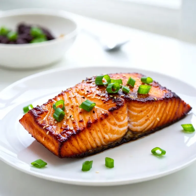 - 4 salmon fillets (approximately 6 ounces each) - 1/4 cup low sodium soy sauce - 1/4 cup honey - 2 tablespoons rice vinegar - 1 tablespoon sesame oil - 2 cloves garlic, finely minced - 1 teaspoon fresh ginger, finely grated - 1 teaspoon sesame seeds (for garnish) - 2 green onions, finely chopped (for garnish) To make teriyaki glazed salmon, you need simple, fresh ingredients. First, you will use salmon fillets. I prefer using four fillets, each about six ounces. They cook evenly and taste great. Next, you will need soy sauce and honey. These two give the salmon its sweet and salty flavor. I use low-sodium soy sauce to keep it healthier. You will also need rice vinegar, sesame oil, garlic, and ginger. These add depth and a unique twist to the glaze. Garlic brings warmth, while ginger adds brightness. For garnishes, sesame seeds and green onions will make your dish pop. They add nice texture and color, making the plate look beautiful. {{ingredient_image_2}} To start, grab a mixing bowl. Add the following ingredients: - 1/4 cup low sodium soy sauce - 1/4 cup honey - 2 tablespoons rice vinegar - 1 tablespoon sesame oil - 2 cloves garlic, finely minced - 1 teaspoon fresh ginger, finely grated Whisk these together. Make sure to blend them until smooth. A good mix helps the flavors combine well. Next, pour the marinade into a medium saucepan. Set your heat to medium and bring it to a gentle simmer. Stir it often to avoid burning. Then, take your cornstarch slurry, which is 1 tablespoon of cornstarch mixed with 2 tablespoons of water. Gradually stir this into the simmering marinade. Cook for 2-3 minutes. This will thicken the glaze and make it shiny. Once thick, remove it from heat and set it aside. Now, preheat your grill or broiler. Ensure it gets nice and hot. Lightly oil the grates or broiler pan. This step stops the salmon from sticking. Place the salmon fillets skin-side down on the grill or broiler. Brush a generous amount of teriyaki glaze on each fillet. Cook the salmon for 4-5 minutes on each side. Halfway through, baste the salmon with more glaze. It is done when it flakes easily with a fork and has a nice caramelized look. Let the salmon rest for about one minute after cooking. This helps keep the juices inside. To get the best flavor, you can adjust the sweetness or saltiness of the marinade. If you like it sweeter, add more honey. For saltiness, try a bit more soy sauce. I recommend marinating the salmon for at least 30 minutes. If you have time, let it sit for an hour. This helps the flavors soak in. You can grill or broil the salmon. Both methods work well. Grilling gives a nice smoky taste, while broiling cooks it fast. No matter which you choose, make sure your grill or broiler is hot. This helps cook the salmon evenly. Flip the fillets halfway through and baste with more glaze for added flavor. Pair your teriyaki glazed salmon with steamed rice or sautéed veggies. These sides add color and nutrition. For a beautiful presentation, serve the salmon on a white plate. Drizzle extra glaze over the top. Finish with a sprinkle of sesame seeds and chopped green onions for a fresh look. Pro Tips Marinate for Maximum Flavor: Allow the salmon to marinate for at least 30 minutes before cooking to enhance the flavor profile. If you have more time, marinating for up to 2 hours will yield even better results. Check for Freshness: When selecting salmon, look for vibrant color and a fresh smell. Avoid any fillets with a dull appearance or strong fishy odor. Use a Meat Thermometer: To ensure perfectly cooked salmon, use a meat thermometer. The internal temperature should reach 145°F (63°C) for optimal tenderness. Experiment with Garnishes: Feel free to add other garnishes such as chopped cilantro or lime wedges for an extra zing. They can elevate the dish's presentation and flavor. {{image_4}} You can change the sweetness in your teriyaki glaze. Try using maple syrup or agave instead of honey. Both options add unique flavors. You can also mix in spices like black pepper or red pepper flakes for heat. Adding citrus juice, like orange or lime, gives a fresh twist. These small changes can make a big difference in taste. If you want to switch up the fish, use trout or mahi-mahi instead of salmon. These fish have a similar texture and will soak up the glaze well. If you prefer meat, chicken thighs work great too. Just adjust the cooking time since chicken needs more heat to cook through. For a plant-based meal, try using tofu or tempeh. Both absorb flavors and give a good texture. You can also use vegetables like eggplant or zucchini. Just brush them with the glaze and grill or roast until tender. This way, you can enjoy the tasty teriyaki flavor without fish or meat. To store your teriyaki glazed salmon, first let it cool. Place the salmon in an airtight container. It will last for up to three days in the fridge. Make sure to keep the glaze separate to avoid sogginess. If you want to freeze it, wrap each fillet in plastic wrap. Then, place the wrapped fillets in a freezer bag. This way, they can last up to three months. When you are ready to eat, simply thaw them overnight in the fridge. When reheating salmon, the goal is to keep it moist. The best method is to use an oven. Preheat the oven to 275°F (135°C). Place the salmon on a baking sheet and cover it with foil. Heat for about 15-20 minutes. The fish will warm up gently without drying out. If you use a microwave, place the salmon on a microwave-safe plate. Cover it with a damp paper towel. Heat it in short bursts of 30 seconds. Check frequently to avoid overheating. Homemade teriyaki glaze can last in the fridge for up to a week. Store it in a clean jar with a tight lid. This way, you can use it for future meals. When you're ready to use it, give it a good shake or stir. You can also freeze the glaze in ice cube trays. Once frozen, pop them into freezer bags. This method allows you to use the glaze in small portions later. It’s perfect for quick dinners or adding flavor to stir-fries. You can serve teriyaki glazed salmon with many tasty sides. Here are some great ideas: - Steamed broccoli - Jasmine rice - Sautéed bok choy - Roasted asparagus - Crunchy coleslaw These sides complement the sweet glaze and add color to your plate. The cooking time depends on the thickness of your salmon. Here are some quick tips: - For fillets about 1 inch thick, grill or broil for 4-5 minutes on each side. - For thicker fillets, add an extra minute or two. - The salmon is done when it flakes easily with a fork. This ensures a moist and tender piece of fish. Yes, you can use store-bought teriyaki sauce. Here are some pros and cons: Pros: - Saves time in meal prep. - Some brands offer good flavor. Cons: - Store-bought sauces may have added sugar or preservatives. - Homemade sauce is fresher and can be adjusted to taste. Using your sauce lets you control the flavor and ingredients. This blog post covered how to create a delicious teriyaki glazed salmon. We discussed key ingredients, from salmon to garnishes, ensuring a tasty result. The step-by-step guide simplified making the marinade, glaze, and cooking the salmon. I shared tips for perfecting flavors and cooking techniques. We also explored variations and storage tips to help you adapt recipes. In your kitchen, you can apply these ideas to create meals your whole family will love. Enjoy exploring different flavors and cooking methods with teriyaki salmon!