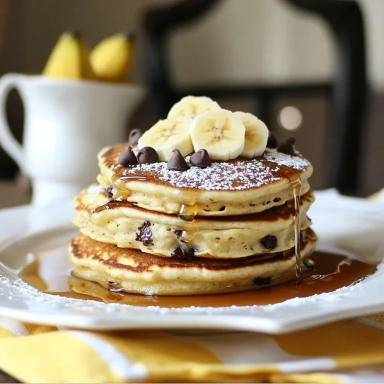 To make these tasty chocolate chip banana pancakes, gather the following: - 1 cup all-purpose flour - 2 tablespoons granulated sugar - 1 teaspoon baking powder - 1/2 teaspoon baking soda - 1/4 teaspoon fine salt - 1 cup buttermilk (or 1 cup milk mixed with 1 tablespoon vinegar to sour) - 1 large egg, lightly beaten - 2 ripe bananas, mashed until smooth - 1/4 cup chocolate chips (dark or milk chocolate, based on preference) - 2 tablespoons melted butter or melted coconut oil - Additional butter or oil for greasing the cooking surface You can swap some items if needed. For flour, use whole wheat flour for a healthier option. If you don't have buttermilk, mix regular milk with vinegar to sour it. You can use plant-based milk in place of cow's milk. For the egg, try using a flaxseed egg or chia seed egg for a vegan option. Lastly, if you want fewer sugar calories, cut the sugar in half. Make your pancakes even better with fun toppings. Try adding: - Pure maple syrup - Fresh banana slices - A sprinkle of powdered sugar - A handful of extra chocolate chips - Whipped cream - Chopped nuts like walnuts or pecans Feel free to mix and match these toppings for a delicious and colorful plate! {{ingredient_image_2}} 1. Grab a large mixing bowl. Add 1 cup of all-purpose flour, 2 tablespoons of granulated sugar, 1 teaspoon of baking powder, 1/2 teaspoon of baking soda, and 1/4 teaspoon of fine salt. Whisk these dry ingredients until they are well mixed. 2. In another bowl, combine 1 cup of buttermilk, 1 large beaten egg, and 2 ripe bananas mashed until smooth. If you don’t have buttermilk, mix 1 cup of milk with 1 tablespoon of vinegar to sour it. Add 2 tablespoons of melted butter or melted coconut oil. Stir until the mixture is smooth. 3. Slowly pour the wet ingredients into your mixing bowl with the dry ingredients. Use a spatula to gently stir the batter until just combined. Don’t worry if there are a few lumps; they are okay! 4. Carefully fold in 1/4 cup of chocolate chips. Make sure they are spread evenly throughout the batter. - Use a gentle hand while mixing to keep the pancakes light and fluffy. - If you over-mix, your pancakes may turn tough. A few lumps are fine; they’ll cook out. - Let the batter sit for about 5 minutes. This helps the gluten relax and gives you softer pancakes. - Preheat your skillet or griddle over medium heat. Grease it with butter or oil to prevent sticking. - Pour about 1/4 cup of batter onto the hot surface for each pancake. - Watch for bubbles on the surface. This means it’s time to flip! It should take about 2-3 minutes. - Flip the pancake carefully with a spatula. Cook for another 2-3 minutes until golden brown. - Keep cooked pancakes warm in a low oven while you finish the batch. Enjoy your tasty Chocolate Chip Banana Pancakes! When making chocolate chip banana pancakes, avoid over-mixing the batter. Over-mixing can make the pancakes tough. You want a few lumps in the batter. Another mistake is using old or unripe bananas. Ripe bananas give the best flavor and sweetness. Lastly, don't skip preheating the skillet. A hot surface cooks the pancakes evenly and helps them rise. Fluffy pancakes come from the right ingredients and technique. Use fresh baking powder and baking soda to ensure lift. Make sure your buttermilk is at room temperature. This helps the batter rise well. Also, let the batter rest for a few minutes. This allows the flour to hydrate and creates a lighter texture. Folding in the chocolate chips gently also helps keep the batter airy. Flipping pancakes can be tricky. Wait until you see bubbles on the surface. This shows they are ready to flip. Use a wide spatula to slide under the pancake. Flip quickly but gently to avoid breaking. Let the second side cook until golden brown. This usually takes about the same time as the first side. If you have trouble, try lowering the heat a bit. Pro Tips Use Ripe Bananas: The riper the bananas, the sweeter and more flavorful your pancakes will be. Look for bananas with brown spots for the best taste. Don’t Overmix: Mixing the batter too much can lead to tough pancakes. Stir gently until the ingredients are just combined for fluffy results. Temperature Control: Ensure your skillet is at medium heat. If it’s too hot, the pancakes may burn on the outside while remaining uncooked inside. Keep Them Warm: Place cooked pancakes in a warm oven (about 200°F or 93°C) while you finish the rest of the batter to serve them all warm at once. {{image_4}} You can make these pancakes gluten-free. Use gluten-free flour blends. They work well in this recipe. The texture may change a bit, but they will still taste great. Look for blends that include xanthan gum for better results. This helps mimic the elasticity of regular flour. To make a vegan version, swap the egg for a flax egg. Mix one tablespoon of ground flaxseed with three tablespoons of water. Let it sit for five minutes until it thickens. Replace buttermilk with plant-based milk like almond or soy. Use melted coconut oil instead of regular butter. These swaps keep the pancakes rich and fluffy. You can add extra flavors to your pancakes. Try mixing in chopped nuts like walnuts or pecans for crunch. A teaspoon of cinnamon or vanilla extract can enhance the taste. For a tropical twist, add shredded coconut. Feel free to get creative! Each variation can make your pancakes unique and exciting. If you have leftover pancakes, let them cool first. Then stack them on a plate. Use plastic wrap or a zip-top bag to cover the pancakes. You can store them in the fridge for up to three days. This keeps them fresh and ready for your next meal. To freeze your pancakes, first cool them completely. Then, lay them in a single layer on a baking sheet. Place the sheet in the freezer for about an hour. Once frozen, stack the pancakes with parchment paper between each layer. Put them in a freezer bag. They can last up to two months in the freezer without losing flavor. When you’re ready to eat your pancakes, there are a few great ways to reheat them. You can use the microwave for quick heating. Just place a pancake on a microwave-safe plate and cover it with a damp paper towel. Heat for about 20-30 seconds. For crispy edges, use a skillet. Heat a small amount of butter and cook each pancake for about one minute on each side. This will give you warm pancakes with a nice texture. Yes, you can. Mix 1 cup of regular milk with 1 tablespoon of vinegar. Let it sit for five minutes. This will create a soured milk that works well in the pancakes. The flavor and texture will be slightly different but still tasty. Look for bubbles on the surface of the pancakes. When the edges start to look set, it’s time to flip. Cook until both sides are golden brown. The pancakes should feel firm to the touch but still soft. These pancakes are great with maple syrup. You can also add fresh banana slices or whipped cream. For a crunchy twist, sprinkle some chopped nuts on top. Chocolate syrup is another fun option for chocolate lovers! In this blog post, I covered how to make tasty pancakes using key ingredients. You learned about ingredient swaps and fun toppings. I shared detailed steps for mixing and cooking pancakes perfectly. Also, I included tips to avoid common errors and improve fluffiness. You can try fun variations, store leftovers, and answer FAQs to enhance your pancake game. Remember, with practice, you’ll master these pancakes and impress anyone!