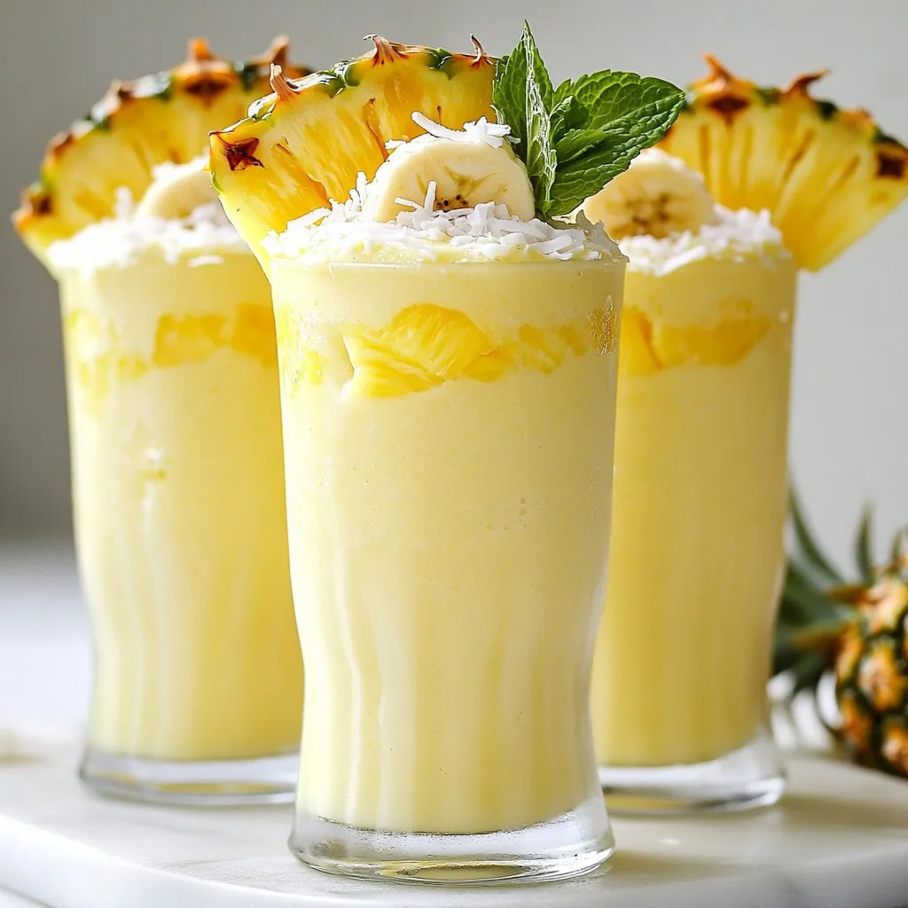 To make a delicious Piña Colada Smoothie, gather these fresh ingredients: - 1 cup fresh pineapple chunks or frozen pineapple - 1 medium ripe banana, sliced - 1/2 cup coconut milk (choose canned for creaminess or carton for a lighter taste) - 1/2 cup Greek yogurt (plain or vanilla) - 1 tablespoon honey or maple syrup (optional for sweetness) - 1/2 teaspoon pure vanilla extract - 1/4 cup shredded coconut (sweetened or unsweetened) - A handful of ice cubes (optional for thickness) - Fresh pineapple slices and mint for garnish These ingredients create a creamy and fruity blend. The pineapple gives a sweet and tangy flavor. The banana adds smoothness and natural sweetness. Coconut milk makes it rich, while yogurt provides creaminess. Adding honey or maple syrup is optional but can boost the sweetness. The vanilla extract enhances the overall taste. Shredded coconut gives a fun texture. Ice cubes can make the drink cooler and thicker. Finally, the garnish of pineapple and mint makes it pretty and inviting. Enjoy creating your tropical delight! {{ingredient_image_2}} To make your Piña Colada Smoothie, follow these simple steps: - Blend the fresh pineapple, banana, coconut milk, and Greek yogurt. This blend creates a creamy base with tropical flavors. - Add honey or maple syrup for sweetness. You can adjust the sweetness to fit your taste. - Incorporate vanilla extract and shredded coconut. This adds depth and a nice texture to your smoothie. - Blend until smooth, adjusting thickness with ice cubes. If you prefer a thicker smoothie, add ice and blend again. - Taste and adjust sweetness if desired. A quick taste test helps you find the perfect balance. - Serve in chilled glasses and garnish with pineapple and mint. This makes your drink look as good as it tastes! To make your piña colada smoothie taste amazing, use ripe bananas. They add natural sweetness. You can also try different types of coconut milk. Canned coconut milk gives a creamy texture, while carton coconut milk feels lighter. Adjust honey or coconut according to your taste. If you love a sweeter drink, add more honey or shredded coconut. Serve your smoothie right away. This gives the best texture and flavor. To make it more fun, pair it with tropical snacks. Think about fresh fruit or coconut chips for a themed experience. Enjoying these treats together adds to the fun! For the best results, use a high-speed blender. This will make your smoothie creamier. If you use frozen fruits, blend for a little longer. This helps create a smoother texture. Make sure all the ingredients blend well together. It's all about getting that perfect consistency! Pro Tips Use Frozen Pineapple: For an extra-thick and icy smoothie, opt for frozen pineapple chunks instead of fresh. Experiment with Sweetness: Adjust the sweetness of your smoothie by varying the amount of honey or maple syrup to suit your taste preferences. Choose the Right Coconut Milk: Select canned coconut milk for a richer flavor or carton coconut milk for a lighter, more refreshing option. Garnish for Presentation: Enhance the visual appeal by garnishing with fresh pineapple slices and mint leaves before serving. {{image_4}} You can make this smoothie healthier by swapping Greek yogurt for dairy-free yogurt. This change keeps the creamy texture while catering to dietary needs. For a lower-calorie option, use unsweetened coconut milk. It still adds that tropical taste without the extra calories. Want to boost your smoothie? Add a handful of spinach for a green smoothie. This ingredient packs in vitamins without changing the taste much. You can also mix in some protein powder. This addition gives you an energy boost, perfect for a morning pick-me-up. To add more tropical flavors, mix in mango or papaya. These fruits enhance the sweetness and flavor profile. If you want a true cocktail taste, add a splash of rum extract. This makes it feel like a festive drink, but it is still non-alcoholic. To keep your leftover smoothie fresh, store it in the fridge. Use an airtight container. This way, it stays tasty for up to 24 hours. Glass jars with lids work great. They prevent spills and keep the smoothie cold. If you want to save some for later, freezing is a smart choice. Pour your smoothie into ice cube trays or small containers. This way, you can use portions when you need them. When you want to enjoy your smoothie, take out a portion and let it thaw in the fridge. For quick thawing, place it in warm water. This keeps the flavors fresh and yummy. A Pina Colada Smoothie is a fruity drink that brings tropical vibes to your day. It blends fresh pineapple and ripe banana with creamy coconut milk and yogurt. You taste sweet coconut and tangy pineapple in every sip. This drink is smooth, rich, and feels like a vacation in a glass. Yes, you can! To make it dairy-free, replace Greek yogurt with dairy-free yogurt. You can also use coconut milk from a carton instead of canned for a lighter option. This way, you keep all the creamy taste without the dairy. To adjust the thickness, you can add ice cubes for a thicker drink. If it's too thick, add a bit more coconut milk or water. Blend until you reach your desired consistency. Remember, the type of fruit you use can also change the thickness. Yes, you can prep this smoothie ahead of time. Just blend all ingredients and store it in the fridge. Use an airtight container to keep it fresh. You can also freeze portions in ice cube trays for quick smoothies later. Just thaw and blend when you're ready to enjoy. This blog post shared a simple recipe for a delicious Pina Colada smoothie. You learned about the main ingredients and how to blend them. I also provided tips to enhance the flavor and make variations. You can enjoy this drink fresh or store it for later. Experiment with different ingredients to suit your taste. A smoothie can be both fun and healthy! Enjoy your tropical treat and make it your own!