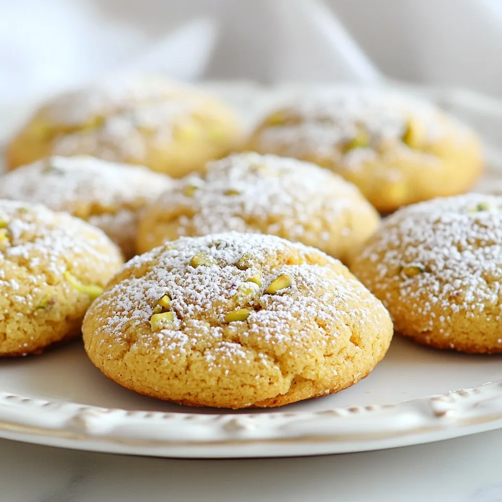 To make these tasty cookies, you need a few key ingredients: - 1 cup unsalted butter, softened to room temperature - 1 cup powdered sugar, plus extra for dusting - 1 teaspoon pure vanilla extract - 1 tablespoon rose water - 2 cups all-purpose flour - 1/2 cup pistachios, finely chopped - 1/4 teaspoon salt - 1/4 teaspoon baking powder These ingredients work together to create a rich, sweet flavor. The rose water gives a lovely floral note, while the pistachios add texture and crunch. You can dress up these cookies with some fun toppings: - Extra powdered sugar for dusting - Edible rose petals for a beautiful look - Chopped pistachios for added crunch These options make your cookies even more appealing and tasty. Sometimes, you may need to swap ingredients. Here are some ideas: - Use margarine instead of butter for a dairy-free option. - Try coconut sugar if you want a less sweet alternative. - Almond extract can replace vanilla for a different flavor. These substitutions ensure you can make the cookies even if you lack certain ingredients. {{ingredient_image_2}} Start by gathering all your ingredients. You will need: - 1 cup unsalted butter, softened - 1 cup powdered sugar, plus extra for dusting - 1 teaspoon pure vanilla extract - 1 tablespoon rose water - 2 cups all-purpose flour - 1/2 cup pistachios, finely chopped - 1/4 teaspoon salt - 1/4 teaspoon baking powder Measure everything out before you begin. This makes the process smooth and easy. In a large bowl, add the softened butter and powdered sugar. Use a hand mixer or stand mixer. Beat them together until light and fluffy. This takes about 3-4 minutes. You want a soft texture that feels airy. In a separate bowl, whisk together the flour, salt, and baking powder. Gradually add this dry mixture to the butter mixture. Stir gently until the dough comes together. It should be soft but not sticky. Now, fold in the finely chopped pistachios. This adds crunch and flavor. Use a tablespoon to scoop dough and roll it into small balls. Place them on a lined baking sheet, leaving space between each. Flatten each ball slightly with your hand or a glass. Bake in a preheated oven at 350°F for 12-15 minutes. Look for light golden edges to know they’re done. After baking, let the cookies cool on the sheet for 5 minutes. This helps them firm up. Then, transfer them to a wire rack to cool fully. Once cool, dust with powdered sugar for a sweet finish. Enjoy the lovely aroma and flavor of rose water! To get the right cookie texture, start with room temperature butter. This helps mix well with sugar. Creaming them together fully is key. You want a light and fluffy mix. Don’t rush this step; it takes about 3-4 minutes. For a softer cookie, do not overbake. Pull them out when the edges are golden. They will firm up as they cool. One big mistake is not measuring ingredients correctly. Always use a scale or measuring cups. Too much flour can make cookies dry. Another mistake is not chilling the dough. If your kitchen is warm, chill the dough for 15-30 minutes. This helps the cookies hold their shape while baking. Lastly, avoid opening the oven door too soon. It can cause cookies to bake unevenly. Want to boost the flavor? Try adding a pinch of cardamom or cinnamon. These spices pair well with pistachios and rose water. You can also mix in more nuts or dried fruits. Dried cherries or cranberries add a nice tartness. If you love chocolate, fold in some mini chocolate chips. This adds a fun twist to your cookies. Pro Tips Chill the Dough: Refrigerating the dough for 30 minutes before baking helps the cookies maintain their shape and adds to their texture. Use Fresh Pistachios: For the best flavor and crunch, opt for freshly shelled pistachios rather than pre-ground or stale ones. Adjust Sweetness: If you prefer less sweetness, reduce the powdered sugar slightly. The cookies will still be delicious with a hint of rose flavor. Experiment with Flavors: For a twist, try adding a hint of cardamom or almond extract alongside the rose water for a unique flavor profile. {{image_4}} You can make gluten-free pistachio rose water cookies easily. Start by replacing all-purpose flour with a gluten-free blend. Look for a blend that includes xanthan gum for texture. The rest of the recipe stays the same. These cookies will still taste light and airy, with the same lovely rose flavor. To make vegan pistachio rose water cookies, swap out the butter with coconut oil or vegan butter. Use a plant-based powdered sugar. For the egg, you can mix one tablespoon of ground flaxseed with three tablespoons of water. Let it sit for a few minutes to thicken. This helps bind the cookies together. The flavors remain rich and delightful. Get creative with flavors! You can use orange blossom water instead of rose water. This adds a bright citrus note. Adding cardamom gives a warm spice that pairs well with pistachios. You can also mix in chocolate chips or dried fruit for extra texture. Each variation adds a unique twist to this classic treat. To keep your pistachio rose water cookies fresh, store them in an airtight container. This helps prevent them from drying out. Place parchment paper between layers of cookies. This keeps them from sticking together. Store the container in a cool, dry place. Avoid direct sunlight or heat. This will help maintain their lovely flavor and texture. When stored correctly, these cookies can last about one week at room temperature. If you want them to last longer, consider freezing them. Just remember, the fresher the cookie, the better the taste. After a week, they may still be safe to eat but may lose some flavor and texture. For long-term storage, freezing is your best bet. Place the cookies in a single layer on a baking sheet. Freeze them for about an hour. Once frozen, transfer them to a freezer-safe bag or container. Be sure to label the bag with the date. You can keep them frozen for up to three months. When ready to enjoy, let them thaw at room temperature. This way, you’ll have a delicious treat ready anytime! Rose water adds a unique floral taste to the cookies. It makes them special and fragrant. The aroma of rose water lifts the flavor, making it refreshing. It also balances the sweetness from the powdered sugar. Use pure rose water for the best flavor. Yes, you can use roasted pistachios. Roasting enhances their flavor and crunch. Make sure to chop them finely. This way, they mix well in the dough. If you prefer a more intense taste, roasted pistachios are perfect. Look for light golden edges on the cookies. The centers should still look slightly soft. This means they will firm up as they cool. Avoid overbaking, as this makes them dry. Set a timer for 12-15 minutes for the best results. Yes, you can use sunflower seeds or pumpkin seeds. Both provide a nice crunch without nuts. Chop them finely to mix in seamlessly. Consider adding extra flavor with spices like cinnamon or cardamom. This will keep the cookies tasty and enjoyable. In this post, we explored how to make delicious pistachio rose water cookies. We covered key ingredients, step-by-step instructions, and helpful tips for the best texture. I shared ways to customize your cookies and how to store them properly. Remember, baking should be fun. Experiment with flavors and enjoy the process. Your perfect cookies are just a recipe away!