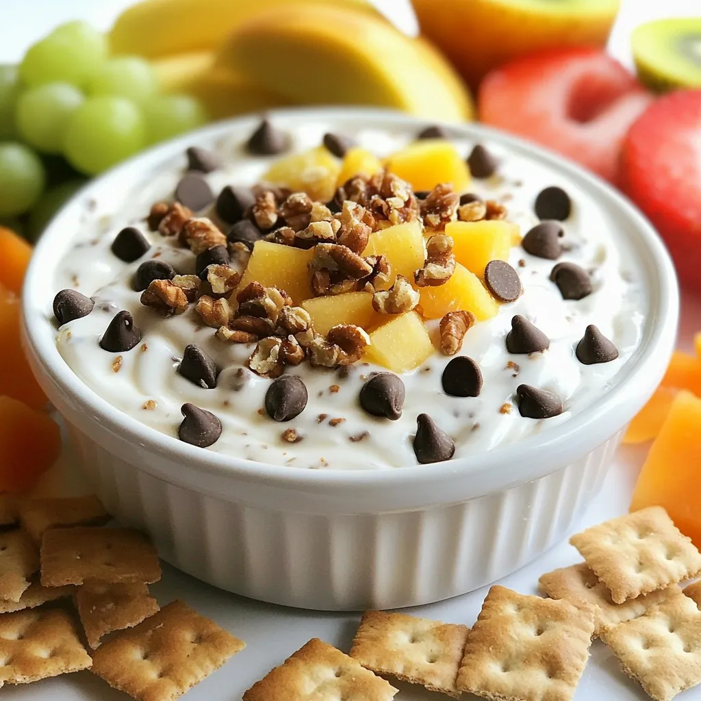 When making Cookie Dough Greek Yogurt Dip, you need a few simple and tasty ingredients. Here’s what you will need: - 1 cup of plain Greek yogurt - 1/2 cup of almond flour - 1/4 cup of maple syrup (or honey for a different sweetness) - 1 teaspoon of vanilla extract - 1/2 teaspoon of almond extract - 1/3 cup of mini chocolate chips - 1/4 cup of chopped walnuts (optional for added crunch) - A pinch of salt These ingredients come together to create a creamy and sweet dip. Plain Greek yogurt gives it a rich base. Almond flour adds a nice texture. Maple syrup or honey sweetens the dip. The vanilla and almond extracts add depth of flavor. Mini chocolate chips bring the cookie dough taste, while walnuts add crunch if you choose to include them. A pinch of salt enhances all these flavors, making each bite delightful. {{ingredient_image_2}} - Scoop 1 cup of plain Greek yogurt into a mixing bowl. - Add 1/2 cup of almond flour and 1/4 cup of maple syrup. Mix well. - Pour in 1 teaspoon of vanilla extract and 1/2 teaspoon of almond extract. Add a pinch of salt. - Stir the mixture until it is smooth and creamy. - Fold in 1/3 cup of mini chocolate chips and 1/4 cup of chopped walnuts. - Taste your dip. If you want it sweeter, add more maple syrup. - Cover the bowl with plastic wrap and chill in the fridge for at least 30 minutes. This chill time helps the flavors blend nicely. When you’re ready to enjoy, scoop the dip into a fun bowl. Serve with sliced fruits, crunchy pretzels, or graham crackers. This makes for a tasty treat that everyone will love! To make the dip just right, you can adjust the texture. If it feels too thick, add more Greek yogurt. If it’s too runny, sprinkle in more almond flour. This way, you can get the perfect creaminess. Balancing sweetness is key. Start with the maple syrup. Taste your dip, then add more syrup if you want it sweeter. Honey works too for a different flavor. I recommend chilling the dip for at least 30 minutes. This lets the flavors combine. A bit of patience goes a long way in making it taste better! Serve your dip in a bright and colorful bowl. This makes it stand out and look fun. You can also sprinkle extra mini chocolate chips and walnut pieces on top. It adds a nice touch and some flair. For dippers, think about what you love. Sliced fruits like strawberries or bananas work great. Crispy pretzels and crunchy graham crackers are also perfect. These will make your snack time even more enjoyable! Pro Tips Chill for Flavor: Allowing the dip to chill for at least 30 minutes helps the flavors blend beautifully, enhancing the overall taste. Sweetness Adjustments: Taste your dip before serving; you can always add a bit more maple syrup or honey to suit your sweetness preference. Mix-Ins for Variety: Experiment with different mix-ins like dried fruit or other nuts for a unique twist on the classic cookie dough flavor. Presentation Matters: Serve your dip in a colorful bowl and add garnishes like extra chocolate chips or nuts to make it visually appealing. {{image_4}} If you want a lighter dip, use low-fat yogurt. This swap keeps the creamy texture while cutting fat. You can also try dairy-free yogurt. Many brands offer tasty options made from almond or coconut. For sweetness, consider using alternative sweeteners. Stevia or agave syrup are great choices. They add flavor without extra calories. You can blend them in with the other ingredients for a healthy twist. To add a fun twist, try spices. Cinnamon gives warmth, while nutmeg adds a holiday vibe. A sprinkle of either can really change the taste. Mix them in when combining the yogurt and almond flour. Seasonal ingredients can also bring new life to the dip. In fall, pumpkin puree works well. Just a bit adds flavor and creaminess. In winter, a splash of peppermint extract can create a festive treat. Always taste as you go to ensure the flavors blend well. To keep your Cookie Dough Greek Yogurt Dip fresh, store it in an airtight container. This will prevent air from getting in and help maintain its creamy texture. If you have leftover dip, scoop it into a clean container right away. Avoid letting it sit out at room temperature for too long. For the best results, I recommend using glass or BPA-free plastic containers. These materials are safe and help keep flavors intact. Make sure the container has a tight lid to seal in freshness. This dip stays fresh in the fridge for about three to five days. After this time, the dip may start to lose its taste and texture. Always check for signs of spoilage before digging in. Look out for changes in smell or color. If the dip has a sour smell or appears watery, it’s time to toss it. Trust your senses; if something seems off, it probably is. Enjoy your dip while it’s fresh for the best taste! Can I use regular yogurt instead of Greek yogurt? Yes, you can use regular yogurt. However, the dip will be thinner. Greek yogurt gives a thick and creamy texture. If you use regular yogurt, consider draining it to remove some liquid. How can I make this dip vegan? To make this dip vegan, swap Greek yogurt with a plant-based yogurt. Use maple syrup, as it is already vegan. Ensure the chocolate chips are dairy-free too. This way, you keep all the great flavors without animal products. What can I serve with Cookie Dough Greek Yogurt Dip? You can serve this dip with sliced fruits like apples or bananas. Crispy pretzels add a fun crunch. Graham crackers also work well. You can even use rice cakes for a lighter option. The choices are endless! Breakdown of calories and nutrients per serving This dip serves about four people. Each serving has around 150 calories. You get protein from Greek yogurt and healthy fats from walnuts. The mini chocolate chips add some sugar, giving it a sweet touch. Possible allergens to consider This dip contains dairy and nuts. The Greek yogurt has lactose, which can upset some stomachs. Almond flour and walnuts may cause issues for those with nut allergies. Always check for allergies before serving. This blog post showed you how to make a tasty Cookie Dough Greek Yogurt Dip. We covered the simple ingredients and easy steps needed for preparation. You learned tips for perfecting the dip, creative variations, and storage advice. With this dip, you can impress your friends and family. Enjoy experimenting with flavors and serving it up in creative ways. Make sure to store any leftovers properly to keep them fresh. Now, you have everything you need to create a delightful treat!
