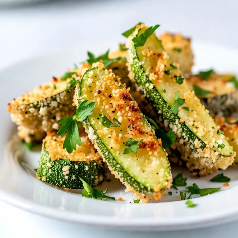 To make Garlic Parmesan Zucchini Fries, you will need: - 2 medium zucchinis, cut into fry-shaped pieces - 1/2 cup all-purpose flour - 1/2 teaspoon garlic powder - 1/2 teaspoon smoked paprika - 1/4 teaspoon salt - 1/4 teaspoon freshly ground black pepper - 2 large eggs, beaten well - 1 cup panko breadcrumbs - 1/2 cup finely grated Parmesan cheese - 2 tablespoons fresh parsley, finely chopped - Olive oil spray These ingredients create a wonderful mix of flavors and textures. The zucchini gives a fresh taste, while the garlic and Parmesan add savory notes. You can customize your fries with some fun add-ins: - A pinch of cayenne pepper for heat - Oregano or Italian seasoning for extra flavor - Nutritional yeast for a cheesy taste without dairy - Lemon zest for a bright twist Feel free to experiment! Each add-in can change the taste in a great way. This recipe serves four and packs a nutritious punch. Each serving contains: - Calories: Approx. 180 - Protein: 8g - Carbohydrates: 20g - Fat: 8g - Fiber: 2g These fries are a healthier option compared to regular fries. They are low in carbs and high in flavor! Plus, the zucchini adds vitamins and minerals. {{ingredient_image_2}} First, preheat your oven to 425°F (220°C). This step is key for crispiness. Next, grab a baking tray and line it with parchment paper. This helps the fries not stick and makes cleanup easy. In a shallow bowl, mix the all-purpose flour with garlic powder, smoked paprika, salt, and black pepper. Use a whisk to blend everything well. This mixture adds flavor and helps the coating stick to the zucchini. Take each zucchini fry and gently coat it in the seasoned flour. Shake off any extra flour. Then, dip the floured fry into the beaten eggs. Let any extra egg drip back into the bowl. Next, roll the zucchini in the breadcrumb and Parmesan mixture. Press down lightly to make sure the coating sticks well. Place the coated zucchini fries on the lined baking tray. Give them some space to cook evenly. Lightly spray the tops with olive oil. This helps them get golden and crunchy. Bake for 20-25 minutes. Remember to flip the fries halfway through for even cooking. Once golden and crispy, take them out and let them cool for a few minutes. Enjoy your delicious Garlic Parmesan Zucchini Fries! To get those zucchini fries extra crispy, follow these tips: - Use Panko Breadcrumbs: Panko provides a crunchier texture than regular breadcrumbs. - Spray with Olive Oil: A light spray of olive oil helps with browning. - Bake at High Heat: Set your oven to 425°F (220°C) for that perfect crisp. - Flip Halfway: Turning the fries halfway through baking ensures even cooking. You can easily swap some ingredients: - Zucchini: Try eggplant or sweet potatoes for a different taste. - Flour: Use almond flour or gluten-free flour if needed. - Parmesan: Grated Pecorino Romano works well for a sharper flavor. - Eggs: Use a flax egg or aquafaba if you're vegan. Want to boost the flavor? Consider these ideas: - Add Herbs: Mix in dried oregano or thyme for added depth. - Spices: A pinch of cayenne or chili powder gives a spicy kick. - Cheese Variations: Try mixing in some cheddar or mozzarella with the Parmesan. - Serve with Dips: A tangy marinara or creamy ranch pairs great with these fries. These tips will help you create the best Garlic Parmesan Zucchini Fries! Pro Tips Choose the Right Zucchini: Select firm, medium-sized zucchinis for the best texture and flavor. Avoid large zucchinis as they tend to be more watery and can result in soggy fries. Double Dip for Extra Crunch: For an even crispier coating, consider dipping the zucchini fries in the egg mixture and rolling them in the breadcrumbs twice. Use a Cooling Rack: If you have one, place a cooling rack on top of the baking tray. This allows air to circulate around the fries, helping them to become extra crispy. Experiment with Seasonings: Feel free to customize the flavor by adding herbs and spices of your choice, such as Italian seasoning, cayenne pepper, or even a sprinkle of lemon zest for a fresh twist. {{image_4}} To make a vegan version of zucchini fries, swap the eggs for plant-based alternatives. Use a mix of ground flaxseed and water. Combine 1 tablespoon of flaxseed with 2.5 tablespoons of water. Let it sit for a few minutes until it thickens. This mix acts as a great binder. You can also replace Parmesan cheese with nutritional yeast. This adds a cheesy flavor without dairy. If you enjoy a kick, add spice to your fries. Mix in 1 teaspoon of cayenne pepper or red pepper flakes into the flour mixture. You can also add hot sauce to the egg wash for more heat. This will give your fries an exciting flavor boost. Serve them with a cool dipping sauce to balance the spice. For cheese lovers, mix it up with different types of cheese. Try using mozzarella or cheddar instead of Parmesan. You can blend these cheeses with breadcrumbs for a unique taste. Another option is to sprinkle extra cheese on top during the last few minutes of baking. This will create an even cheesier crust that is hard to resist. To keep your zucchini fries fresh, store them in an airtight container. Let them cool completely before sealing. This way, you keep the fries crisp and tasty. Use them within 3 days for the best flavor and texture. To reheat your leftovers, use an oven or air fryer. Set the oven to 400°F (200°C). Place the fries in a single layer on a baking tray. Bake for about 10 minutes or until they feel hot and crispy again. If using an air fryer, cook them at the same temperature for 5-7 minutes. Avoid using the microwave, as it can make them soggy. You can freeze uncooked zucchini fries for later use. After coating them, place the fries on a baking sheet lined with parchment paper. Freeze them for 1-2 hours until they are solid. Then, transfer the frozen fries to a freezer bag or container. Store them for up to 3 months. When ready, bake them directly from frozen. Just add a few extra minutes to the cooking time. To make your zucchini fries crispy, follow these tips: - Use Panko Breadcrumbs: They add more crunch than regular breadcrumbs. - Coat Lightly: Don’t overload the fries with flour or egg. - Space Them Out: Place fries apart on the baking tray. This helps hot air circulate. - Spray Olive Oil: A light spray on top helps them brown nicely. Bake at 425°F (220°C) for 20-25 minutes. Flip halfway for even crispiness. Yes, you can! Here are some great options: - Carrots: Cut them into fry shapes for a sweet crunch. - Sweet Potatoes: They add a nice, sweet flavor. - Eggplant: Try it for a unique taste and texture. - Bell Peppers: They work well and add color to your plate. Adjust cooking times if your vegetables are thicker or thinner than zucchini. These dips are perfect for your fries: - Marinara Sauce: A classic choice that adds a tangy touch. - Creamy Garlic Dip: For garlic lovers, this is a must-try. - Ranch Dressing: A cool and creamy option that complements the fries well. - Spicy Mayo: For a kick, mix mayo with hot sauce. These dips enhance the flavor and make your dish even more fun! You now have a clear guide on making tasty zucchini fries. We covered key ingredients, step-by-step baking, and tips for crispiness. You learned about fun variations like vegan and spicy options. Proper storage and reheating tips ensure your leftovers stay fresh. Remember, you can swap ingredients and find great dips to enjoy. I hope you feel inspired to try this simple and delicious snack. Enjoy your cooking!