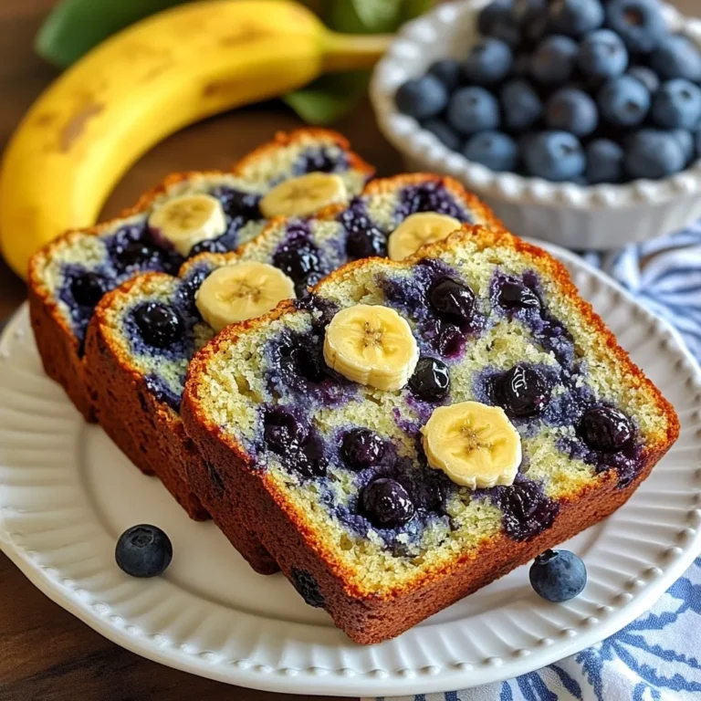 Here’s what you need to make this tasty blueberry banana bread: - 3 ripe bananas, well-mashed - 1 cup fresh blueberries, rinsed and drained - 1/2 cup unsalted butter, melted and slightly cooled - 1 cup granulated sugar - 2 large eggs, at room temperature - 1 teaspoon pure vanilla extract - 1 teaspoon baking soda - 1/2 teaspoon salt - 1 1/2 cups all-purpose flour - 1/2 teaspoon ground cinnamon (optional) - 1/4 cup chopped walnuts or pecans (optional) Using ripe bananas is key. They add natural sweetness and moisture. Fresh blueberries give bursts of flavor. You can use unsalted butter for a rich taste. Granulated sugar balances the flavors and helps with browning. Two large eggs provide structure and help the bread rise. Vanilla extract adds a lovely aroma. Baking soda acts as a leavening agent, helping the bread rise. Salt enhances all the flavors. All-purpose flour forms the base of the bread. Ground cinnamon adds warmth, but it’s optional. Chopped walnuts or pecans give a nice crunch, also optional. Gather these ingredients, and you're ready to bake! {{ingredient_image_2}} - Preheat the oven to 350°F (175°C). - Prepare your loaf pan by greasing it lightly or lining it with parchment paper. - In a large bowl, combine the well-mashed bananas and melted butter. Stir until creamy. - Add granulated sugar, eggs, and vanilla extract to the banana mixture. Mix well. - In another bowl, whisk together baking soda, salt, and all-purpose flour. - If you like, add ground cinnamon and chopped nuts to the dry mix. - Gently fold the dry mix into the wet mix. Don't overmix; it should be slightly lumpy. - Carefully fold in the fresh blueberries. Make sure not to crush them. - Pour the batter into the prepared loaf pan. Smooth the top with a spatula. - Bake in the oven for 60-70 minutes. Check with a toothpick for doneness. - After baking, cool the bread in the pan for 10-15 minutes. Then, move it to a wire rack. To get the best texture, don't overmix the batter. Overmixing makes the bread tough. Mix until just combined, and let the batter stay a little lumpy. Ripe bananas are key for moisture. They add sweetness and softness. Look for bananas with brown spots for the best results. Folding the blueberries into the batter needs care. Gently mix them in to avoid smashing. If you use frozen blueberries, don’t thaw them first. They can make the batter too wet. Fresh blueberries work well and add vibrant color. Set your oven to 350°F (175°C). This temperature helps the bread rise evenly. To check if it's done, use a toothpick. Insert it into the center. If it comes out clean or with a few moist crumbs, your bread is ready. Adjust baking time based on your oven. Pro Tips Use Overripe Bananas: The riper the bananas, the sweeter and more flavorful your bread will be. Look for bananas with brown spots for the best results. Don’t Overmix: To ensure a tender crumb, mix the batter until just combined. A few lumps are perfectly fine and will lead to a softer texture. Cool Before Slicing: Allow the bread to cool completely on a wire rack before slicing. This helps set the texture and keeps the slices from being gummy. Experiment with Add-ins: Feel free to get creative! Try adding in chocolate chips, shredded coconut, or different nuts for a unique twist on the classic recipe. {{image_4}} To make this bread gluten-free, swap all-purpose flour for gluten-free flour blends. They work well in this recipe. Look for blends that include xanthan gum for best results. You can find these blends in most grocery stores. For a vegan version, replace the eggs with flax eggs. Just mix one tablespoon of ground flaxseed with three tablespoons of water. Let it sit for a few minutes until it thickens. For butter, use coconut oil or a plant-based butter. You can also boost flavors by adding a pinch of nutmeg or some fresh lemon zest. You can try using other fruits like strawberries or raspberries. They add a nice tartness. If you want to make it extra special, mix in chocolate chips or cinnamon. A dash of nutmeg also brings warmth to the bread. These simple changes can make each loaf unique and fun! To keep your blueberry banana bread fresh, wrap it well. Use plastic wrap or foil. Store it at room temperature for short-term use. This keeps the bread soft for a few days. For longer storage, the freezer is your friend. Slice the bread before freezing. Place each slice in a freezer bag. Remove as much air as you can. This helps prevent freezer burn. At room temperature, your bread lasts about 3 to 4 days. If you freeze it, it stays good for up to 3 months. When you are ready to eat, reheating is key. For the best texture, use an oven. Preheat it to 350°F (175°C). Place a slice on a baking sheet. Warm it for about 10 minutes. This brings back the fresh-baked taste. You can also use a microwave. Heat for about 15-20 seconds. This is quick but may make the bread a bit soft. Enjoy your delicious blueberry banana bread fresh! Yes, you can use frozen blueberries. They work well in this recipe. Just keep a few tips in mind: - Do not thaw them: Add them straight from the freezer to the batter. This helps prevent them from bleeding into the mix. - Coat in flour: Lightly toss the frozen berries in a bit of flour before adding them. This keeps them from sinking to the bottom. - Adjust baking time: Since the batter will be colder, you might need to bake it for a few extra minutes. Using frozen blueberries can make this recipe easier and still taste great. The best bananas for this bread are very ripe. Here’s what to look for: - Color: You want bananas that are mostly brown or yellow with brown spots. - Texture: They should feel soft to the touch. The mushier, the better. - Flavor: Ripe bananas have a sweeter flavor, which adds to the bread’s taste. Using ripe bananas gives the bread moisture and natural sweetness. Absolutely! Adding nuts or other ingredients can enhance flavor and texture. Here are some ideas: - Nuts: Chopped walnuts or pecans add crunch. Use about 1/4 cup for a nice balance. - Spices: A sprinkle of cinnamon or nutmeg can give extra warmth. - Other fruits: Try adding chopped strawberries or raspberries for a fruity twist. - Chocolate chips: They add sweetness and richness. Use about 1/2 cup if you want to indulge. Feel free to mix and match based on your taste. Enjoy creating your own version of this bread! This blog post guides you through making delicious blueberry banana bread. We covered ingredients, step-by-step instructions, and helpful tips. You learned how to adjust for gluten-free and vegan diets, too. Now you have the tools to bake this tasty treat. It’s perfect for breakfast, snacks, or dessert. Remember to enjoy it fresh or share with friends. Happy baking!