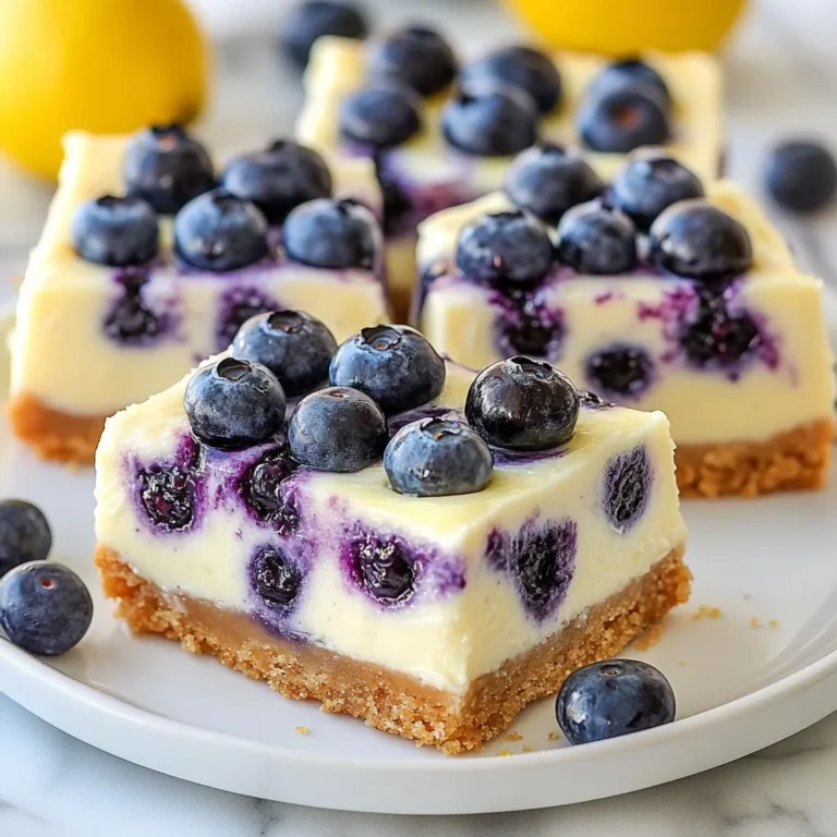 - 1 ½ cups graham cracker crumbs - ½ cup unsalted butter, melted - 2 cups cream cheese, softened at room temperature - 1 cup granulated sugar - 2 large eggs, at room temperature - 1 teaspoon pure vanilla extract - Zest of 1 medium lemon - ¼ cup freshly squeezed lemon juice - 1 cup fresh blueberries (or frozen, thawed and drained thoroughly) - 2 tablespoons cornstarch (optional, for a creamier, thicker texture) To make these blueberry lemon cheesecake bars, gather the following tools: - 9x9 inch baking dish - Mixing bowls - Electric mixer - Spatula - Parchment paper - Sharp knife - Measuring cups and spoons Choosing the best ingredients makes a big difference. Here are my tips: - Graham cracker crumbs: Look for ones that are finely crushed. This helps create a smooth crust. - Unsalted butter: Always use unsalted butter for better control over salt levels. - Cream cheese: Buy full-fat cream cheese for a rich, creamy texture. - Sugar: Use granulated sugar for sweetness and smoothness. - Fresh lemons: Choose firm lemons for juice and zest. They add bright flavor. - Blueberries: Use fresh blueberries for the best taste and texture. Frozen can work, but ensure they are well-drained. - Cornstarch: Optional, but it helps create a creamier filling. {{ingredient_image_2}} To start, preheat your oven to 325°F (163°C). Take a 9x9 inch baking dish and line it with parchment paper. Let some paper hang over the sides. This makes it easy to lift the bars later. In a mixing bowl, combine 1 ½ cups of graham cracker crumbs and ½ cup of melted unsalted butter. Stir until it feels like wet sand. Press this mixture evenly into the bottom of your baking dish. Bake this crust for 10 minutes. After baking, let it cool for a few minutes. In a large bowl, beat 2 cups of softened cream cheese with an electric mixer. Mix until it is smooth and creamy. Gradually add 1 cup of granulated sugar while you mix. Keep mixing until fluffy. Add 2 large eggs, one at a time. Make sure each egg is mixed in well before adding the next. Then, add 1 teaspoon of pure vanilla extract, the zest of 1 lemon, and ¼ cup of freshly squeezed lemon juice. Mix until smooth. If you want a thicker texture, fold in 2 tablespoons of cornstarch. Carefully fold in 1 cup of fresh blueberries with a spatula. Be gentle so you don’t mash them. Now, pour the cheesecake filling over the cooled crust. Use a spatula to spread it evenly. Bake it in the oven for 35-40 minutes. Look for the edges to be set while the center has a slight jiggle. Once done, remove it from the oven. Let the cheesecake bars cool to room temperature. After cooling, place them in the fridge for at least 4 hours, or overnight. This helps them set well. When ready, lift the bars out using the parchment paper. Cut them into squares with a sharp knife. Enjoy your blueberry lemon cheesecake bars! To get that smooth and creamy texture, start with softened cream cheese. This step is key. Beat it well until there are no lumps. Add the sugar slowly while mixing. This helps to create a light and fluffy filling. If you want it even thicker, consider adding cornstarch. It can make your cheesecake bars creamier. Make sure to fold in the blueberries gently. This keeps them whole and adds nice bites of flavor. One common mistake is overmixing the filling. Mix just until smooth. Overmixing can cause cracks in your cheesecake. Another mistake is skipping the chilling step. Allow your bars to chill for at least four hours. This step helps them set properly. Finally, don’t rush the baking process. If the center jiggles too much, they need more time. Underbaking can lead to a runny texture. For a beautiful presentation, serve your bars chilled. Use fresh blueberries on top for color. A sprinkle of lemon zest adds a nice touch. You can also pair the bars with a dollop of whipped cream. If you want to impress, cut them into neat squares. Arrange them on a colorful platter. This makes them look even more inviting. Pro Tips Use Room Temperature Ingredients: Ensure that your cream cheese and eggs are at room temperature for a smoother batter and better incorporation. Don’t Overmix: When adding the eggs, mix just until combined to prevent excess air from being incorporated, which can cause cracks while baking. Cool Gradually: After baking, let the bars cool in the pan before refrigerating. This helps to set the texture without causing cracks. Chill Overnight: For the best flavor and texture, allow the bars to chill overnight. This helps the flavors to meld beautifully. {{image_4}} You can easily make gluten-free blueberry lemon cheesecake bars. Just swap the graham cracker crumbs for gluten-free crumbs. Look for crumbs made from gluten-free cookies, or use ground almonds. Melted butter works just the same, so no need to change that. This small change keeps the flavor while making it suitable for those who can't eat gluten. Blueberries are great, but feel free to mix it up! You can use raspberries, strawberries, or peaches instead. Each fruit brings its own flavor. If you use strawberries, chop them into small pieces. For raspberries, you can fold them in whole. Peaches add a nice sweetness that pairs well with lemon. This flexibility makes the recipe fun and fresh every time. To make vegan blueberry lemon cheesecake bars, you need to replace a few key ingredients. Use a vegan cream cheese for the filling. You can find it in most grocery stores. For the eggs, try flax eggs or applesauce. Substitute 1 egg with 1 tablespoon of ground flaxseed mixed with 2.5 tablespoons of water. This change keeps the bars creamy and delicious without using animal products. To store leftover blueberry lemon cheesecake bars, first let them cool. Once they reach room temperature, cover them tightly with plastic wrap or aluminum foil. You can also place them in an airtight container. Keep them in the fridge for the best taste. The cream cheese filling needs to stay cold to stay fresh. You can freeze these bars for longer storage. After cooling, cut them into squares. Wrap each square tightly in plastic wrap. Then, place them in a freezer-safe bag or container. Make sure to label the bag with the date. They will stay good in the freezer for up to three months. When you're ready to enjoy, thaw them overnight in the fridge. These cheesecake bars last about a week in the fridge. To keep them fresh, check for any signs of spoilage. Look for changes in color or texture. The flavor is best within the first few days. If you freeze them, remember they taste great after thawing. Enjoying them fresh or slightly chilled enhances the flavors! Yes, you can use frozen blueberries. Just thaw and drain them first. This helps prevent excess moisture in your bars. Frozen blueberries can be just as tasty as fresh ones. They work well in this recipe and make it easier to enjoy these bars year-round. Choosing frozen blueberries can also save you time and money. You can keep these bars in the fridge for up to five days. Store them in an airtight container to keep them fresh. The flavors may deepen as they sit, which can make them even more delicious. Just remember to let them cool completely before you store them. If you need a substitute for cream cheese, try Greek yogurt or ricotta cheese. Both options will give you a creamy texture. For a dairy-free choice, use cashew cream or coconut cream. These alternatives can change the flavor, but they still create a yummy dessert. You learned how to make delicious blueberry lemon cheesecake bars, from choosing your ingredients to baking. I shared tips to help you avoid common mistakes and tricks for perfect results. Don’t forget the tasty variations, like gluten-free and vegan options. Proper storage keeps your leftover bars fresh for longer. Whether you serve them at a party or enjoy them at home, these bars are sure to impress. I hope you feel ready to bake and share! Enjoy your cheesecake journey!