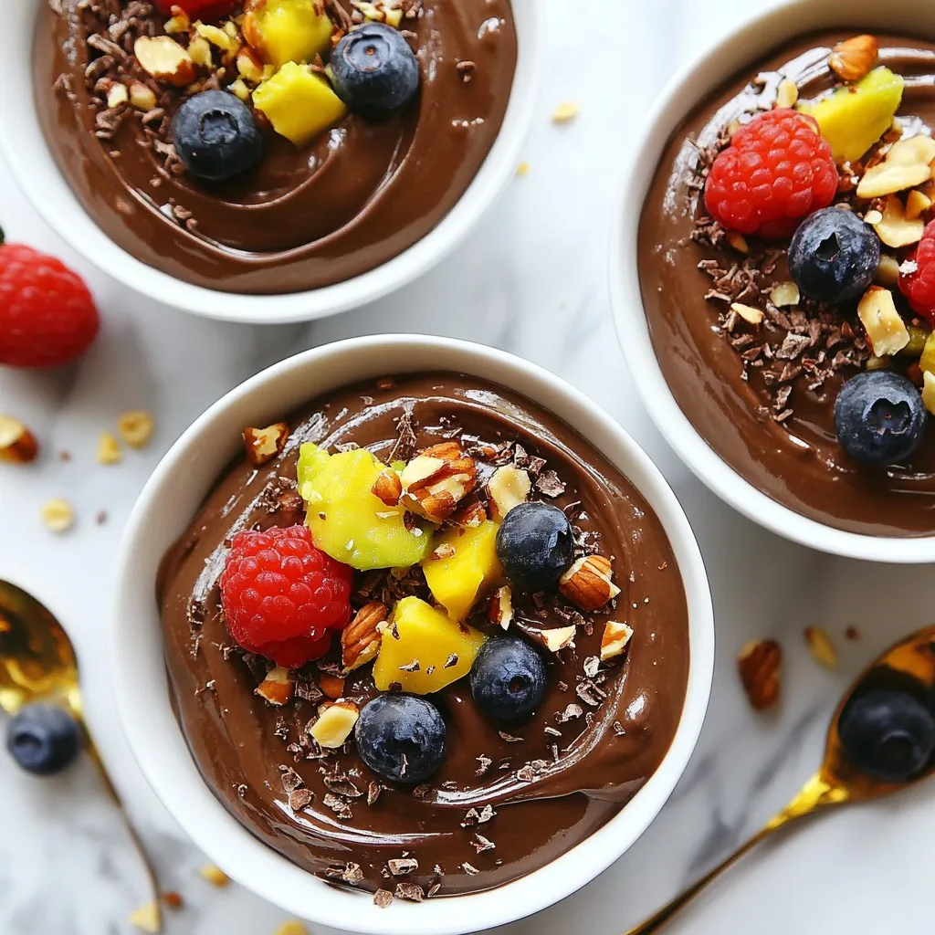 - 2 ripe avocados - 1/4 cup unsweetened cocoa powder - 1/4 cup maple syrup or honey - 1/4 cup almond milk or your favorite plant-based milk - 1 teaspoon pure vanilla extract - 1/4 teaspoon sea salt To make avocado chocolate pudding, you need just a few key ingredients. Ripe avocados are crucial. They give the pudding its smooth and creamy texture. Unsweetened cocoa powder adds rich chocolate flavor without extra sugar. You can sweeten the pudding with maple syrup or honey. Maple syrup is vegan, while honey is not. Almond milk makes the pudding light and keeps it plant-based. If you want, feel free to use any milk you like. A splash of pure vanilla extract adds warmth. Finally, a pinch of sea salt enhances all the flavors. - Fresh berries (like strawberries or raspberries) - Chopped nuts (such as walnuts or pecans) - Coconut flakes For toppings, fresh berries add a pop of color and a burst of taste. Chopped nuts give a nice crunch. If you like coconut, sprinkle some flakes on top for extra flavor. {{ingredient_image_2}} - Halve and pit the avocados. - Scoop flesh into a blender or food processor. First, take two ripe avocados and cut them in half. Use a spoon or knife to remove the pit safely. Then, scoop the creamy green flesh into your blender or food processor. This is the base of your pudding. - Add cocoa powder, sweetener, almond milk, vanilla extract, and sea salt. - Blend until smooth and creamy. Next, pour in 1/4 cup of unsweetened cocoa powder, 1/4 cup of maple syrup (or honey), and 1/4 cup of almond milk. Add 1 teaspoon of pure vanilla extract and a pinch of 1/4 teaspoon sea salt. Blend everything on high speed. Scrape down the sides if needed. You want a smooth and creamy mix. - Taste and adjust sweetness with additional maple syrup if desired. - Blend briefly to combine. Now, taste your pudding. If you want it sweeter, add a little more maple syrup. Blend briefly to mix it in well. This step ensures the pudding matches your taste. - Transfer pudding to serving bowls. - Chill in refrigerator for at least 30 minutes. Finally, use a spatula to scoop the pudding into serving bowls. Chill them in the fridge for at least 30 minutes. This waiting time helps the flavors mix and the pudding to set. Enjoy the rich, chocolatey goodness! To make avocado chocolate pudding creamy, choose ripe avocados. Ripe avocados are soft yet firm. They blend easily and add a rich texture. If the avocados are too hard, the pudding will be lumpy. Always check for ripeness by gently squeezing them. If they yield slightly, they are ready. To prevent lumps, blend the pudding well. Use a high-speed blender to achieve a smooth mixture. Stop to scrape down the sides with a spatula. Blend again until everything is fully mixed. This ensures a silky texture that melts in your mouth. Serving this pudding in clear glass dishes makes it look fancy. You can see the rich brown color, which looks appetizing. Use small bowls or ramekins to give individual servings. This way, each person can enjoy their own portion. For garnishing, get creative! Top with fresh berries like strawberries or raspberries for color. You can also sprinkle chopped nuts on top for a crunch. Adding coconut flakes gives an exotic feel. A mint leaf adds a touch of freshness. This not only enhances flavor but makes it visually appealing. You can make this pudding your own by trying different sweeteners. Maple syrup is great, but honey works too. If you want to keep it vegan, stick with maple syrup. You can also use agave nectar for a milder taste. Adding spices can change the flavor profile. A pinch of cinnamon or nutmeg adds warmth and depth. These spices pair well with chocolate, giving a unique twist. Don't be afraid to experiment! Pro Tips Choose Ripe Avocados: Make sure your avocados are perfectly ripe for the creamiest texture. They should yield slightly to gentle pressure when squeezed. Customize Sweetness: Adjust the sweetness by starting with less maple syrup or honey, then add more according to your taste preference after blending. Chill Thoroughly: Allow the pudding to chill for at least 30 minutes to enhance the flavors and achieve the right consistency. Experiment with Toppings: Get creative with toppings! Fresh fruit, nuts, or even a drizzle of nut butter can elevate each serving into a unique treat. {{image_4}} You can change the taste of your avocado chocolate pudding by using different sweeteners. Here are two great options: - Agave nectar: This sweetener is light and has a mild flavor. It mixes well into the pudding. Use it in the same amount as maple syrup for a sweet touch. - Coconut sugar: This option adds a hint of caramel flavor. It has a lower glycemic index than regular sugar. Swap it for maple syrup in equal parts for a unique taste. These options give you the freedom to customize your pudding based on your taste and diet. If you want to keep this pudding dairy-free, there are easy swaps: - Using different plant-based milks: Almond milk is great, but you can use oat, soy, or cashew milk too. Each brings its own flavor to the pudding. - Adding dairy-free toppings: Fresh fruits and nuts are great toppings. You can also use coconut whipped cream for a creamy finish. This keeps the dessert light and fun. Try these alternatives to make your pudding fit your diet while still being delicious. Want to change things up? Adding different flavors is an easy way to do it: - Adding coffee or espresso for a mocha twist: A hint of coffee will deepen the chocolate flavor. Just mix in one teaspoon of instant coffee or espresso powder when blending the pudding. - Incorporating nut butters for richness: Peanut or almond butter adds creaminess. Stir in a tablespoon for a nutty flavor that pairs well with chocolate. These flavor variations keep your dessert exciting, making each bite a new experience. Store leftover avocado chocolate pudding in an airtight container. Glass or plastic containers work well. This keeps the pudding fresh and prevents it from absorbing other odors. It lasts up to four days in the fridge. Make sure to cover it tightly to avoid browning. If you see any discoloration on the surface, just stir it before serving. That will help bring back its rich color. You can freeze avocado chocolate pudding if you want to save it longer. First, pour the pudding into a freezer-safe container. Leave some space at the top, as it will expand when frozen. Seal the container well to avoid freezer burn. The pudding can last up to three months in the freezer. When you’re ready to eat it, take it out and thaw it overnight in the fridge. For the best texture, stir it well after thawing. If it seems too thick, add a splash of almond milk and blend until smooth. Enjoy your creamy treat! Avocado chocolate pudding is a creamy dessert made from ripe avocados and cocoa powder. The avocados give it a smooth texture and healthy fats. This dish is a delicious way to enjoy chocolate without heavy cream or sugar. The natural sweetness from maple syrup or honey adds flavor, while cocoa powder gives it a rich taste. It’s a great treat for kids and adults alike, making healthy eating fun and tasty. Yes, you can make this pudding ahead of time. Prepare it up to two days in advance. After blending, store it in an airtight container in the fridge. This helps the flavors blend well. Just remember to cover the pudding to keep it fresh. A layer of plastic wrap directly on the surface can help prevent browning. Yes, avocado chocolate pudding is vegan if you use maple syrup. This dessert contains no animal products. Use almond milk or any plant-based milk for a dairy-free option. It is a great choice for anyone following a vegan diet or looking to eat healthier. Avocado chocolate pudding lasts about three to four days in the fridge. Keep it in an airtight container to maintain freshness. Check for any signs of spoilage, like a change in color or an off smell. If it becomes brown, that means it’s time to toss it out. Enjoy it while it’s fresh for the best flavor and texture! Avocado chocolate pudding is simple and delicious. You need ripe avocados, cocoa powder, and your choice of sweetener. Blend these ingredients for a creamy treat. Chill, then serve in nice bowls. Remember to customize with fruits or nuts. This pudding is vegan and can be made ahead of time. Store leftovers in the fridge or freeze for later use. Enjoy experimenting with flavors and toppings. Make this healthy dessert your new favorite!