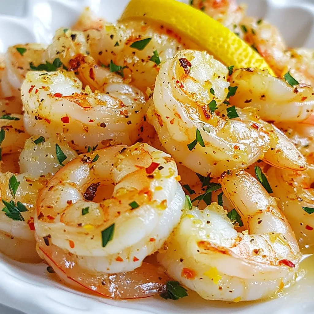 - 1 lb large shrimp, peeled and deveined - 4 cloves garlic, finely minced - 1/4 cup extra virgin olive oil - Zest and juice from 2 fresh lemons - 1 teaspoon smoked paprika - 1/2 teaspoon red pepper flakes - Salt and black pepper, to taste - 2 tablespoons fresh parsley, finely chopped (for garnish) When making Lemon Garlic Roasted Shrimp, I always start with fresh, high-quality ingredients. The shrimp should be large and firm, as they cook nicely and soak up flavors well. Minced garlic adds a strong, savory touch that pairs beautifully with lemon. Extra virgin olive oil is important too. It brings richness and helps the shrimp roast evenly. The zest and juice from the fresh lemons give a bright, zesty kick. The smoked paprika adds warmth and depth, while red pepper flakes can be adjusted for the spice lovers. Finally, fresh parsley not only adds color but also a fresh taste. Using these ingredients will help you create a dish that bursts with flavor and is sure to impress! {{ingredient_image_2}} - Preheat oven to 400°F (200°C). - Prepare the marinade with olive oil, garlic, lemon, spices, and seasoning. To start, you need to preheat your oven. This step helps the shrimp cook evenly. While the oven heats, mix your marinade. Grab a big bowl and add extra virgin olive oil, minced garlic, and the zest and juice from two fresh lemons. This combination gives the shrimp a bright, tangy flavor. Then, add smoked paprika, red pepper flakes, salt, and black pepper. Whisk it all together until you see a nice blend of colors. - Next, toss the shrimp in the marinade. - Allow the shrimp to marinate for approximately 15 minutes. Now it’s time to add the shrimp. Toss them into the bowl, making sure every shrimp gets coated in that tasty marinade. This step is key; it lets the shrimp soak up all those wonderful flavors. Let them sit for about 15 minutes. You’ll notice the shrimp start to change color as they absorb the marinade. - Arrange shrimp on a lined baking sheet. - Roast for about 8-10 minutes, stirring halfway through. After marinating, line a baking sheet with parchment paper. This makes for easy cleanup. Spread the shrimp in a single layer on the sheet. Make sure they aren’t too close together; this ensures they roast well. Now, place the baking sheet in your preheated oven. Set your timer for 8 to 10 minutes. Halfway through, stir the shrimp to help them cook evenly. When they turn vibrant pink and opaque, they are ready to enjoy! - Adjust red pepper flakes based on your spice preference. - For added zest, drizzle fresh lemon juice before serving. To make your dish pop, think about spice levels. If you like heat, add more red pepper flakes. If you prefer mild flavors, use less. This keeps the dish fun and personal. A little sprinkle of lemon juice right before serving gives a fresh twist. It brightens every bite and makes your shrimp taste even better. - Avoid overcrowding shrimp on the baking sheet. - Check for doneness by color and opacity. When you put shrimp on the baking sheet, make sure they have space. If they are too close, they won’t cook evenly. Spread them out for the best results. You’ll know they are done when they turn bright pink and opaque. This color change tells you they are cooked through and ready to eat. - Garnish with fresh parsley for color. - Serve with additional lemon wedges for a fresh touch. Make your dish look great with a touch of green. Fresh parsley adds color and taste. Just sprinkle it on top before serving. You can also add lemon wedges on the side. This lets everyone add more lemon if they want a tangy kick. It makes your meal look inviting and delicious! Pro Tips Marinate for Maximum Flavor: Allow the shrimp to marinate for at least 15 minutes. If time permits, marinating for up to 30 minutes will deepen the flavor even more. Choose Quality Shrimp: Opt for fresh or frozen wild-caught shrimp for the best taste and texture. Avoid overcooked shrimp, which can become rubbery. Adjust Spice Levels: Feel free to modify the amount of red pepper flakes according to your spice tolerance. You can also add a dash of hot sauce for extra heat. Serving Suggestions: Serve the shrimp with a side of garlic bread or over pasta tossed in olive oil for a complete meal that complements the zesty flavors. {{image_4}} You can make this dish even better by adding vegetables. Bell peppers or asparagus add great color and nutrition. Roasted broccoli fits well with the shrimp's flavors. These add-ons make your meal more vibrant and healthy. Toss them in the same marinade as the shrimp. If you want a change, try using chicken or tofu instead of shrimp. Chicken thighs work well, but you should cook them longer. For tofu, press it first to remove moisture. Adjust the cooking time based on the protein you use. You can change up the herbs for a new taste. Try dill or cilantro for a fresh twist. If you want a zesty kick, swap the lemon juice for lime juice. This simple switch can take your dish in a whole new direction. You can store leftover lemon garlic roasted shrimp in an airtight container. They will stay fresh for up to 3 days. When you reheat, do so gently. This helps keep the shrimp's texture nice and tender. To freeze shrimp, lay them out in a single layer. After that, transfer them to a freezer bag. This method prevents clumping. For the best taste, use them within 1 month. For the best results, reheat shrimp in the oven. This method helps them stay juicy. Avoid the microwave, as it can make shrimp rubbery. Simply place them on a baking sheet and warm them up until heated through. Yes, just ensure they are thawed and patted dry before marinating. Frozen shrimp can be just as tasty as fresh. When thawed, they absorb the flavors well. Always check the package for thawing tips. Serve over rice, pasta, or alongside a fresh salad for a complete meal. Rice soaks up the sauce nicely. Pasta adds a nice texture. A crisp salad balances the meal with freshness. Shrimp are fully cooked when they are pink and opaque; they typically take 8-10 minutes in the oven. Look for a slight curl in the shrimp. If they are firm to the touch, they are ready to enjoy! To sum up, this blog post covers how to make Lemon Garlic Roasted Shrimp. We discussed key ingredients, step-by-step cooking instructions, and helpful tips. You can enhance flavor with spices and serve it with vegetables or alternative proteins. Remember to store leftovers correctly or freeze them for later. Overall, following these steps will lead you to a delicious meal that’s easy and satisfying. Enjoy and share your tasty results!