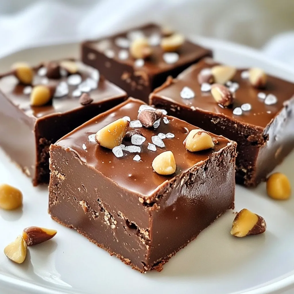 To make this vegan chocolate peanut butter fudge, gather these items: - 1 cup natural peanut butter (creamy or chunky) - 1/2 cup pure maple syrup - 1/2 cup coconut oil, melted - 1/2 cup cocoa powder, unsweetened - 1 teaspoon pure vanilla extract - 1/4 teaspoon fine sea salt - 1/4 cup dairy-free chocolate chips - Optional: Chopped nuts or flaky sea salt for topping You can swap some ingredients if needed: - If you don’t have coconut oil, use any neutral oil like canola. - Maple syrup can be replaced with agave nectar for a similar sweetness. - Almond butter or cashew butter can replace peanut butter for a different taste. - Use carob powder instead of cocoa for a caffeine-free option. Choosing the best ingredients makes a big difference in flavor: - Pick natural peanut butter with minimal ingredients, like just peanuts and salt. - Look for pure maple syrup, not pancake syrup, for real flavor. - Choose organic cocoa powder for a richer taste and fewer chemicals. - Check that your coconut oil is fresh and smells pleasant, not rancid. - For chocolate chips, ensure they are dairy-free, especially if you have allergies. With these ingredients and tips, you can create a creamy, rich fudge that delights everyone! {{ingredient_image_2}} Making vegan chocolate peanut butter fudge is simple and fun. First, gather all your ingredients. You will need peanut butter, maple syrup, coconut oil, cocoa powder, vanilla extract, sea salt, and dairy-free chocolate chips. Prepare an 8x8 inch dish with parchment paper. This will help you lift the fudge out later. 1. Mix Peanut Butter and Coconut Oil: In a large bowl, add 1 cup of peanut butter and 1/2 cup of melted coconut oil. Whisk until smooth and creamy. 2. Add Remaining Ingredients: Slowly mix in 1/2 cup of maple syrup, 1/2 cup of cocoa powder, 1 teaspoon of vanilla extract, and 1/4 teaspoon of sea salt. Stir until everything blends well. 3. Fold in Chocolate Chips: Gently add 1/4 cup of dairy-free chocolate chips to the mix. Use a spatula to evenly spread them throughout the fudge. 4. Prepare the Dish: Line your baking dish with parchment paper. Leave some paper hanging over the edges for easy removal. 5. Pour Fudge Mixture: Pour the fudge mixture into the lined dish. Use your spatula to spread it evenly in the corners and smooth the top. 6. Add Toppings: If you like, sprinkle chopped nuts or flaky sea salt on top for added flavor and texture. 7. Chill the Fudge: Place the dish in the fridge. Let it chill for at least 2 hours until firm. 8. Cut the Fudge: Once set, lift the fudge out using the parchment overhang. Place it on a cutting board and cut it into squares or rectangles. - Use Room Temperature Ingredients: Make sure your peanut butter is at room temperature. This helps it mix smoothly with the coconut oil. - Whisk Thoroughly: Whisk the peanut butter and coconut oil well to avoid lumps. A smooth base makes for a creamy fudge. - Add Cocoa Gradually: When adding cocoa powder, do it slowly. This helps prevent clumping, ensuring a smooth chocolate flavor. - Mix Well: Stir continuously when adding the other ingredients. This keeps the mixture smooth and rich. Try these tips to create a perfect vegan chocolate peanut butter fudge. Enjoy the rich taste and creamy texture! When making vegan chocolate peanut butter fudge, avoid these common errors: - Not measuring ingredients carefully: Use measuring cups for accuracy. Too much or too little can change the texture. - Using hot coconut oil: Make sure the oil is melted but cool. Hot oil can make the fudge too runny. - Skipping the salt: A pinch of sea salt enhances the chocolate flavor. Don’t leave it out! - Not chilling long enough: Chill the fudge for at least two hours. This step is key for a firm texture. To take your fudge to the next level, try these tips: - Add a splash of coffee: A teaspoon of brewed coffee boosts chocolate flavor. It’s a simple way to deepen taste. - Mix in spices: A dash of cinnamon or cayenne can add warmth. Experiment to find what you like! - Incorporate textured toppings: Chopped nuts or a sprinkle of flaky sea salt gives a nice crunch and contrast. - Use flavored nut butter: Try almond or cashew butter for a twist on the classic peanut flavor. Presentation matters when serving your fudge. Here are some ideas: - Use a decorative platter: Lay the fudge squares on a pretty plate. It makes a great visual impact. - Garnish with fruit: Fresh berries or slices of banana add color and freshness. They also pair well with the fudge's richness. - Dust with cocoa powder: A light dusting adds elegance. It makes the fudge look more appealing. - Offer with tea or coffee: This pairing brings out the flavors and creates a delightful treat experience. These tips will help you create a fudge that looks as good as it tastes! Pro Tips Choose Quality Ingredients: Use high-quality natural peanut butter and pure maple syrup for the best flavor and texture in your fudge. Adjust Sweetness: If you prefer a sweeter fudge, feel free to add a little more maple syrup or a dash of agave syrup to taste. Let It Chill: Ensure you allow enough time for the fudge to chill in the refrigerator; this will help it set properly and achieve the right texture. Experiment with Flavors: Try adding a pinch of cinnamon or a splash of almond extract to the mixture for a unique flavor twist. {{image_4}} You can swap maple syrup for other sweeteners. Agave syrup works well, too. You can also use date syrup for a rich flavor. If you want a low-carb option, try erythritol. Just remember to adjust the amount to match the sweetness you like. This fudge is a great base. You can add different flavors easily. Try adding a tablespoon of almond extract for a nutty twist. For a fruity touch, add dried cherries or raspberries. You can also mix in a handful of chopped nuts for crunch. If you love spice, a dash of cinnamon can warm it up. If you have nut allergies, use sunbutter instead of peanut butter. This keeps it creamy and delicious. For those who can't have coconut, substitute with a light oil like canola or avocado oil. Always check labels to ensure that every ingredient is safe for your diet. To keep your vegan chocolate peanut butter fudge fresh, store it in an airtight container. This will help prevent moisture from getting in. You can keep it in the fridge for the best texture. If you want to enjoy it later, you can freeze it. Just make sure it is fully set before you store it. If you want to freeze the fudge, cut it into squares first. Place each piece in a single layer on a baking sheet. Freeze them for about two hours until they are firm. Then, transfer the squares to a freezer bag or container. This method helps prevent them from sticking together. You can keep the fudge in the freezer for up to three months. When stored in the fridge, the fudge will last for about one week. If you see any changes in texture or smell, it’s best to toss it. For the best taste, enjoy the fudge within a few days. If you freeze it, remember to let it thaw in the fridge overnight before enjoying. This will help keep it smooth and creamy! To make this fudge refined sugar-free, simply swap the maple syrup with a sugar alternative. You can use agave nectar or date syrup. Both options add natural sweetness without refined sugars. Just keep the same amount as the recipe calls for. Your fudge will still taste great and be healthy! Yes, you can use a different nut butter. Almond butter or cashew butter works well. Just keep in mind that it may change the flavor a bit. If you like the taste of those butters, you will enjoy the fudge just as much. Choose one that you love! The fudge takes about 2 hours to set properly in the fridge. Make sure it feels firm to the touch before you cut it. If you want to speed up the process, you can place it in the freezer for 30 minutes. Just don't forget about it! You want it set, not frozen solid. This blog post covered key aspects of making delicious fudge. We explored essential ingredients, helpful substitutions, and tips for choosing quality options. I shared a step-by-step guide and tricks to avoid common mistakes. You learned about variations to suit different diets and preferences. Finally, we discussed proper storage to keep your fudge fresh. Use these insights to create your perfect fudge. Enjoy every bite!