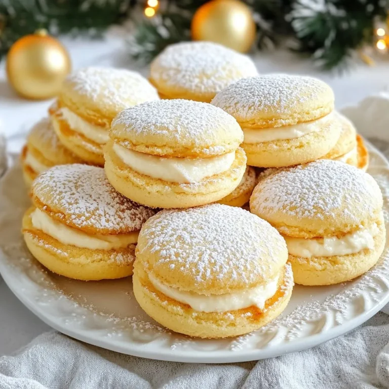 To make Eggnog Whoopie Pies, gather these main ingredients: - 2 cups all-purpose flour - 1 teaspoon baking powder - 1/2 teaspoon baking soda - 1/2 teaspoon ground nutmeg - 1/2 teaspoon ground cinnamon - 1/4 teaspoon salt - 1/2 cup unsalted butter, softened - 1 cup packed brown sugar - 1 large egg - 1 cup eggnog - 1 teaspoon vanilla extract These ingredients form the base of your whoopie pies. The flour gives structure, while the butter and sugar create a tender, sweet cookie. For the creamy filling, you will need: - 1/2 cup unsalted butter, softened - 1 cup powdered sugar - 1 teaspoon vanilla extract - 1/4 teaspoon ground nutmeg - 1/4 cup eggnog This filling adds a rich, sweet layer to your pies. The eggnog in the filling ties in the flavors from the cookie. Spices play a big role in the flavor of these whoopie pies. You will use: - Ground nutmeg - Ground cinnamon These spices give the pies their warm and cozy holiday taste. Nutmeg brings a nutty flavor, while cinnamon adds a sweet warmth. Together, they make each bite feel festive. {{ingredient_image_2}} First, preheat your oven to 350°F (175°C). This helps the cookies bake evenly. While the oven heats, line two baking sheets with parchment paper. This step prevents sticking and makes cleanup easy. In a medium bowl, whisk together these dry ingredients: - 2 cups all-purpose flour - 1 teaspoon baking powder - 1/2 teaspoon baking soda - 1/2 teaspoon ground nutmeg - 1/2 teaspoon ground cinnamon - 1/4 teaspoon salt Mix these well until they are fully combined. Set this mixture aside for later. In a large mixing bowl, cream together: - 1/2 cup unsalted butter, softened - 1 cup packed brown sugar Use an electric mixer on medium speed. Mix until the mixture looks light and fluffy. This should take about 3-4 minutes. Next, add one large egg and mix until combined. Then, pour in: - 1 cup eggnog - 1 teaspoon vanilla extract Stir gently until everything is mixed. It’s okay if a few lumps remain. Using a cookie scoop or a tablespoon, drop the batter onto your baking sheets. Space them about 2 inches apart to allow room for spreading. Bake in the oven for 10-12 minutes. The cookies should have set edges and spring back when touched. After baking, let the cookies cool for about 5 minutes on the sheets. Then, transfer them to wire racks to cool completely. While they cool, prepare the filling. In a bowl, mix together: - 1/2 cup unsalted butter, softened - 1 cup powdered sugar - 1 teaspoon vanilla extract - 1/4 teaspoon ground nutmeg - 1/4 cup eggnog Beat on medium speed until the filling is smooth and creamy, about 2-3 minutes. Once your cookies are cool, take one cookie and spread or pipe the filling onto its flat side. Place another cookie on top to create a sandwich. Repeat this process with the rest of the cookies. Now you have delicious Eggnog Whoopie Pies ready to enjoy! To get the best texture for your Eggnog Whoopie Pies, follow these tips: - Use Room Temperature Ingredients: Start with room temperature butter, egg, and eggnog. This helps everything mix well and rise nicely. - Don’t Overmix: When you combine the wet and dry ingredients, mix gently. Overmixing makes cookies tough instead of soft. - Check the Bake: Bake until the edges are set but the tops are still soft. This keeps them chewy. If you need to swap some ingredients, here are my top suggestions: - Butter: Use margarine if you're out of butter. It works well too. - Eggnog: For a non-dairy version, try oat milk or almond milk with a pinch of nutmeg and cinnamon. - Brown Sugar: You can use white sugar, but it may change the flavor slightly. Baking can be tricky, but these tips help you avoid mishaps: - Measure Flour Correctly: Use a spoon to fill your measuring cup, then level it off. This prevents too much flour in the mix. - Watch the Oven Temperature: Ovens can vary. Use an oven thermometer to ensure it’s accurate. - Cool Cookies Properly: Let cookies cool on the baking sheet first. This helps them firm up before moving. Pro Tips Use Chilled Eggnog: For a creamier filling, use chilled eggnog when preparing the filling. It helps maintain the right consistency and adds a refreshing taste. Don’t Overmix: When combining the wet and dry ingredients, mix gently until just combined. Overmixing can lead to tough whoopie pies. Cooling is Key: Allow cookies to cool completely before adding the filling. This prevents the filling from melting and ensures a perfect sandwich. Experiment with Spices: Feel free to adjust the spices in the cookie batter or filling to suit your taste. A dash of cloves or allspice can add a delightful twist! {{image_4}} You can change the filling for your Eggnog Whoopie Pies. Instead of the classic nutmeg and vanilla filling, try adding cream cheese. This gives a tangy taste that pairs well with the sweet cookies. You can also mix in some orange zest for a fresh twist. Chocolate lovers may enjoy a chocolate ganache filling. Simply melt chocolate and mix it with cream for a rich contrast. For a gluten-free version, swap the all-purpose flour with a gluten-free blend. Ensure it contains xanthan gum for better texture. The rest of the recipe stays the same. This way, everyone can enjoy these festive treats. Always check labels to make sure your ingredients are gluten-free. You can add seasonal spices to the batter for a unique flavor. Try adding ginger or cloves to enhance the holiday spirit. Dried fruits like cranberries or raisins can add a nice chewiness. For an extra treat, fold in mini chocolate chips. They melt slightly, creating gooey pockets of chocolate in every bite. These variations keep your Eggnog Whoopie Pies exciting and delicious! Store your leftover whoopie pies in an airtight container. This keeps them fresh and moist. Place parchment paper between the pies to prevent sticking. They can last for about three days at room temperature. For long-term storage, freeze your whoopie pies. First, let them cool completely. Then, wrap each pie in plastic wrap. Place the wrapped pies in a freezer-safe bag. They can stay fresh for up to three months in the freezer. When ready to eat, thaw them in the fridge overnight. To keep your whoopie pies fresh, avoid exposing them to air. Store them in a cool, dry place away from sunlight. If you want to keep them longer, freeze them as mentioned. Always check for any signs of spoilage before enjoying your treats. You cannot use regular milk instead of eggnog. Eggnog adds a rich flavor and creaminess. It also has spices that give whoopie pies their unique taste. For best results, stick with eggnog. Eggnog Whoopie Pies last about five days. Store them in an airtight container at room temperature. If you keep them in the fridge, they may last a bit longer. However, they taste best fresh. Yes, you can make the batter ahead of time. Store it in the fridge for up to two days. Just remember to let it sit at room temperature before you bake. This helps the batter spread nicely. You can use half-and-half mixed with vanilla extract and spices as a substitute. Combine one cup of half-and-half with a teaspoon of vanilla and a pinch of nutmeg. This mix will mimic eggnog's flavors well. Yes, Eggnog Whoopie Pies freeze well. Wrap them individually in plastic wrap. Then place them in a freezer-safe bag. They can last up to three months in the freezer. Just thaw before serving for the best taste. Eggnog whoopie pies are a fun treat for any celebration. This guide covered key ingredients, step-by-step instructions, and helpful tips. You learned how to create the perfect cookie texture and explore delicious variations. Remember, with the right spices and a little creativity, you can make these pies your own. Don’t forget to store any leftovers properly. I encourage you to try all the tips shared here. Enjoy baking your delicious eggnog whoopie pies!