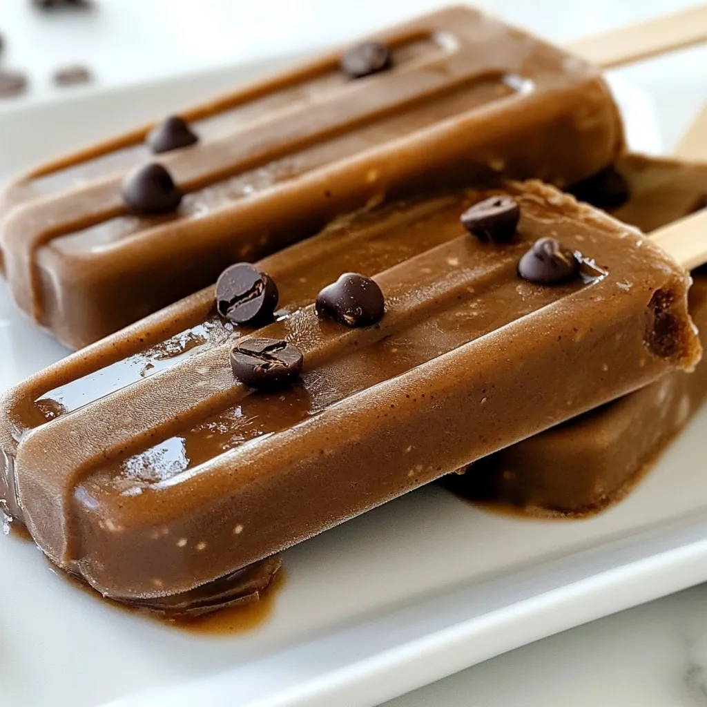 - 2 cups cold brew coffee - 1/2 cup unsweetened cocoa powder - 1/2 cup milk (dairy or non-dairy) - 1/4 cup maple syrup or sweetened condensed milk - 1 teaspoon vanilla extract - 1/4 teaspoon sea salt - Optional: chocolate chips or crushed espresso beans for garnish To make Mocha Cold Brew Popsicles, you need a few simple ingredients. First, grab 2 cups of cold brew coffee. This coffee gives a rich flavor and a nice caffeine kick. Next, you need 1/2 cup of unsweetened cocoa powder. This adds that deep chocolate taste we all love. You will also need 1/2 cup of milk. You can use regular dairy milk or a non-dairy option like almond or oat milk. For sweetness, get 1/4 cup of maple syrup or sweetened condensed milk. Both choices work well, so pick your favorite! Don't forget the vanilla extract! Just 1 teaspoon adds warmth to the popsicles. A pinch of sea salt, about 1/4 teaspoon, balances the sweetness. Finally, for a fun touch, you can add optional garnishes. Sprinkle some chocolate chips or crushed espresso beans into the molds. These will make your popsicles even more delightful. Gather these ingredients, and you're ready to create a refreshing summer treat! {{ingredient_image_2}} Start by mixing two cups of cold brew coffee with half a cup of unsweetened cocoa powder in a medium bowl. Whisk them together until smooth. You want to avoid any lumps. Next, add in half a cup of milk, which can be dairy or non-dairy. Then, pour in a quarter cup of maple syrup or sweetened condensed milk, one teaspoon of vanilla extract, and a pinch of sea salt. Keep whisking until the mixture is well-blended. Now, taste it! If you want it sweeter, add more maple syrup until it tastes just right for you. Carefully pour your mocha mixture into the popsicle molds. Leave a little space at the top of each mold. This gap allows the mixture to expand as it freezes. To make it special, sprinkle some chocolate chips or crushed espresso beans into each mold for added flavor and crunch. Put the molds in the freezer and let them freeze for at least six hours. They should be frozen solid. When you are ready to enjoy them, run warm water over the outside of the molds for a few seconds. This helps release the popsicles easily. If they still stick, twist the molds gently. Enjoy your tasty mocha cold brew popsicles! - Experimenting with sweetness: Start with the recipe’s amount of maple syrup. Taste it after mixing. If you want it sweeter, add more syrup slowly. Remember, you can always add more, but you can’t take it out once mixed! - Choosing the right milk alternative: Try different milk types. Almond milk adds a nutty flavor. Oat milk gives it creaminess. Coconut milk adds a tropical twist. Pick what you love or what you have on hand. - Best practices for freezing: Freeze your popsicles for at least six hours. This ensures they set well. If they aren’t solid, they will be mushy when you try to eat them. - Storing leftover popsicles: Wrap leftover popsicles in plastic wrap or place them in a freezer bag. This helps prevent freezer burn. Label the bag with the date to keep track of freshness. - Presentation ideas: Serve the popsicles on a bright plate. For a fun touch, add a dollop of whipped cream on top. Dust a little cocoa powder over it for flair. - Pairing with toppings: Try adding chocolate chips or crushed espresso beans on top. These add crunch and flavor. You can also drizzle some chocolate sauce over the popsicles for extra sweetness. Pro Tips Use Quality Coffee: The flavor of your popsicles greatly depends on the quality of the cold brew coffee you use. Opt for a freshly brewed or high-quality store-bought cold brew for the best taste. Experiment with Sweeteners: Feel free to experiment with different types of sweeteners such as honey or agave syrup to find the perfect balance of sweetness that you enjoy. Add Creaminess: For a creamier texture, consider using full-fat coconut milk or adding a bit of heavy cream to your mixture. Garnish with Flair: Enhance the presentation by adding a sprinkle of cocoa powder or a drizzle of chocolate sauce on top when serving your popsicles. {{image_4}} You can make your mocha cold brew popsicles even better. Try adding extracts like almond or hazelnut for a new twist. A splash of either gives a rich flavor. You can also swap cocoa powder for chocolate syrup. This change adds sweetness and a creamy texture. The popsicles will taste more like dessert! If you want a vegan or lactose-free version, choose non-dairy milk. Almond, oat, or coconut milk works great. For sweeteners, use maple syrup or agave nectar. They keep the taste while cutting calories. You can also try sugar substitutes like stevia or monk fruit. These options help you enjoy the treat without guilt. Add fresh fruit or spices to change up the flavor. Try mixing in strawberries or a pinch of cinnamon. This makes the popsicles refreshing and fun. You can also create a mocha frappuccino popsicle. Blend in some ice for a slushy texture. This version is a perfect summer treat! - Calories per serving: Each popsicle has about 100 calories. - Macronutrient values: - Carbohydrates: 15 grams - Protein: 2 grams - Fat: 3 grams - Benefits of cold brew coffee: Cold brew coffee has less acidity. This makes it easier on your stomach. It also gives you a smooth flavor and a nice caffeine boost. - Nutritional advantages of cocoa and maple syrup: Cocoa is rich in antioxidants. It can improve heart health and mood. Maple syrup provides natural sweetness and has minerals like manganese and zinc. This makes it a better choice than regular sugar. Mocha cold brew popsicles stay fresh in the freezer for up to two months. Store them in an airtight container to keep them safe from freezer burn. This way, you can always have a cool treat ready for hot days. Yes, you can! If you want a coffee-free version, use strong chocolate milk or a chocolate-flavored drink. This will give you a rich taste without the caffeine. You can also try a fruit juice blend for a fruity treat. You can find pre-made mocha cold brew popsicles at specialty grocery stores or online. Look for brands that focus on quality ingredients. Check the frozen aisle, as they often have fun flavors. This is a great option if you want a quick treat without making them at home. Absolutely! You can reuse your popsicle molds for different flavors. Just wash them well with soap and warm water. After drying them, they are ready for your next fun popsicle creation. Mixing flavors can lead to exciting new treats! To remove your popsicles, run warm water over the outside of the molds for a few seconds. This helps loosen them up. You can also gently twist the molds to help release the popsicles. If they still stick, give them a few more moments in warm water. Enjoy your popsicles! This blog post covered how to make delicious mocha cold brew popsicles. We went through the ingredients, step-by-step instructions, tips, variations, and nutritional benefits. Making these popsicles is easy and fun. You can customize flavors and make them fit your diet. Enjoy trying new mixes and flavors. Share these treats with friends during warm days. You’ll love the rich taste and refreshing coolness. Enjoy your mocha popsicles!