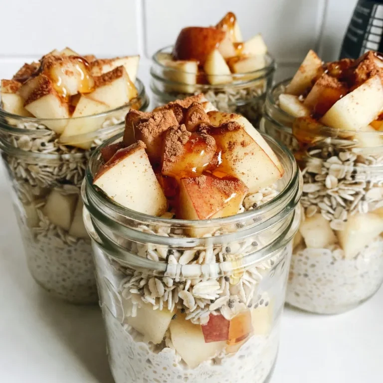 To make Apple Cinnamon Overnight Oats, gather these simple items: - 1 cup rolled oats - 1 ½ cups unsweetened almond milk (or your preferred milk) - 1 medium apple, peeled and diced into bite-sized pieces - 1 tablespoon chia seeds - 1 tablespoon maple syrup (adjust for sweetness) - 1 teaspoon ground cinnamon - ½ teaspoon vanilla extract - A pinch of salt You can customize your oats with these tasty options: - Chopped walnuts - Plump raisins - Toasted coconut flakes These add-ins can boost flavor and texture. Try mixing and matching to find your favorite combo! Each serving of these overnight oats is packed with nutrients. Here’s what you get: - Calories: Approximately 300 - Protein: 8g - Fat: 8g - Carbohydrates: 50g - Fiber: 8g - Sugar: 10g Using almond milk and fresh fruit makes this meal healthy and balanced. Enjoy the tasty goodness while fueling your body! {{ingredient_image_2}} To make apple cinnamon overnight oats, you need just a few steps. Gather your ingredients and bowls. You will mix the dry and wet ingredients separately. Then, combine them and refrigerate overnight. 1. Start by taking a medium bowl. Add 1 cup of rolled oats, 1 tablespoon of chia seeds, 1 teaspoon of ground cinnamon, and a pinch of salt. Mix these dry ingredients well. 2. In another bowl or jar, whisk together 1 ½ cups of almond milk, 1 tablespoon of maple syrup, and ½ teaspoon of vanilla extract. Blend until smooth. 3. Pour the almond milk mix over the dry ingredients. Stir gently until all the oats are moistened. 4. Next, fold in 1 medium apple, diced into small pieces. Save some apple for topping later. 5. Divide the mixture into jars or bowls. Seal them tightly to keep moisture in. Put the jars in the fridge. Let them sit overnight or for at least 4 hours. This helps the oats soak up the milk and soften. In the morning, stir the oats. If you like them creamier, add a splash of almond milk. Before you serve, top with the reserved apple pieces and your choice of nuts or coconut. For a pretty touch, drizzle extra maple syrup on top. Enjoy your delicious breakfast! To get that creamy, smooth texture in your overnight oats, use rolled oats. They soak up the liquid well, making them soft without getting mushy. Mix your dry ingredients first. This helps the oats and chia seeds blend evenly. When you add the liquid, stir gently to coat everything. If you want it creamier after soaking, just add a splash of milk in the morning. This little tip makes a big difference! Sweetness can vary by taste. Start with one tablespoon of maple syrup. If you like it sweeter, add more. You can also use honey or agave syrup for a different flavor. To boost the flavor, try adding a pinch of nutmeg or a dash of vanilla extract. You can even mix in some chopped nuts or dried fruit for extra taste. Experiment until you find your perfect balance of flavors! Presentation gives your dish that extra flair! Use clear jars or bowls to show off those lovely layers. Before serving, sprinkle some extra cinnamon on top. You can also drizzle a bit of maple syrup for shine. For added crunch and flavor, top with walnuts, raisins, or toasted coconut flakes. This makes your oats not only tasty but pretty to look at too! Pro Tips Storage Tip: Prepare the overnight oats in individual jars for easy grab-and-go breakfasts throughout the week. Sweetness Adjustment: Adjust the maple syrup according to your taste, or try substituting with honey or agave nectar for a different flavor profile. Chia Seed Benefits: Chia seeds are not only nutritious but also enhance the creaminess of the oats. Feel free to add a bit more for extra fiber! Flavor Variations: Experiment with different fruits like pears or berries, and add nutmeg for an extra layer of warmth in flavor. {{image_4}} To make your apple cinnamon overnight oats gluten-free, choose certified gluten-free oats. Most rolled oats are naturally gluten-free, but check the package to be sure. For dairy-free options, almond milk works well, but you can also use coconut milk or oat milk. These choices add different flavors and textures. Both are great for those who want to avoid dairy. You can add nuts or seeds for extra crunch. Chopped walnuts or almonds pair nicely with apples. Try adding a handful of raisins or dried cranberries for a sweet touch. You can even swap the apple for other fruits like bananas or berries. Each fruit gives a unique taste and twist to your oats. Spice it up by adding nutmeg or pumpkin spice for a fall flavor. Different diets can guide your milk choice. If you're vegan, stick with almond milk, soy milk, or oat milk. Lactose-free milk is great for those who can't have regular dairy. If you're not worried about dairy, whole milk adds creaminess. Each milk type affects the flavor and texture, so choose what suits you best! To keep your apple cinnamon overnight oats fresh, store them in airtight jars. Glass or plastic containers work well. Make sure they are tightly sealed to prevent air from getting in. This helps keep the oats creamy and flavorful. If you plan to add toppings, store them separately until you’re ready to eat. This keeps them crunchy. Your overnight oats can last up to five days in the fridge. After that, the oats may get too soft. If you see any signs of spoilage, like a funny smell or color change, throw them away. Always trust your senses when it comes to food safety. You can freeze your overnight oats for up to three months. To freeze, use freezer-safe jars. Leave some space at the top, as the oats will expand as they freeze. When you’re ready to eat them, move them to the fridge for a few hours or overnight to thaw. Enjoy them cold or warm them up in the microwave for a cozy breakfast. Yes, you can skip chia seeds. They add fiber and texture but are not a must. If you omit them, consider adding a bit more oats. This keeps the ratio right. You can also try adding yogurt or a banana for creaminess instead. This recipe is mostly vegan already. Use almond milk or any plant-based milk. Maple syrup is a great sweetener too. Just check labels to ensure no honey is used. This way, your overnight oats remain fully vegan and delicious. You have many options for toppings! Here are some tasty ideas: - Chopped walnuts - Plump raisins - Toasted coconut flakes - Fresh banana slices - A drizzle of nut butter - A sprinkle of hemp seeds Feel free to mix and match. These toppings will add taste and texture! Apple cinnamon overnight oats offer a tasty, healthy start to your day. We covered key ingredients, like oats, apples, and optional toppings for variety. You learned simple steps to prepare and store them, plus tips for the best texture and flavor. Remember, variations exist for diets too, like gluten-free or vegan. Store them well for freshness. Enjoying a wholesome breakfast doesn't need to be hard. Try these oats, and you’ll feel great about starting your morning right.
