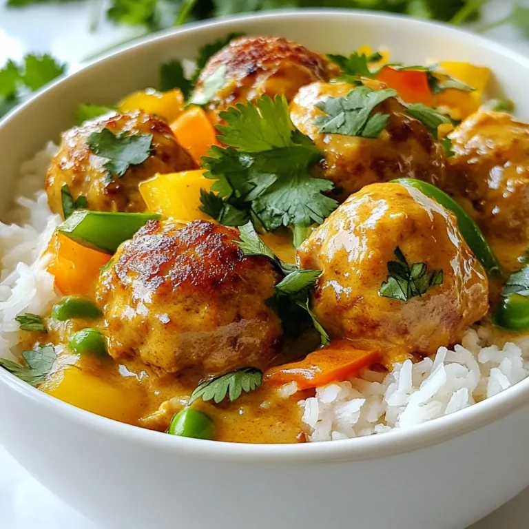 To make Thai coconut curry meatballs, you need a few key items. Gather these main ingredients: - 1 lb ground chicken or turkey - 1/2 cup breadcrumbs - 1/4 cup fresh cilantro, finely chopped - 1 tablespoon ginger, freshly grated - 2 cloves garlic, minced - 1 teaspoon red curry paste - 1 teaspoon fish sauce - 1/2 teaspoon salt - 1/4 teaspoon black pepper - 1 can (14 oz) coconut milk - 1 cup vegetable broth - 1 tablespoon fresh lime juice - 2 cups mixed vegetables (like bell peppers, zucchini, and snap peas) - 1 tablespoon vegetable oil - Cooked jasmine rice, for serving - Extra cilantro, for garnish These ingredients create a rich and flavorful dish that is sure to impress. Fresh herbs and seasonings add depth to your dish. The cilantro gives a fresh taste. Use it in the meatballs and as a garnish. Ginger and garlic add warmth and flavor. The red curry paste brings a spicy kick, while fish sauce adds umami. These elements balance well with the creamy coconut milk. Pair your Thai coconut curry meatballs with sides that enhance the meal. Jasmine rice is a classic choice. It soaks up the delicious sauce. You can also serve a simple salad with lime vinaigrette for crunch. Steamed vegetables or a fruit salad work great too. These sides keep the meal fresh and light. {{ingredient_image_2}} In a large bowl, combine the main meatball ingredients. Use 1 pound of ground chicken or turkey. Add 1/2 cup of breadcrumbs for texture. Toss in 1/4 cup of fresh, finely chopped cilantro. Grate 1 tablespoon of ginger and mince 2 cloves of garlic. Add 1 teaspoon of red curry paste, 1 teaspoon of fish sauce, 1/2 teaspoon of salt, and 1/4 teaspoon of black pepper. Mix everything well. Your hands work best for this! Next, form the mixture into small meatballs. Aim for about 1 inch in diameter. Set them aside on a plate. Heat 1 tablespoon of vegetable oil in a large skillet over medium heat. Once the oil shimmers, carefully add the meatballs. Sear them for about 5 to 6 minutes. Turn them occasionally so they brown evenly. If your skillet is small, cook them in batches. When they are golden brown, place them on a plate. In the same skillet, pour in 1 can (14 oz) of coconut milk and 1 cup of vegetable broth. Stir well and bring the mix to a gentle simmer. Add 2 cups of mixed vegetables like bell peppers and zucchini. Stir gently and cook for about 3 to 4 minutes. The veggies should soften but still look bright. Next, return the browned meatballs to the skillet. Nestle them into the sauce. Cover the skillet and let it simmer for 10 to 15 minutes. This lets the meatballs cook through and the sauce thicken. Before serving, stir in 1 tablespoon of fresh lime juice for brightness. Serve your meatballs over jasmine rice and top with extra cilantro for a fresh touch. To get great meatballs, mix the ground meat and breadcrumbs well. Use your hands to ensure they blend together. This helps to create a soft but firm texture. Make sure not to overwork the mix. Form the meatballs gently into 1-inch rounds. This size cooks evenly in the sauce. You can boost the flavor with fresh herbs. Adding more cilantro gives a bright taste. A dash of lime juice at the end also brightens everything. If you like heat, add more red curry paste. Taste your sauce as you cook. Adjust the seasoning to match your preference. Use a large skillet for this recipe. A heavy-bottomed pan helps distribute heat evenly. A slotted spoon is handy for moving meatballs. This keeps the sauce in the pan. Have a good knife for chopping veggies. A cutting board is also essential for prep. Pro Tips Use Fresh Ingredients: Fresh herbs and vegetables will enhance the flavor of your curry meatballs, making them more aromatic and vibrant. Adjust Spice Level: If you prefer a spicier dish, add more red curry paste or a dash of chili flakes to the meat mixture or sauce. Perfectly Cooked Meatballs: Make sure to brown the meatballs on all sides before simmering them in the sauce to lock in moisture and flavor. Serving Suggestions: For a complete meal, serve with steamed jasmine rice and a side of pickled vegetables for added crunch and acidity. {{image_4}} You can swap the ground chicken or turkey for other proteins. Try ground beef for a richer taste. Ground pork works well, too, providing a nice flavor. If you want to be leaner, use ground turkey breast. Each protein changes the taste, so pick one you love. For a vegetarian or vegan dish, replace the meat with plant-based options. I suggest using lentils or chickpeas. You can also try tofu or tempeh for a protein boost. Just mash or crumble them to make meatballs. Make sure to use a vegan fish sauce for flavor. You can easily change the spice level to fit your taste. If you like it mild, use less red curry paste. For more heat, add more curry paste or some chili flakes. Taste as you go, and adjust to what feels good for you. This way, everyone can enjoy the dish. To keep your Thai coconut curry meatballs fresh, store leftovers in an airtight container. Make sure to cool the dish before sealing. You can place it in the fridge for up to three days. If you want to enjoy it later, consider freezing the meatballs and sauce separately. This keeps the flavors intact. When you’re ready to eat the leftovers, reheat them gently. Use a saucepan over medium heat. Add a splash of water or broth to help the meatballs stay moist. Stir often to heat evenly. You can also use the microwave, but cover the dish to avoid drying out the meatballs. Heat them in short bursts, stirring in between. To freeze the meatballs, let them cool completely. Place them in a freezer-safe bag or container. They can last up to three months in the freezer. For the sauce, freeze it in a separate container. When you want to eat them, thaw in the fridge overnight before reheating. This way, you’ll keep that delicious coconut flavor! You can use soy sauce or tamari. They both add a salty flavor. If you want a seafood taste, try adding a bit of seaweed. This can give you a similar umami flavor without the fish sauce. Yes, frozen vegetables work well in this dish. They save time and are often just as good as fresh. Just remember to add them to the sauce a little earlier. This way, they have enough time to cook and become tender. The meatballs should have an internal temperature of 165°F. You can check this with a meat thermometer. If you don’t have one, cut one meatball in half. It should be no longer pink inside and the juices should run clear. This blog covered how to make Thai coconut curry meatballs. We looked at key ingredients, fresh herbs, and side dishes. I shared step-by-step instructions for mixing and cooking the meatballs. We discussed tips for perfect texture and flavor. I also explored variations, easy storage, and answered common questions. Making these meatballs can boost your cooking skills and impress pals. Enjoy the tasty journey!